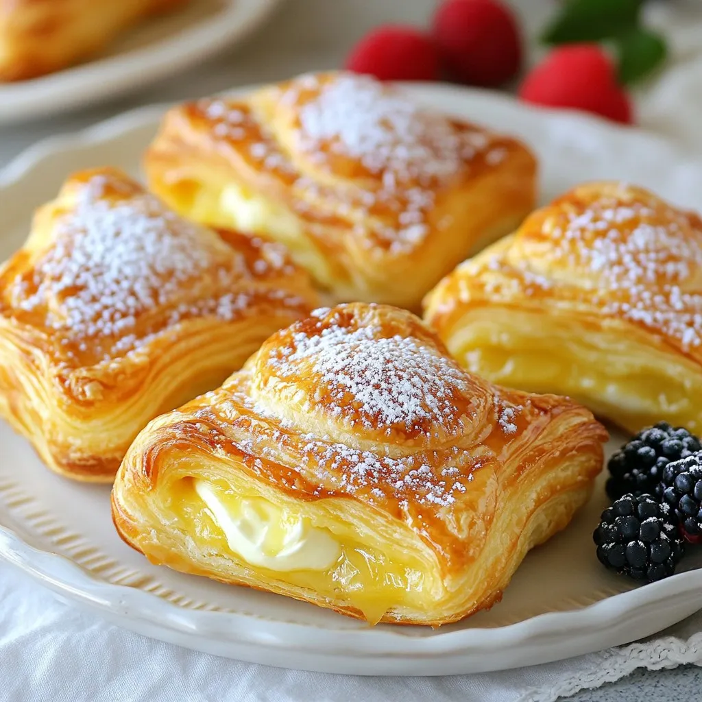 - 1 sheet of puff pastry (thawed) - 8 oz cream cheese, softened - 1/2 cup powdered sugar - 1/4 cup granulated sugar - 1 teaspoon vanilla extract - 1 egg yolk - 1 tablespoon fresh lemon juice - 1 egg (beaten, for egg wash) - Optional: assorted fresh berries (such as raspberries, blueberries, or strawberries) for garnish When making your cheese Danish, use a standard sheet of puff pastry. If you cannot find puff pastry, try using croissant dough instead. For the cream cheese, you can substitute with mascarpone for a richer flavor. If you want less sweetness, cut down on the powdered sugar. Fresh berries make great toppings. You can use raspberries, blueberries, or strawberries. You can also drizzle honey or chocolate sauce on your Danish. For a twist, add a sprinkle of cinnamon or nutmeg to the cheese filling. This will give it a warm flavor that pairs well with coffee or tea. {{ingredient_image_2}} First, preheat your oven to 400°F (200°C). This helps to get the pastry nice and crisp. Next, take your thawed puff pastry and place it on a clean, lightly floured surface. Roll it out gently to smooth out any creases. Aim for an even thickness. After that, cut the sheet into 4 equal squares. This will be the base for your cheese filling. In a mixing bowl, combine 8 oz of softened cream cheese, 1/2 cup of powdered sugar, and 1/4 cup of granulated sugar. Add 1 teaspoon of vanilla extract, 1 egg yolk, and 1 tablespoon of fresh lemon juice. Use a hand mixer or whisk to beat the mixture until it is smooth and creamy. This filling is what makes your Danish so tasty. Spoon a generous amount of the cheese filling into the center of each pastry square. Be careful not to overfill. Fold the corners of each square toward the center to create a little bundle. Pinch the corners to seal them tightly. Then, brush the tops with a beaten egg for a golden finish. Place the Danish on a parchment-lined baking sheet. Bake for 15-18 minutes until they puff up and turn golden brown. Let them cool for a few minutes before serving. You can add fresh berries on top for extra flavor and color. To get a flaky puff pastry, always keep it cold. Warm pastry won’t puff well. Thaw the pastry in the fridge, not on the counter. When you roll it out, use a light touch. This helps keep the layers intact. If you notice the dough getting warm, pop it back in the fridge for a bit. This small step makes a big difference. The cheese filling needs to be smooth and creamy. Start with softened cream cheese for the best texture. Mixing in powdered sugar helps sweeten it without lumps. Adding an egg yolk gives it richness. Use fresh lemon juice for a nice zing. Mix until it is completely smooth. If it’s too thick, add a bit of milk to thin it out. This will help it spread nicely in the pastry. A golden finish is key to a great cheese Danish. Use a beaten egg wash to brush the tops. This gives them that shiny, golden look. Make sure to cover the whole surface. Be careful not to let the egg wash drip down the sides. This can cause the pastry to stick to the baking sheet. Bake until they puff up and turn a lovely golden brown. Keep an eye on them in the last few minutes. Enjoy that beautiful finish! Pro Tips Keep Your Puff Pastry Cold: Make sure your puff pastry is well-chilled before rolling out. This helps achieve maximum flakiness when baked. Don’t Overfill: When adding the cheese mixture, be careful not to overfill the pastry squares. This prevents them from bursting open during baking. Use a Pastry Brush: Applying the egg wash with a pastry brush ensures an even coating for a beautiful golden-brown finish. Experiment with Flavors: Feel free to add a dash of almond extract or a sprinkle of cinnamon to the cheese mixture for a unique twist on the classic flavor. {{image_4}} You can add fruit to your cheese filling for a tasty twist. Berries like raspberries, blueberries, or strawberries work great. Just mash the fruit slightly before mixing it with the cheese. This gives a burst of flavor and a pretty look. You can also use fruit jams. Spread a thin layer on the puff pastry before adding the cheese mix. Peach or cherry jam adds a sweet touch. For a savory option, skip the sugar in your cheese mix. Add herbs like chives, thyme, or dill instead. You can also mix in some cooked spinach or sautéed mushrooms. This creates a delicious brunch item. Consider adding a sprinkle of cheese on top before baking. Feta or goat cheese can bring extra flavor. You can make these Danish vegan by swapping out a few ingredients. Use a plant-based cream cheese instead of dairy cream cheese. For the egg yolk, try a flaxseed egg. Mix one tablespoon of ground flaxseed with three tablespoons of water. Let it sit until it thickens. Use plant-based milk instead of regular milk in your recipe. Ensure that your puff pastry is dairy-free as well. Store your Cheese Danish in an airtight container. This keeps them fresh. Place them in the fridge if you plan to eat them in a few days. If you want to keep them longer, freezing is the best option. Avoid stacking them to prevent squishing. To freeze Cheese Danish, let them cool completely first. Wrap each Danish tightly in plastic wrap. Then, place them in a freezer bag or container. Label the bag with the date. They can stay in the freezer for up to three months. When ready to enjoy, thaw them in the fridge overnight. To reheat your Cheese Danish, preheat your oven to 350°F (175°C). Place the Danish on a baking sheet. Heat for about 10-15 minutes. This keeps the pastry flaky. You can also microwave them for about 20-30 seconds, but the texture might not be as good. Enjoy your warm, cheesy treat! Yes, you can use store-bought puff pastry. It saves time and effort. Just make sure to thaw it before use. Follow the package instructions for best results. This makes your cheese Danish easy to prepare. You still get that flaky texture and buttery taste. To make the cheese filling less sweet, cut down on the sugar. You can reduce the powdered sugar to 1/4 cup. You can also leave out the granulated sugar entirely. Adding a pinch of salt can balance the flavor. You might also try more lemon juice for a tart kick. Yes, you can prepare the Danish ahead of time. Assemble them, then place them in the fridge. Bake them just before serving for the best taste. If you want to freeze them, wrap each Danish well. You can bake them straight from the freezer; just add a few extra minutes to the baking time. This post covered how to make a cheese Danish. We explored the right ingredients, measurements, and optional toppings. I shared step-by-step instructions for preparing puff pastry, making the filling, and baking your Danish. Remember, simple tips can enhance flakiness, filling consistency, and browning. Try out variations, like fruit-infused or dairy-free options. With the right storage methods, your Danish can stay fresh longer. Enjoy baking!