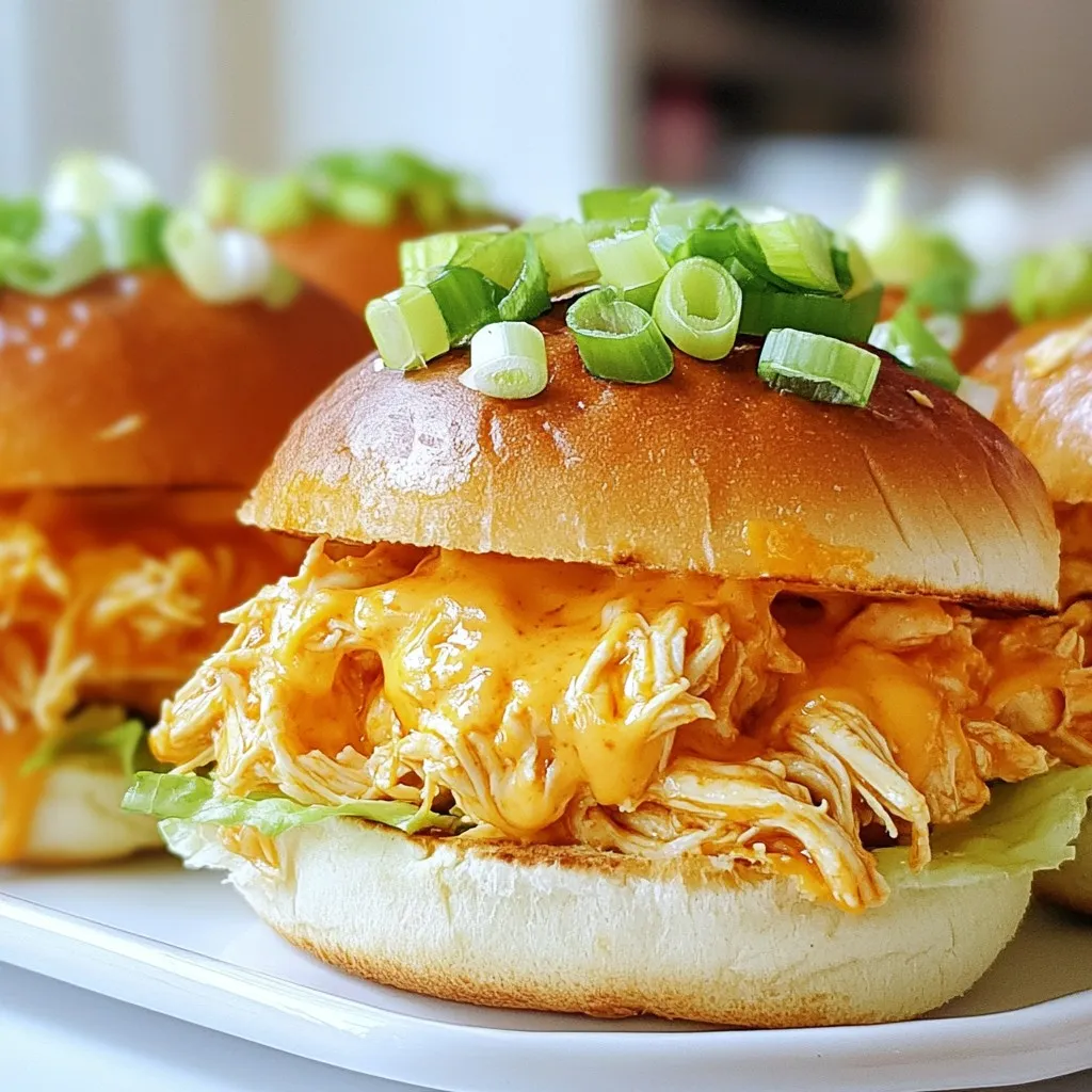 - 1 pound boneless, skinless chicken thighs - 1 cup buffalo sauce - 1/2 cup cream cheese - 1/4 cup ranch dressing - 1/2 cup shredded cheddar cheese - 1/4 cup chopped green onions - 8 slider buns - Lettuce leaves - Optional toppings: sliced jalapeños, pickles, or extra ranch dressing These ingredients create a flavor explosion. The chicken thighs ensure moist and tender bites. Buffalo sauce adds heat and tang, while cream cheese gives a rich, creamy texture. Ranch dressing balances the spice with its coolness. The cheddar cheese melts perfectly, adding a savory bite. Fresh green onions give a hint of crunch and flavor. For the sliders, use soft and fluffy buns. They hold all the tasty fillings well. The lettuce adds a fresh crunch. You can personalize your sliders with optional toppings. Sliced jalapeños boost the heat, while pickles add a tangy crunch. Extra ranch dressing serves as a perfect dip. Gather these ingredients, and you are ready to make your Saucy Buffalo Chicken Sliders a hit! {{ingredient_image_2}} For tender chicken, I turn to my slow cooker. This method works great. Place 1 pound of boneless, skinless chicken thighs in the slow cooker. Pour half of the buffalo sauce over the chicken. Make sure it's all covered well. Then, cover the cooker tightly. Cook on low heat for about 4 to 5 hours. When done, the chicken will be tender. You can shred it easily with a fork. After cooking, take the chicken out of the slow cooker. Use two forks to shred the chicken into small pieces. This helps it mix well with the sauce. Return the shredded chicken to the slow cooker. Next, add 1/2 cup of softened cream cheese and the remaining buffalo sauce. Stir gently until the cream cheese melts. This creates a creamy sauce that coats the chicken perfectly. Preheat your oven to 350°F (175°C). While the oven heats, line a baking sheet with parchment paper. Arrange the 8 slider buns on the sheet. Toast them in the oven for about 5 minutes. You want them warm and just golden, but not too crispy. Now, it's time to put the sliders together. Take a toasted slider bun and add a fresh leaf of lettuce on the bottom half. Spoon a generous amount of the buffalo chicken mixture on top of the lettuce. Let it mound a little for a nice look. Then, sprinkle shredded cheddar cheese and chopped green onions on top. This adds flavor and a nice crunch. Cap each slider with the top half of the bun. If you want extra flavor, consider adding optional toppings. Sliced jalapeños or tangy pickles work great. You can also add more ranch dressing for a creamy touch. Feel free to customize these sliders to fit your taste! To achieve tender chicken, use boneless, skinless thighs. They cook well and shred easily. Cooking them in a slow cooker makes them juicy. I recommend pouring half of the buffalo sauce over the chicken. Let it cook on low for four to five hours. This slow cooking method helps the chicken soak in flavor and become very soft. Letting the sauce blend is key. After shredding the chicken, add cream cheese and the rest of the buffalo sauce. Stir gently until everything mixes well. This step is crucial for a creamy texture. It gives the chicken a rich taste that enhances every bite. For great sides, try celery sticks and carrot sticks. They add crunch and freshness. Pair these with ranch dressing for dipping. Another option is crispy potato wedges. Their flavor matches the spicy sliders well. These sliders shine at casual gatherings or game days. They are perfect for family dinners or potlucks too. Everyone loves a good slider, and these are sure to impress. Enhance visual appeal with colorful toppings. Use chopped green onions for a fresh look. You can also add sliced jalapeños for a pop of color. These toppings add more flavor and excitement to the dish. For extra flavor, consider using pickles or more ranch dressing. These toppings bring a nice balance to the spicy chicken. They create layers of taste that make each slider irresistible. Try different combinations to find your favorite! Pro Tips Choose the Right Chicken: Opt for boneless, skinless chicken thighs for juicier sliders. They hold flavor better than chicken breasts and shred beautifully. Make Your Own Buffalo Sauce: If you have the time, try making your own buffalo sauce for a personalized touch. Combine hot sauce, melted butter, and a bit of vinegar for a fresh, tangy flavor. Customize Your Sliders: Feel free to add other toppings such as sliced avocado or crumbled blue cheese for a twist on classic flavors that will impress your guests. Prep Ahead of Time: You can prepare the buffalo chicken mixture a day in advance. Just reheat it before serving to save time on game day or any gathering. {{image_4}} To make your sliders even spicier, add fresh jalapeños. Slicing them thin will give a nice kick. You can also try using a hotter buffalo sauce. Look for sauces labeled “extra hot” or “habanero.” These options pack more heat without losing flavor. If you want to skip the chicken, try using shredded beef or pork. Both meats work well with buffalo sauce. For a vegetarian option, use jackfruit or cauliflower. Both can soak up the buffalo sauce and provide great taste. Cheese makes a big difference! Instead of cheddar, try blue cheese or pepper jack. They both add unique flavors to your sliders. You can also switch up the toppings. Consider adding avocado slices, crispy bacon, or even coleslaw. These toppings can enhance both taste and texture. To keep your Saucy Buffalo Chicken Sliders fresh, place them in an airtight container. Layer the sliders carefully to avoid squishing them. You can store the sliders in the fridge for up to three days. If you want to keep them longer, consider freezing them. Use freezer-safe bags or containers to prevent freezer burn. They can last in the freezer for up to two months. When it's time to enjoy your leftovers, reheating is key. To keep the sliders tasty, use the oven. Preheat your oven to 350°F (175°C). Place the sliders on a baking sheet and cover with foil. Heat for about 10 to 15 minutes, or until warm. This method helps keep the buns soft and the chicken moist. For an extra touch, add a splash of buffalo sauce before reheating. This little trick keeps the chicken flavorful and juicy. Avoid using the microwave if you want to keep the texture of the buns. You can use store-bought buffalo sauce for quick prep. It offers a consistent flavor and saves time. Many brands provide good quality. If you want to try something unique, make your own buffalo sauce. Just mix hot sauce with melted butter. Add a bit of garlic powder or vinegar for extra taste. This way, you can control the heat level and flavors. Yes, you can prepare these sliders ahead of time! Cook the chicken and mix it with cream cheese and buffalo sauce. Store it in the fridge for up to three days. When you’re ready, just warm it up. You can also toast the slider buns ahead of time. This will save you time on busy days. To make these sliders less spicy, you can adjust the buffalo sauce. Use a mild buffalo sauce or mix it with ranch dressing. This will still give you flavor without too much heat. You can also add more cream cheese. It will cool down the spice and add creaminess. Yes, Saucy Buffalo Chicken Sliders can be made gluten-free! Use gluten-free slider buns or lettuce leaves as a wrap. Check the buffalo sauce and ranch dressing labels too. Many brands offer gluten-free options. This way, everyone can enjoy these tasty sliders! These Saucy Buffalo Chicken Sliders are simple and fun to make. We covered the key ingredients, cooking methods, and assembly techniques for tasty sliders. You now know how to store and reheat leftovers too. The options for customization keep this dish exciting and fresh. Whether you prefer extra spice or a vegetarian version, you can make it your own. Enjoy creating these sliders for your next gathering, and impress everyone with your skills!