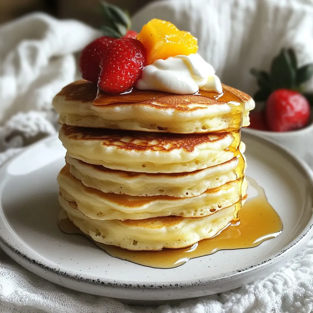 - 1 cup all-purpose flour - 1 tablespoon baking powder - 1/2 teaspoon baking soda - 1/4 teaspoon salt - 1 cup creamy Greek yogurt - 2 large eggs - 1/4 cup milk (dairy or plant-based) - 2 tablespoons honey or maple syrup - 1 teaspoon vanilla extract - Butter or cooking oil (for greasing) Fluffy Greek yogurt pancakes need simple ingredients. Each one plays a key role in the taste and texture. All-purpose flour gives the pancakes structure. It helps them hold together. Baking powder and baking soda work together. They create air bubbles that make the pancakes fluffy. Salt enhances the flavor, making each bite more delicious. Greek yogurt is the star. It adds creaminess and moisture. This ingredient also boosts protein. It helps keep you full longer. Large eggs bind everything together. They add richness, too. Milk, whether dairy or plant-based, makes the batter smooth. It adjusts the consistency. The honey or maple syrup adds sweetness. This gives your pancakes a lovely taste. Finally, vanilla extract elevates the flavor. It adds warmth and depth. Don't forget the butter or cooking oil! You will need this for greasing the skillet. This step ensures the pancakes cook nicely without sticking. Now that you have all your ingredients, you are ready to make these tasty treats! {{ingredient_image_2}} In a big bowl, combine the following dry ingredients: - 1 cup all-purpose flour - 1 tablespoon baking powder - 1/2 teaspoon baking soda - 1/4 teaspoon salt Use a whisk to mix them well. This helps to add air for fluffiness. In a separate bowl, add the creamy Greek yogurt. Then, whisk in: - 2 large eggs - 1/4 cup milk (you can use plant-based milk if you want) - 2 tablespoons honey or maple syrup - 1 teaspoon vanilla extract Mix until it is smooth and creamy. Make sure there are no lumps. Gently pour the wet mixture into the bowl of dry ingredients. Use a spatula to fold them together. Be careful not to overmix! You want some lumps to keep the pancakes fluffy. Heat a skillet over medium heat. Once hot, add a little butter or cooking oil to coat the pan. Ladle about 1/4 cup of batter for each pancake onto the skillet. Cook for 2-3 minutes until small bubbles appear on the surface. Use a spatula to flip the pancakes. Cook for another 1-2 minutes until golden brown. Once cooked, place the pancakes on a plate with a kitchen towel to keep warm. Repeat with the rest of the batter, greasing the skillet as needed. Enjoy your fluffy pancakes warm! To make fluffy pancakes, keep some lumps in the batter. Lumps help create air pockets. These air pockets make the pancakes rise when cooking. If you overmix, you lose that fluffiness. Mix just enough until the dry and wet ingredients blend. Remember, a few lumps are okay! The right skillet temperature is key for perfect pancakes. Heat your skillet over medium heat. Test if it’s ready by splashing a few drops of water on it. If the water dances and evaporates, your skillet is hot enough. If it sizzles too much or burns, lower the heat. Cooking at the right temperature ensures golden-brown pancakes. Serve your pancakes with fun toppings. Fresh fruits like berries or bananas add color and flavor. A dollop of extra Greek yogurt gives a creamy touch. Drizzling honey or maple syrup adds sweetness. You can also sprinkle nuts for a crunchy bite. Get creative and mix your favorite toppings! Pro Tips Use Room Temperature Ingredients: Ensure your eggs and yogurt are at room temperature before mixing. This helps create a smoother batter and results in fluffier pancakes. Don't Overmix: When combining wet and dry ingredients, mix until just combined. A few lumps in the batter are okay and contribute to the pancakes' fluffiness. Preheat the Skillet: Make sure your skillet is properly preheated before adding the batter. This helps achieve that perfect golden-brown crust. Experiment with Add-ins: Feel free to add your favorite ingredients like blueberries, chocolate chips, or nuts to the batter for extra flavor and texture. {{image_4}} For a dairy-free twist, use plant-based yogurt. Almond, coconut, or soy yogurt works great. They add creaminess without dairy. Replace regular milk with almond or oat milk. This keeps your pancakes light and fluffy while being dairy-free. You can add fun flavors to your pancakes. Try adding vanilla or cinnamon to the batter. For fruity flavors, mash in bananas or blueberries. This makes your pancakes even more tasty and colorful. You can also mix in chocolate chips for a sweet treat. If you need gluten-free pancakes, swap all-purpose flour with a gluten-free blend. Rice flour, almond flour, or oat flour are good choices. Just make sure the flour is finely ground. This keeps the pancakes from being gritty. Adjust the liquid slightly to get the right batter consistency. To keep your pancakes fresh, store any leftovers in an airtight container. You can place parchment paper between each pancake to avoid sticking. Refrigerate them if you plan to eat them within a few days. For longer storage, freeze the pancakes. Just stack them with parchment paper and place them in a freezer-safe bag. This helps keep them tasty for later. For the best texture, reheat pancakes in the microwave or on the stovetop. If using a microwave, heat them for about 20-30 seconds. Check if they are warm enough. On the stovetop, place the pancakes in a hot skillet for about one minute on each side. This method keeps them fluffy and delicious. In the fridge, your pancakes will last for about 3-4 days. If you freeze them, they can stay good for up to 2 months. Just make sure to label your containers with the date. This way, you can enjoy your fluffy Greek yogurt pancakes anytime you crave a tasty treat! Yes, you can use low-fat Greek yogurt. It will change the texture a bit. The pancakes may be less rich and creamy. They may not rise as much, resulting in a denser pancake. However, they can still taste great! Just make sure to mix well to keep the batter smooth. You can make pancakes without eggs! Try using 1/4 cup of applesauce instead of each egg. Another option is to use 1/4 cup of mashed banana. You can also mix 1 tablespoon of ground flaxseed with 2.5 tablespoons of water. Let it sit for a few minutes to thicken. These substitutes will help bind the ingredients and keep your pancakes fluffy. If you want to skip honey, try maple syrup as a sweetener. You can also use agave syrup or brown sugar. For a sugar-free option, consider using stevia or erythritol. These alternatives will keep your pancakes sweet without changing the flavor too much. You learned how to make tasty pancakes using simple ingredients. We discussed mixing wet and dry parts, cooking tips, and ways to store. Add fun flavors or try dairy-free options for variety. These pancakes can fit anyone's needs. Enjoy making them your way! Follow these steps, and you’ll have a great breakfast. Happy cooking!