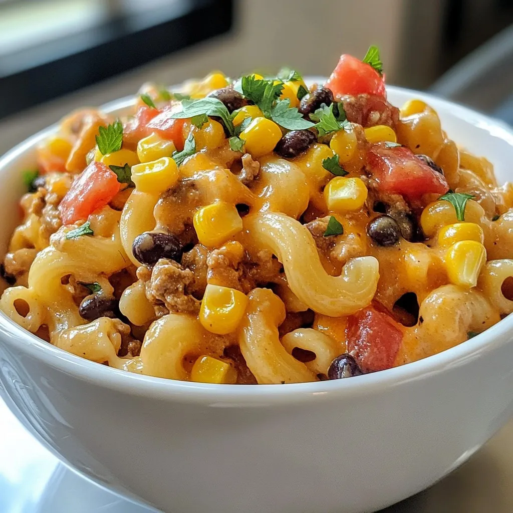 To make Cheesy Taco Pasta, you need some simple ingredients. Here’s what you’ll need: - 8 oz elbow macaroni - 1 lb ground beef or turkey - Taco seasoning (1 oz packet) - 1 can (15 oz) diced tomatoes with green chilies - 1 cup beef or chicken broth - 1 cup shredded cheddar cheese - 1 cup shredded mozzarella cheese - 1 cup corn (canned or frozen) - 1/2 cup black beans, rinsed and drained - 1 tablespoon olive oil - Salt and pepper to taste - Fresh cilantro or green onions for garnish Each ingredient plays a key role in creating this dish. The macaroni gives the meal its heartiness. Ground beef or turkey adds protein and flavor. Taco seasoning brings that classic taco taste. Diced tomatoes with green chilies add spice and moisture. Broth gives a rich base for the sauce. Cheese makes everything creamy and delicious. Corn and black beans add texture and color. Olive oil helps cook the meat. Lastly, salt and pepper enhance all the flavors. When you gather these ingredients, you set yourself up for a fun and tasty meal. Enjoy the cooking process! {{ingredient_image_2}} - Bring salted water to boil. - Cook elbow macaroni until al dente. Start by filling a large pot with water and adding a generous amount of salt. The salt enhances the pasta's flavor. Once the water boils, add the elbow macaroni. Follow the package instructions, usually about 8-10 minutes. You want the pasta to be firm but not hard. Drain the pasta in a colander and save a small cup of the pasta water. This water helps adjust the sauce later if needed. - Heat olive oil in the pot. - Brown ground beef or turkey. Next, keep the pot you used for the pasta on the heat. Add a tablespoon of olive oil and let it heat up. Once hot, add the ground beef or turkey. Use a spoon to break the meat apart. Cook until it turns brown, which takes about 5-7 minutes. Add a pinch of salt and pepper to enhance the flavor. - Incorporate taco seasoning and tomatoes. - Add broth, corn, and black beans. After the meat is browned, it's time to add the fun flavors. Stir in the taco seasoning to coat the meat well. Then, add the can of diced tomatoes with their juices. Pour in the beef or chicken broth, along with the corn and black beans. Mix everything together. Bring the mixture to a gentle simmer. Let it cook for about 5 minutes to let the flavors blend. - Fold in cooked macaroni. - Adjust consistency with reserved pasta water. Now, it’s time to bring everything together. Carefully fold in the cooked macaroni. Make sure every piece of pasta is coated with the tasty mixture. If it looks too dry, add a splash of the reserved pasta water. This will help create a nice, creamy sauce. - Gradually mix in shredded cheeses. - Stir until melted and creamy. Lower the heat to low. Start adding the shredded cheddar and mozzarella cheese bit by bit. Stir continuously until the cheese melts and becomes creamy. This step is where the magic happens, transforming your dish into cheesy taco goodness. - Garnish with cilantro or green onions. - Present in bowls with additional cheese. Once everything is mixed and creamy, remove the pot from the heat. Let it cool for about 5 minutes. This helps the flavors settle. When serving, garnish with fresh cilantro or sliced green onions. For an extra treat, sprinkle more cheese on top. Serve in bowls and enjoy this delightful meal! For the best cheesy taco pasta, remember to adjust the cooking time for the pasta. You want it to be al dente, which means it should have a slight bite. This gives the dish a nice texture. Also, save some of the pasta water before draining. If your sauce is too thick, that water can help loosen it up. To boost the flavor, consider adding jalapeños for some heat. This simple step creates a nice kick in every bite. You can also mix in bell peppers or onions. These veggies add color and a sweet crunch that pairs well with the dish. Serve your cheesy taco pasta in fun bowls. This makes it look inviting and appetizing. For a crunchy side, add some tortilla chips for dipping. To finish, use colorful garnishes like chopped cilantro or green onions. This adds freshness and makes your dish pop visually. Pro Tips Perfect Pasta Texture: Make sure to cook the elbow macaroni just until al dente. This will help maintain a nice texture when mixed with the cheesy sauce. Lean Options: Substitute ground beef with ground turkey or chicken for a lighter version of this dish, without sacrificing flavor. Add Extra Veggies: Feel free to toss in more veggies like bell peppers or zucchini for added nutrition and flavor. Cheese Melting Tips: For a creamier sauce, add the cheese gradually while stirring over low heat to ensure it melts evenly without clumping. {{image_4}} If you want a vegetarian twist, you can easily swap the meat. Use lentils or mushrooms instead of ground beef or turkey. Lentils cook quickly and add protein. Mushrooms give a nice texture and umami flavor. For the broth, use vegetable broth instead of beef or chicken. This keeps the dish tasty and meat-free. For a gluten-free version, switch to gluten-free pasta instead of elbow macaroni. Many brands offer great options that cook well. When you buy taco seasoning, check that it is gluten-free. Some store-bought brands add gluten. Making these changes keeps everyone happy. Cheese makes this dish extra special. While cheddar and mozzarella are classic choices, you can mix it up. Try using pepper jack for a spicy kick. Queso fresco adds a creamy texture that pairs well with the flavors. You can also sprinkle crumbled feta on top for a tangy twist. Each cheese brings its unique taste. After you make cheesy taco pasta, let it cool. Then, store it in an airtight container. This dish lasts 3-4 days in the fridge. If you want to enjoy it later, make sure to check the smell before eating. To freeze cheesy taco pasta, first let it cool completely. Then, place it in a freezer-safe container. You can freeze it for up to 2-3 months. When you're ready to eat, take it out and let it thaw overnight in the fridge. You have two choices to reheat cheesy taco pasta: microwave or stovetop. If you use the microwave, do it in short bursts. Stir it well between each burst. If you choose the stovetop, use a non-stick pan. Add a splash of broth or water to keep it creamy. Stir often to heat evenly. Enjoy your delicious meal! Yes, you can use other meats in this recipe. Ground turkey is a great lean option. You can also try ground chicken for a lighter meal. If you prefer a meatless dish, use lentils or mushrooms instead. Each option brings its own flavor and texture to the dish. Pair this cheesy taco pasta with simple side dishes. A fresh green salad works well. You can also serve tortilla chips for crunch. For a heartier side, try Mexican-style rice or refried beans. These options complement the pasta’s flavors nicely. To add heat, consider mixing in diced jalapeños. You can also use spicy taco seasoning. Adding a few dashes of hot sauce will kick it up too. If you like smoky flavors, try smoked paprika. Each of these will enhance the dish's bold taste. You can create a dairy-free version easily. Use vegan cheese instead of regular cheese. For broth, choose vegetable broth or water. Adding nutritional yeast can give a cheesy flavor without dairy. These swaps keep the dish tasty and friendly for everyone. This cheesy taco pasta combines tasty ingredients like ground meat, spices, and cheese for a crowd-pleasing meal. You learned the steps to cook this dish, from boiling pasta to adding flavors. Remember, you can make substitutions to suit your taste or dietary needs. In the end, this meal offers flexibility and good flavor. It's easy to store and reheat, making it perfect for busy days. Try out different variations and enjoy your cooking! You will impress your family and friends.