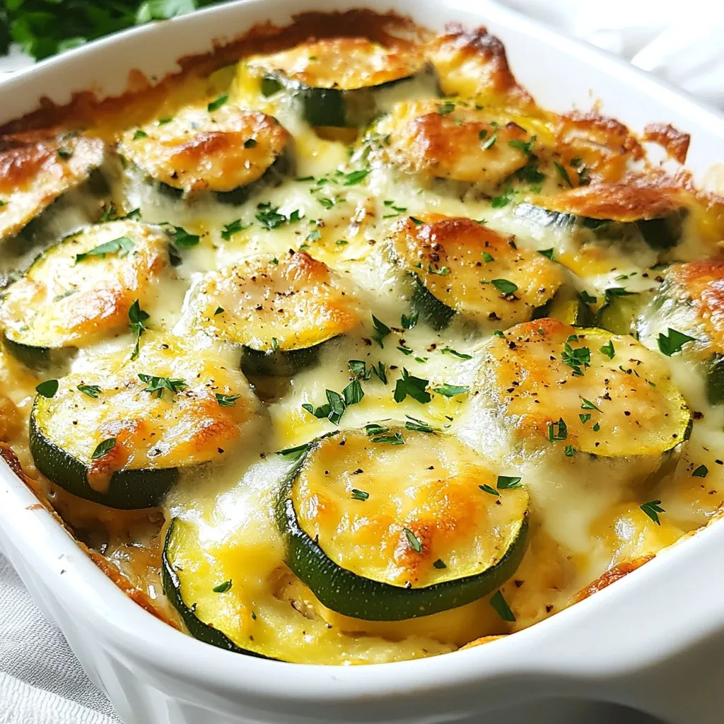 - Zucchini: 2 medium zucchinis, sliced into thin rounds - Chicken: 1 pound boneless, skinless chicken breasts, diced - Dairy: 1 cup low-fat cottage cheese - 1 cup shredded mozzarella cheese - 1/2 cup grated Parmesan cheese - Olive Oil: 1 tablespoon - Garlic: 2 cloves minced - Herbs and Spices: 1 teaspoon dried oregano - 1 teaspoon paprika - Salt and pepper to taste - Fresh Parsley: chopped for serving The main ingredients for this dish create a balanced meal. Zucchini adds fiber and vitamins. Chicken delivers protein, keeping you full. Dairy brings creaminess and flavor. For seasoning, olive oil adds healthy fat. Garlic gives a savory kick. Dried oregano and paprika boost taste. Salt and pepper enhance all flavors. Fresh parsley adds color and freshness when you serve. It makes the dish look and taste better. {{ingredient_image_2}} - Preheat your oven to 375°F (190°C). - Heat a large skillet over medium heat. Add 1 tablespoon of olive oil. Once hot, add 2 minced garlic cloves. Sauté for 1-2 minutes until the garlic smells great, but do not let it brown. - Now, add 1 pound of diced chicken to the skillet. Season it with salt, pepper, 1 teaspoon of dried oregano, and 1 teaspoon of paprika. Cook this for about 5-7 minutes. Stir it often until the chicken turns brown and is fully cooked. - Lightly grease a 9x13 inch baking dish. Start by layering half of the 2 medium zucchinis, sliced into thin rounds, on the bottom. - Spoon the cooked chicken mixture over the zucchini evenly. - In a bowl, mix 1 cup of low-fat cottage cheese with half of the shredded mozzarella and half of the grated Parmesan (1/2 cup each). Spread this cheesy mixture over the chicken layer. - Add the rest of the zucchini slices on top, then sprinkle the remaining mozzarella and Parmesan cheese over everything for a melty finish. - Cover the baking dish tightly with aluminum foil. Bake it in the preheated oven for 30 minutes. - After 30 minutes, carefully remove the foil. Continue baking for another 10-15 minutes. Look for the cheese to become bubbly and golden. - Once done, take it out from the oven and let it cool for a few minutes. Garnish with chopped parsley before serving for a pop of color and flavor. To keep chicken tender, do not overcook it. Cook the diced chicken for about 5-7 minutes until it is browned and fully cooked. This timing helps lock in moisture. When layering ingredients, start with zucchini at the bottom. This helps absorb flavors. Spread the chicken evenly on top. Then, add the cheesy mixture. Finally, layer zucchini again and top with cheese. This method ensures every bite has flavor. You can add more herbs and spices for extra flavor. Try fresh basil or thyme. A pinch of red pepper flakes can add heat. For a crunchy topping, sprinkle some breadcrumbs or crushed nuts before baking. This adds texture and a nice contrast to the soft layers. This bake pairs well with simple sides. A fresh salad or steamed veggies complements it nicely. You can also serve it with a side of rice or quinoa for extra protein. For presentation, serve warm portions on individual plates. Sprinkle with chopped parsley for a colorful touch. This makes the dish look inviting and fresh. Pro Tips Use Fresh Ingredients: Opt for fresh zucchinis and herbs to enhance the flavor of your bake. Customize Your Cheese: Feel free to mix different types of cheese for a unique flavor profile. Don’t Overcook the Chicken: Cook the chicken just until it’s done to prevent it from drying out in the oven. Let It Rest: Allow the dish to cool for a few minutes after baking to help it set and make serving easier. {{image_4}} You can easily swap out the chicken for turkey or tofu. Turkey gives a similar taste but with less fat. Tofu is a great choice for a plant-based meal. For cheese, use plant-based cheeses. There are many options that melt well, making the dish creamy and delicious. Want to change the flavor? Try Italian-inspired ingredients. Add fresh basil or sundried tomatoes for bright tastes. If you crave a Mexican twist, include jalapeños or black beans. These will spice up your bake and add new flavors. Seasonal veggies can change your bake each time you make it. In summer, use fresh tomatoes or peppers. In fall, consider adding spinach or mushrooms. This keeps your dish fresh and exciting while using what is in season. To store your chicken zucchini bake in the fridge, let it cool first. Then, place it in an airtight container. This keeps it fresh for up to three days. Make sure to cover it tightly. This helps prevent drying and keeps flavors intact. When you’re ready to enjoy leftovers, use the oven for the best results. Preheat it to 350°F (175°C). Cover the dish with foil. This will help keep the moisture in. Heat for about 20 minutes or until warm throughout. You can also use the microwave, but be careful not to overcook it. Heat in short bursts, stirring in between. If you want to freeze the chicken zucchini bake, let it cool completely. Cut it into portions and wrap each piece tightly in plastic wrap. Then, place them in a freezer-safe bag. This keeps it fresh for about three months. To thaw, move it to the fridge overnight. You can reheat it directly from frozen, but this will take longer. You can use plant-based options like tofu or tempeh. These work well in this dish. Seitan is another choice if you need a meat-like texture. For a seafood twist, shrimp or fish can also fit nicely. Just remember to adjust cooking times based on the protein you choose. Yes, you can use frozen zucchini or chicken. If using frozen chicken, make sure to thaw it first. It may take longer to cook from frozen. Frozen zucchini can add extra moisture. Squeeze out excess water after thawing to keep the dish from being too watery. The chicken takes about 5-7 minutes to cook in the skillet. Make sure it is fully cooked and no pink remains. After layering, bake the dish for 30 minutes covered and an additional 10-15 minutes uncovered. This will help the cheese melt and brown perfectly. Yes, you can prep it ahead of time. Cook the chicken and layer the dish as directed. Cover it tightly and store it in the fridge. When ready to bake, remove it from the fridge and let it sit for a few minutes. Then bake as directed for a quick and easy meal. This recipe for chicken and zucchini bake combines fresh ingredients and simple steps. We started with zucchini, chicken, and a blend of cheeses, seasoned to perfection. I shared tips for cooking tender chicken and suggested flavor boosts. You can even try different ingredients or flavor twists. In the end, this dish is flexible and satisfying. It’s easy to store and reheat, making it perfect for busy days. Enjoy making this meal your own!
