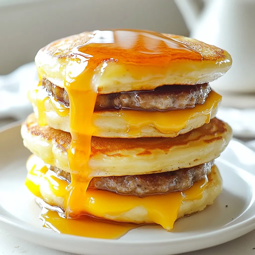 To make homemade copycat McGriddles, you will need the following key ingredients: - 1 cup all-purpose flour - 1 tablespoon baking powder - 1 tablespoon granulated sugar - 1/2 teaspoon salt - 1/2 cup milk - 1 large egg - 2 tablespoons melted butter - 1 teaspoon vanilla extract - 1 cup pure maple syrup - 4 breakfast sausage patties - 4 slices American cheese These ingredients create the perfect blend of flavors and textures. The pancakes are soft and sweet, while the sausage adds a savory bite. You can customize your McGriddles with different ingredients. Here are some ideas: - Add chocolate chips to the batter for a sweet twist. - Use whole wheat flour for a healthier option. - Swap American cheese for cheddar or pepper jack. - Try adding a slice of bacon for extra flavor. These options let you personalize the dish to your taste. If you don't have certain ingredients at home, here are some good substitutions: - Use almond milk or soy milk instead of regular milk. - Substitute yogurt for the egg, if needed. - Coconut oil can replace melted butter for a dairy-free option. - Use maple-flavored syrup if pure maple syrup isn't available. These substitutions can help you make McGriddles even if you run low on supplies. {{ingredient_image_2}} Start by taking a large bowl. Add 1 cup of all-purpose flour, 1 tablespoon of baking powder, 1 tablespoon of granulated sugar, and 1/2 teaspoon of salt. Whisk them well. This step ensures your dry mix is even. In another bowl, combine 1/2 cup of milk, 1 large egg, 2 tablespoons of melted butter, and 1 teaspoon of vanilla extract. Whisk until smooth. Now, slowly pour the wet mix into the dry mix. Stir gently, just until combined. Don't overmix. A few lumps are okay. Preheat your non-stick skillet over medium heat. Lightly grease it with butter or cooking spray. For each pancake, pour about 1/4 cup of batter onto the skillet. Cook for 2-3 minutes. Look for bubbles on the surface. This means it's time to flip! Cook for another 2-3 minutes until golden brown. Remove pancakes and set them aside. Repeat this until you use all the batter. In the same skillet, add the breakfast sausage patties. Cook them for about 3-4 minutes. Turn them halfway through. You want them browned and cooked through. This step adds a savory flavor to your McGriddles. To build your McGriddles, start with one pancake on a plate. Place a sausage patty on top. Then, add a slice of American cheese. Drizzle a good amount of maple syrup over it. Finally, add another pancake on top. Repeat for the rest of the ingredients. Serve warm and enjoy! To make the best pancakes, don't overmix your batter. A few lumps are okay. This keeps the pancakes light and fluffy. Use a non-stick skillet to avoid sticking. Make sure your skillet is hot enough before adding the batter. You want bubbles to form on the surface. This usually takes about 2-3 minutes. Flip them gently to keep the fluffiness intact. For juicy sausage patties, cook them on medium heat. This ensures they brown nicely without burning. Turn them halfway through cooking to get an even color. It takes about 3-4 minutes for each side to cook through. Keep an eye on them; you want them golden brown. Let them rest for a minute before adding to your McGriddle. If you have leftovers, store them in an airtight container. This keeps them fresh for up to three days. You can also freeze them for longer storage. Just make sure to wrap each one tightly. To reheat, place them in the microwave or toaster oven. This helps bring back the warm, fluffy texture. Enjoy your delicious breakfast anytime! Pro Tips Use Fresh Ingredients: Ensure your baking powder is fresh for the best rise in your pancakes. Old baking powder can lead to flat pancakes. Control Heat: Keep the skillet at medium heat. Too high heat can burn the pancakes before they cook through. Perfect Pancake Size: Use a measuring cup to pour the batter onto the skillet for uniform pancakes that cook evenly. Layer Wisely: When assembling, drizzle the maple syrup between layers for maximum flavor in every bite. {{image_4}} You can switch up the protein in your McGriddles. Instead of sausage, try crispy bacon or a plant-based patty. Chicken or turkey sausage works great too. For cheese, feel free to use cheddar, pepper jack, or even gouda. Each option adds its own flavor and twist. Get creative with your toppings! You can add a fried egg for extra protein and richness. Slices of avocado also bring creaminess. For a sweet touch, drizzle with honey or sprinkle cinnamon sugar. If you love fruit, consider adding sliced strawberries or banana. These toppings enhance the flavor profile and make breakfast more fun. If you need gluten-free McGriddles, swap the all-purpose flour for a gluten-free blend. Make sure the blend works for baking. For a dairy-free version, use almond milk or oat milk instead of regular milk. You can also replace the butter with coconut oil. These options keep your breakfast tasty while meeting dietary needs. To keep your cooked McGriddles fresh, let them cool first. Place them in an airtight container. Store them in the fridge for up to three days. When you are ready to enjoy your McGriddles again, take them out of the fridge. You can reheat them in a skillet over low heat. This method helps maintain their texture. Heat each side for about two minutes until warm. You can also use a microwave, but it might make them a bit soft. If you choose the microwave, heat them for 30 seconds at a time until hot. If you want to store McGriddles for longer, freezing is a great option. First, let them cool completely. Wrap each McGriddle tightly in plastic wrap or foil. Then, place them in a freezer-safe bag. They can last up to three months in the freezer. When you're ready to eat, thaw them in the fridge overnight before reheating. This keeps them tasting fresh and delicious! You can make McGriddles healthier by using whole grain flour instead of all-purpose flour. Whole grain flour adds fiber, which is good for digestion. You can also reduce the sugar in the batter. Replace the sausage patty with turkey or veggie sausage for lower fat. If you want to cut calories, use fewer pancakes in each sandwich. Yes, you can use different types of syrup. Try agave syrup, honey, or even fruit syrup. These options can add unique flavors to your McGriddles. Just make sure the syrup is thick enough to stay on the pancakes. This way, you can enjoy your McGriddles with your favorite sweet taste. To make mini-sized McGriddles, use less batter for each pancake. Pour about 2 tablespoons of batter onto the skillet. This will create smaller pancakes. Also, use mini sausage patties or cut regular patties in half. This makes it easier to handle and perfect for kids or snacks. You can serve many items with McGriddles. Fresh fruit like berries or sliced bananas adds color and freshness. You can also serve yogurt for a creamy texture. A side of hash browns or home fries pairs well too. These sides help create a balanced breakfast and make it more filling. This blog post covered how to make delicious McGriddles from scratch. We detailed key ingredients, helpful tips, and ways to customize your dish. I shared step-by-step cooking instructions, variation ideas, and storage tips. With these insights, you can craft your perfect McGriddles. Try different ingredients and toppings for unique flavors. Enjoy your homemade breakfast treat!