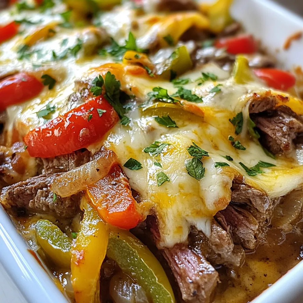- 1 lb thinly sliced sirloin steak - 1 tablespoon olive oil - 1 medium onion, thinly sliced - 1 medium green bell pepper, thinly sliced - 1 medium red bell pepper, thinly sliced - 2 cloves garlic, minced The main ingredients create a rich base for this casserole. Thinly sliced sirloin steak gives it a hearty feel. The olive oil adds flavor and helps cook the beef perfectly. Onions and bell peppers bring sweetness and color. Garlic adds depth to the taste. - 1 teaspoon salt - 1/2 teaspoon black pepper - 1 teaspoon smoked paprika - 1 cup heavy cream - 1 1/2 cups shredded provolone cheese, divided - 1 cup shredded mozzarella cheese The seasoning blends perfectly with the meat and veggies. Salt and black pepper enhance the flavors. Smoked paprika gives a nice smoky touch. The heavy cream makes the dish creamy and rich. Provolone and mozzarella cheese create a delicious cheesy topping. - Fresh parsley Fresh parsley brightens the dish. It adds a pop of color and freshness. A sprinkle before serving makes the casserole look appealing. This simple touch elevates the meal and makes it more inviting. {{ingredient_image_2}} - Preheat your oven to 350°F (175°C). This warms it for baking. - In a large skillet, add 1 tablespoon of olive oil. Heat it over medium-high heat. Once hot, add 1 lb of thinly sliced sirloin steak. Sauté for 3-4 minutes until browned. Remove the steak and set it aside. - In the same skillet, add 1 medium onion, 1 medium green bell pepper, and 1 medium red bell pepper, all sliced. Sauté these for 5-7 minutes until they soften and caramelize. - Then, add 2 minced garlic cloves. Cook for 1 more minute until the garlic smells great. - In a bowl, whisk 1 cup of heavy cream with ¾ cup of shredded provolone cheese until smooth. - Grease a 9x13 inch casserole dish. Layer the steak and veggies evenly in the dish. Pour the cream mixture over this, covering it all. - Sprinkle the remaining ¾ cup of provolone cheese and 1 cup of shredded mozzarella cheese on top. - Place the casserole in your preheated oven. Bake for 25-30 minutes until the cheese is melted and bubbly. - After baking, let it cool for a few minutes. Just before serving, add fresh chopped parsley for color and freshness. - Best way to sauté steak: Start with a hot skillet. Add olive oil and let it heat. Place the steak in a single layer. Avoid crowding the pan. Cook for 3-4 minutes until browned. This keeps the steak juicy. - Tips for perfectly caramelized vegetables: Use medium-high heat. Sauté onions and bell peppers until soft. Stir them often for an even cook. Add garlic at the end to prevent burning. This gives a sweet, rich flavor. - Optimal cheese melting methods: Use a mix of provolone and mozzarella. Layer the cheeses on top of the casserole. Bake until bubbly and golden. This creates a creamy texture that everyone loves. - Cheese alternatives for different flavors: Try cheddar for a sharp taste. Gouda adds a smoky flavor. Experiment to find your favorite cheese combo. Each will change the dish's character. - Ideal side dishes: Serve with a crisp green salad. Roasted veggies are another good choice. They balance the richness of the casserole. - Presentation tips for a flavorful look: Serve in individual portions for a nice touch. Garnish with fresh parsley. This adds color and freshness. A bright plate makes the dish more inviting. Pro Tips Choose the Right Cut: Opt for thinly sliced sirloin for the best tenderness and flavor. You can also ask your butcher to slice it for you. Vegetable Variations: Feel free to add other vegetables such as mushrooms or zucchini for added flavor and texture. Make It Ahead: Prepare the casserole in advance and refrigerate it. Just bake it when you’re ready to serve for a quick meal. Garnish for Freshness: A sprinkle of fresh parsley not only adds color but also enhances the flavor profile of the dish. {{image_4}} You can easily change the proteins in this dish. Try using chicken or turkey instead of sirloin steak. They will still taste great. For cheese, think outside the box. Cheddar or gouda can add new flavors. Both melt nicely and give a unique twist to the casserole. If you want to add a pasta-like texture, use zucchini or spaghetti squash. They are great low-carb options. You can also try cauliflower rice for a hearty base. It adds volume without the carbs. This way, your dish stays filling and healthy. For those who enjoy heat, adding jalapeños brings a nice kick. You can slice them up and mix them in with the veggies. If you want a different flavor, try Italian herbs. Oregano or basil can change the taste profile and make it even more exciting. To keep your low-carb Philly cheesesteak casserole fresh, follow these steps: - Refrigeration: Store the casserole in an airtight container. It stays good for up to 4 days in the fridge. Make sure it cools down before sealing. - Freezing: For longer storage, freeze the casserole. Use a freezer-safe container or wrap it tightly in plastic wrap. It can last for up to 3 months in the freezer. Thaw it overnight in the fridge before reheating. To enjoy your casserole's creamy cheese again, use these reheating methods: - Oven: Preheat the oven to 350°F (175°C). Cover the casserole with foil to keep the cheese from drying out. Bake for about 20 minutes or until heated through. - Microwave: If you’re short on time, the microwave works too. Heat in short bursts at medium power. Stir between intervals to ensure even heating and keep the cheese creamy. Using these storage and reheating tips helps you enjoy this delicious dish even days later. Is it possible to make this recipe dairy-free? Yes, you can make this dish dairy-free. Swap heavy cream for coconut cream. Use dairy-free cheese instead of provolone and mozzarella. This still gives you creaminess and flavor without dairy. Can I use pre-cooked steak for this casserole? Absolutely! Pre-cooked steak works well. Just heat it in the skillet briefly before adding vegetables. This saves time and still tastes great. How does this dish fit into a keto diet? This casserole is low in carbs, making it keto-friendly. The main ingredients are meat, cheese, and veggies, which fit well into a low-carb lifestyle. Each serving is full of protein and healthy fats. What are the nutritional benefits of this casserole? The casserole offers many benefits: - High protein from the steak and cheese. - Good fats from the cream and cheese. - Vitamins and minerals from the bell peppers and onions. This dish supports muscle growth and keeps you full longer. Can I prepare this casserole ahead of time? Yes, you can prep this casserole ahead. Assemble it in the dish, cover it, and store it in the fridge. Bake it when you're ready for a hot meal. What are the best ways to customize flavors? You can personalize this casserole easily. Add spices like red pepper flakes for heat or Italian herbs for a different twist. You can also mix in mushrooms or spinach for extra veggies. This blog post provided a simple guide for a delicious casserole. We covered key ingredients, step-by-step cooking, useful tips, and variations you can try. You also learned about storage and reheating methods to keep your dish fresh. Now, you can make this tasty casserole your own. With the right techniques and swaps, dinner can be both easy and fun. Enjoy creating a meal that everyone will love!
