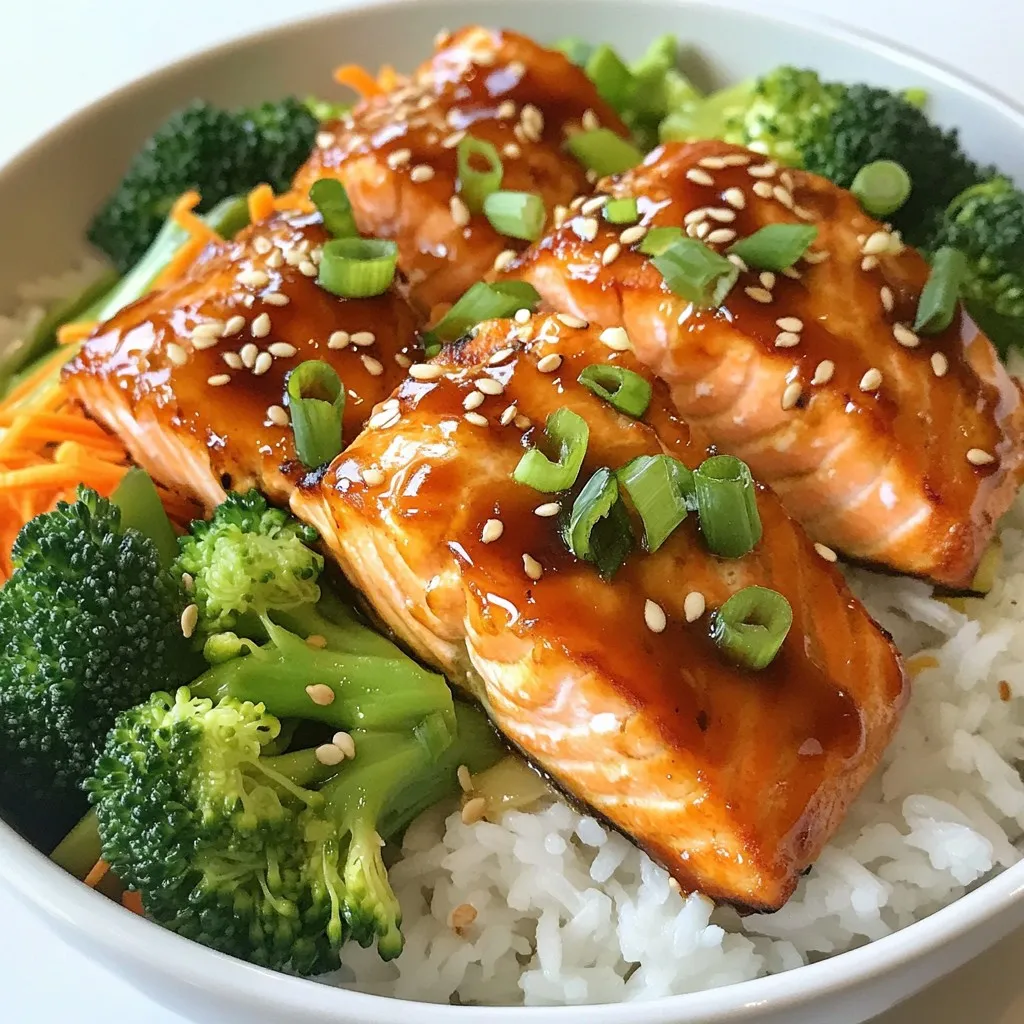 - 2 salmon fillets (6 oz each) - 1 cup jasmine rice - 1/4 cup teriyaki sauce (store-bought or homemade) - 1 cup broccoli florets, steamed - 1/2 cup carrots, shredded - 1 tablespoon sesame oil - 1 green onion, finely sliced - 1 tablespoon sesame seeds - Sea salt and black pepper, to taste For teriyaki salmon rice bowls, the right ingredients make all the difference. First, let's talk about the salmon. I prefer using fresh fillets for a rich flavor. The jasmine rice serves as a soft base, soaking up all the tasty sauce. Teriyaki sauce adds a sweet and savory kick, making the dish exciting. In addition to the salmon and rice, I love adding steamed broccoli and shredded carrots. These veggies not only bring color, but they also add important nutrients. For seasoning, sesame oil is a must. It gives the salmon a nice, nutty flavor. Don’t forget the green onion and sesame seeds for garnish. They add a delightful crunch and freshness. Sea salt and black pepper help enhance the flavors of each ingredient, making every bite delicious. With these ingredients, you are set to create a meal that is both vibrant and satisfying. {{ingredient_image_2}} First, rinse the jasmine rice under cold water. Keep rinsing until the water is clear. This helps remove the extra starch and makes the rice fluffy. Next, in a medium saucepan, combine the rinsed rice and 2 cups of water. Bring it to a boil over high heat. Once boiling, reduce the heat to low and cover the saucepan. Let it simmer for about 15 minutes, until the water is gone and the rice is soft. After that, take it off the heat and let it sit for 5 minutes. Fluff the rice with a fork before serving. While the rice cooks, season the salmon fillets. Use sea salt and black pepper on both sides. This adds great flavor. In a large skillet, heat sesame oil over medium heat. When it’s hot, gently place the salmon fillets in the skillet, skin side down. Cook for 4 to 5 minutes until the skin is crispy. Then, flip the salmon using a spatula. Cook for another 3 to 4 minutes until the fish flakes easily. Next, lower the heat. Pour the teriyaki sauce over the salmon in the skillet. Let the sauce bubble and caramelize around the salmon for about 2 minutes. After that, remove the skillet from the heat. To build the rice bowls, scoop a generous amount of fluffy jasmine rice into each bowl. Place one salmon fillet on top of the rice in each bowl. Drizzle any remaining teriyaki sauce over the salmon for extra taste. Now, arrange the steamed broccoli florets and shredded carrots around the salmon. This makes your bowl colorful and fun. Finally, garnish with finely sliced green onions and a sprinkle of sesame seeds. This adds a nice texture and nutty flavor. To make the best jasmine rice, rinse it first. Rinse until the water runs clear. This step removes extra starch and helps the rice stay fluffy. For jasmine rice, use a 1:2 rice-to-water ratio. If you prefer, you can use other rice types like basmati or brown rice. Just keep in mind that cooking times may vary. For crispy skin, heat your skillet before adding the salmon. This helps the skin brown nicely. Season both sides of the fillets with sea salt and black pepper. When cooking, start with the skin side down. This method allows the skin to crisp up. To check for doneness, use a fork. The fish should flake easily when it's done. You can make your teriyaki sauce at home, or use store-bought. Homemade sauce often tastes fresher and can be customized. To make it, mix soy sauce, honey, garlic, and ginger. You can also add more flavor with sesame oil or a splash of lime juice. For extra seasoning, try adding garlic powder or chili flakes. These will give your dish a nice kick! Pro Tips Rice Rinsing: Rinsing the jasmine rice until the water runs clear not only removes excess starch but also ensures a fluffier texture once cooked. Salmon Temperature: For perfectly cooked salmon, aim for an internal temperature of 145°F (63°C). This ensures the fish is moist and flaky. Teriyaki Sauce Glaze: Allowing the teriyaki sauce to bubble around the salmon enhances the flavor and creates a delightful glaze that adheres to the fish. Garnish for Flavor: Adding green onions and sesame seeds not only enhances the visual appeal of the dish but also adds a burst of freshness and nuttiness. {{image_4}} You can switch the salmon for chicken. Chicken teriyaki offers a tasty twist. Just grill or pan-fry chicken breast. Then, add teriyaki sauce just like with the salmon. If you prefer plant-based meals, try tofu or tempeh. Both soak up the teriyaki sauce well. Cut tofu into cubes and pan-fry until golden. For tempeh, steam it first for a softer texture, then cook it in the sauce. Feel free to mix in other veggies. Bell peppers, snap peas, or zucchini work great. These choices add crunch and color. You can also use seasonal vegetables. Fresh asparagus or green beans are tasty in spring, while squash shines in fall. Want a change from jasmine rice? Try quinoa or cauliflower rice. Quinoa adds extra protein and a nutty flavor. Cauliflower rice is a low-carb option that still fills you up. You can also play with flavored rice. Coconut rice or garlic rice can elevate your bowl. They add unique tastes that pair well with teriyaki. To keep your teriyaki salmon rice bowls fresh, store leftovers in an airtight container. Make sure to place the salmon, rice, and veggies together. This helps keep the flavors intact. You can keep them in the fridge for up to three days. When it's time to reheat, use a microwave. Place the rice bowl in the microwave and cover it with a damp paper towel. Heat in short bursts, checking every 30 seconds. This keeps the salmon moist and the rice fluffy. If you want to freeze your rice bowls, it's best to do this before adding fresh veggies. You can store the salmon and rice together in a freezer-safe container. Wrap them tightly to avoid freezer burn. They can last up to three months in the freezer. For thawing, move the container to the fridge the night before you plan to eat. Let it thaw slowly overnight. If you’re in a rush, you can use the microwave's defrost setting. This method works well for both the salmon and rice, keeping the meal tasty and fresh. To make homemade teriyaki sauce, you need just a few simple ingredients. Here’s how: - Ingredients: - 1/4 cup soy sauce - 2 tablespoons honey or brown sugar - 1 tablespoon rice vinegar - 1 teaspoon garlic, minced - 1 teaspoon ginger, minced - 1 teaspoon cornstarch mixed with 1 tablespoon water (optional for thickening) 1. In a small saucepan, combine soy sauce, honey, rice vinegar, garlic, and ginger. 2. Heat over medium heat until it starts to simmer. 3. If you want a thicker sauce, add the cornstarch mixture. 4. Continue to cook for a few more minutes until it thickens. This sauce adds a sweet and savory flavor to your salmon! Yes, you can make this recipe in advance! Here are some tips: - Meal Prep: Cook the rice and salmon ahead of time. Store them separately in airtight containers in the fridge. - Storage: Keep cooked salmon in the fridge for up to 2 days. The rice stays fresh for about 4 days. - Reheating: When ready to eat, reheat the salmon in a skillet on medium heat. Warm the rice in the microwave or on the stove with a splash of water. This way, you can enjoy your teriyaki salmon rice bowl quickly on busy days! You can serve a variety of sides to enhance your meal: - Steamed Vegetables: Broccoli, bell peppers, or snap peas work well. - Salad: A simple cucumber and sesame salad adds freshness. - Pickled Vegetables: They can give a nice tang to balance the dish. - Fruit: Sliced oranges or mango can complement the flavors. Feel free to mix and match for a colorful, tasty meal! This blog post covered how to make delicious teriyaki salmon rice bowls. We discussed main ingredients like salmon, jasmine rice, and vegetables. You learned step-by-step how to cook the rice and salmon, then assemble the bowls. I shared tips for perfecting your dish and suggested tasty variations. Proper storage is also key for leftovers. Enjoy making these rice bowls for a quick meal. With practice, you’ll cook them like a pro!