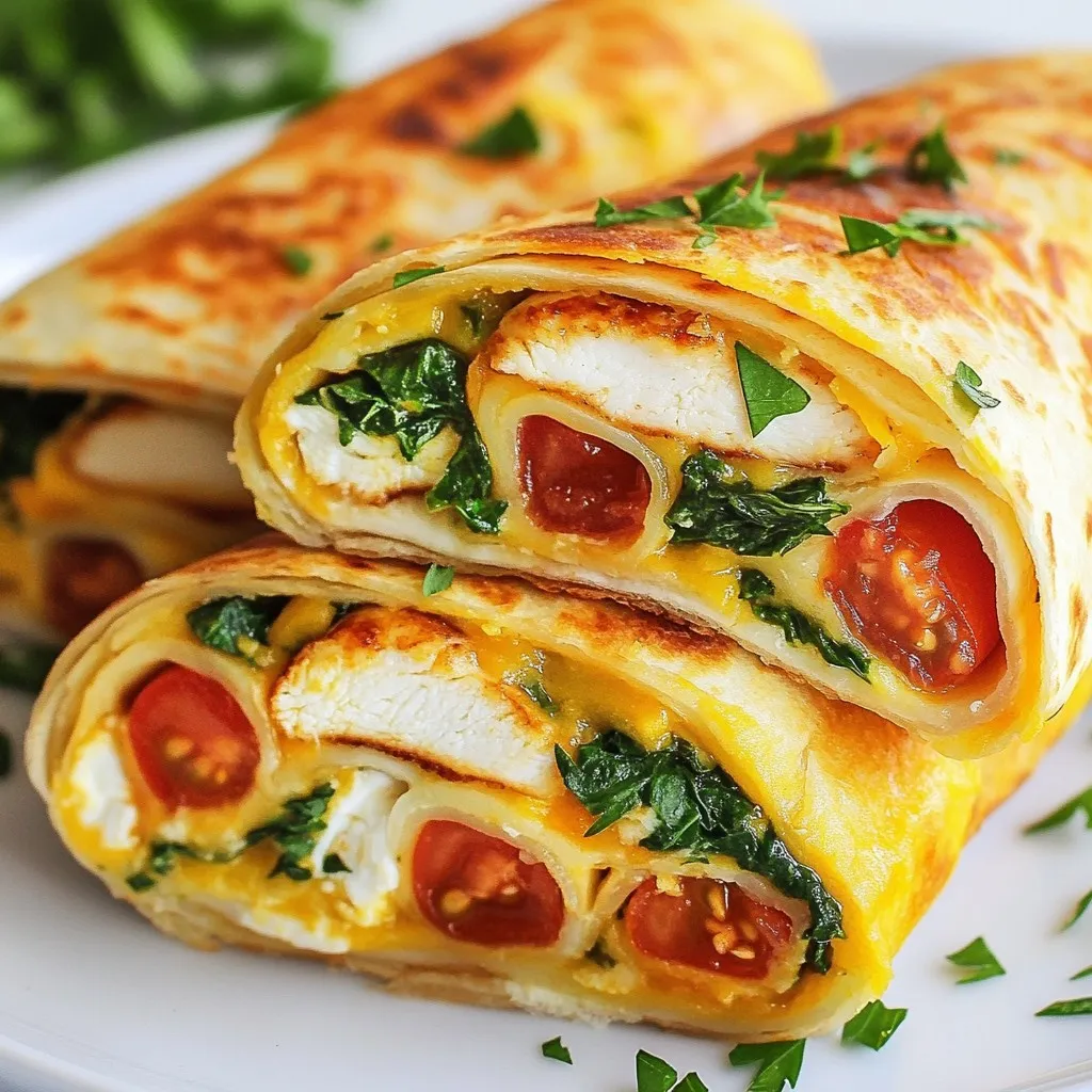 - 2 boneless, skinless chicken breasts - 1 tablespoon extra virgin olive oil - 4 cloves garlic, finely minced - 1 teaspoon dried oregano - 1 teaspoon smoked paprika - Salt and freshly ground black pepper to taste - 1 cup shredded mozzarella cheese - 1/2 cup cream cheese, at room temperature - 4 large tortillas (flour or whole grain) - 1 cup fresh baby spinach leaves - 1/2 cup ripe tomatoes, finely diced - Fresh parsley, chopped - Garlic-infused olive oil When I make Cheesy Garlic Chicken Wraps, I love to use fresh ingredients. The chicken breasts are the star of the dish. They are juicy and tender when cooked right. I marinate them in olive oil, garlic, and spices. This adds great flavor. The cheese mix is another highlight. Cream cheese and mozzarella blend nicely. This combo makes the wraps creamy and cheesy. I always use fresh spinach and ripe tomatoes in my fills. They add color and crunch. For the wraps, I prefer flour tortillas. They hold the filling well. Whole grain tortillas are a healthy choice too. They bring a nutty taste. Garnishes like parsley and garlic oil give a nice finish. They add aroma and bright color. Each ingredient plays a role in making these wraps easy and flavorful. {{ingredient_image_2}} To start, you need to combine the marinade ingredients. In a medium bowl, mix 1 tablespoon of olive oil, 4 minced garlic cloves, 1 teaspoon of dried oregano, 1 teaspoon of smoked paprika, salt, and black pepper. This blend gives your chicken a robust flavor. Coat the chicken breasts well in this mixture. Aim to marinate for at least 15 minutes. For a deeper flavor, marinating for up to 2 hours in the fridge works wonders. Next, heat your grill pan or skillet over medium-high heat. Once it’s hot, add the marinated chicken breasts. Cook each side for about 6-7 minutes. You want the chicken to be golden brown and reach an internal temperature of 165°F. After cooking, transfer the chicken to a cutting board. Let it rest for 5 minutes before slicing it into thin strips. Now, let’s prepare the cheesy filling. In a mixing bowl, combine the softened cream cheese and 1 cup of shredded mozzarella cheese. Mix until both cheeses blend smoothly. This creamy mixture is key to your wraps. On a clean surface, lay out the tortillas. Spread a generous amount of the cheesy filling down the center of each tortilla, leaving some space at the edges. For the grilling step, place the wraps seam-side down in the same skillet or grill pan. Cook each wrap for about 2-3 minutes on both sides. You want the tortillas to be golden brown and nice and crispy. This adds great texture to your wraps. Once grilled, take the wraps out of the skillet and let them cool slightly. Cut each wrap in half for easier handling. To serve, drizzle some garlic-infused olive oil over the wraps. Sprinkle freshly chopped parsley on top for a bright finish. Serve with marinara sauce for dipping or a fresh salad on the side. Enjoy the burst of flavors! To get the best flavor in your chicken, marinate it well. Marinate for at least 15 minutes. If you have more time, try two hours. Use olive oil, minced garlic, oregano, smoked paprika, salt, and pepper. This blend gives the chicken a rich taste. When cooking, heat your grill pan or skillet to medium-high. Cook the chicken for about 6 to 7 minutes on each side. Look for that golden brown color. Make sure the chicken reaches 165°F (75°C) inside. Let it rest for 5 minutes before slicing. This keeps it juicy. If you want different cheese flavors, try alternatives. Use gouda for a smoky taste. Feta adds a salty kick. For a creamier option, go with ricotta. For vegan or dairy-free wraps, use plant-based cheeses. Cream cheese alternatives work great too. Look for brands that melt well. This way, you still enjoy that cheesy goodness without dairy. You can customize the wraps easily. Add fresh veggies like bell peppers or cucumbers for crunch. Avocado gives a creamy texture. You can also try different greens like arugula or kale. If you have dietary needs, adjust the fillings. Use gluten-free tortillas for a gluten-free option. Swap chicken for turkey, beef, or tofu. This makes it a meal everyone can enjoy. Pro Tips Marinate for Maximum Flavor: Allow the chicken to marinate for at least 2 hours if possible. This enhances the flavor and tenderness of the meat, making it more delicious. Choose Your Cheese Wisely: Experiment with different types of cheese like cheddar or pepper jack for a unique twist on the flavor profile of your wraps. Warm Your Tortillas: Warm the tortillas in a dry skillet or microwave for a few seconds before assembling the wraps. This makes them more pliable and easier to roll without tearing. Serve with Dipping Sauce: Pair your wraps with a side of marinara or ranch dressing for dipping, adding extra flavor and a fun element to the meal. {{image_4}} You can switch out chicken for other proteins. Turkey works well and stays juicy. Beef adds a rich taste, while tofu offers a plant-based option. When using turkey or beef, cook until they reach 165°F (75°C). Tofu needs just a few minutes to brown nicely. Adjust cooking time based on the type of protein you choose. Want a spicy kick? Add diced jalapeños or crushed red pepper to the filling. This will give your wraps a fun kick. For a fresh twist, mix in herbs like basil or cilantro. A touch of lemon zest can brighten the flavor too. Choose what excites your taste buds! If you need gluten-free wraps, look for rice or corn tortillas. These work just as well. For a low-carb option, use lettuce leaves instead. They wrap up nicely and add crunch. Pita bread is another fun way to enjoy these wraps. It creates a pocket for your fillings and is easy to eat on the go! To keep your cheesy garlic chicken wraps fresh, wrap them in plastic wrap or foil. This prevents air from drying them out. Place the wraps in an airtight container. Store them in the fridge for up to three days. If you want to keep them longer, consider freezing. When it's time to eat your leftovers, you want to keep the flavor and texture. The best way to reheat wraps is in a skillet. Heat the skillet over medium heat. Place the wrap in the pan and cook for about three minutes on each side. This brings back the crispiness. You can also use a microwave, but the wrap may become soft. If using a microwave, cover the wrap to keep it moist. You can freeze prepared wraps for later use. Wrap each one tightly in plastic wrap and then in foil. This double layer helps prevent freezer burn. Store them in a freezer-safe bag or container. They can last for up to three months. When ready to eat, thaw in the fridge overnight before reheating. This keeps the flavor and texture intact, so you enjoy every bite! Yes, you can prepare these wraps in advance. Here are some meal prep tips: - Cook the Chicken: You can cook the chicken a day ahead. Store it in the fridge. - Make the Filling: Prepare the cheesy filling and keep it in a sealed container. - Assemble Later: When ready to eat, just assemble and grill the wraps. This saves time. This method keeps the flavors fresh. You can enjoy them anytime! A few dipping sauces pair nicely with Cheesy Garlic Chicken Wraps: - Marinara Sauce: This classic is always a hit. - Ranch Dressing: Creamy and cool, it matches well. - Garlic Aioli: For garlic lovers, this adds a nice kick. You can also serve with fresh veggies or a salad for a colorful side. To make vegetarian Cheesy Garlic Wraps, you can replace the chicken with tasty substitutes: - Grilled Veggies: Use zucchini, bell peppers, or mushrooms. - Beans: Black beans or chickpeas add protein. - Tofu: Marinate and grill tofu for a filling option. These changes keep the wraps delicious and satisfying. You’ll still have a great cheesy filling! For a party, presentation matters. Here are some tips: - Cut Them: Slice the wraps in half for easy handling. - Use a Platter: Arrange the halves on a colorful platter. - Garnish: Add fresh parsley and lime wedges for a pop of color. These wraps look great on any table. Guests will love them! This blog post covered how to create flavorful Cheesy Garlic Chicken Wraps. You learned about the key ingredients, from chicken and spices to cheeses and tortillas. The step-by-step instructions helped you cook and assemble these wraps perfectly. You also discovered tips for customizing and storing them. In conclusion, these wraps are easy to make and versatile. You can tailor them to your taste. Enjoy experimenting with different proteins and flavors. Your next meal can impress friends and family with these delicious wraps. Happy cooking!