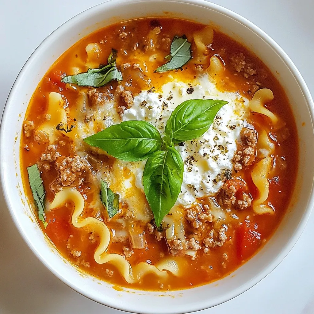 To make One-Pot Hearty Lasagna Soup, gather these items: - 1 tablespoon olive oil - 1 medium onion, diced - 2 cloves garlic, minced - 1 pound ground beef or ground turkey - 1 teaspoon dried oregano - 1 teaspoon dried basil - ½ teaspoon red pepper flakes (optional) - 1 can (28 ounces) crushed tomatoes - 4 cups chicken broth or vegetable broth - 8 ounces lasagna noodles, broken into pieces - 1 cup ricotta cheese - 1 cup shredded mozzarella cheese, plus more for topping - ¼ cup grated Parmesan cheese, plus more for garnish - Salt and freshly ground black pepper to taste - Fresh basil or parsley leaves for garnish To make your soup even better, consider adding: - Fresh herbs like thyme or rosemary for a fragrant touch. - A splash of balsamic vinegar for depth. - Spinach or kale for extra nutrients and color. - Sliced mushrooms for an earthy flavor. These additions can boost taste and nutrition, making your meal even more satisfying. If you have dietary needs, here are some swaps: - Use ground chicken or plant-based meat for a lighter option. - For a vegetarian soup, skip the meat and add more veggies. - Use gluten-free lasagna noodles if needed. - Swap ricotta for cottage cheese for a lower-fat choice. These substitutions keep the dish tasty while meeting your needs. You can enjoy this hearty soup no matter your diet! {{ingredient_image_2}} Start by gathering your ingredients. You need olive oil, onion, garlic, ground beef or turkey, dried oregano, dried basil, red pepper flakes, crushed tomatoes, broth, lasagna noodles, ricotta cheese, mozzarella cheese, Parmesan cheese, salt, and pepper. Next, dice the onion and mince the garlic. This makes them ready for cooking. In a large pot or Dutch oven, heat one tablespoon of olive oil over medium heat. Once hot, add the diced onion. Sauté it for about five minutes. You want the onion to become soft and clear. Then, add the minced garlic. Cook it for one more minute. Stir often so it does not burn. Now, add the pound of ground beef or turkey. Break it apart with a wooden spoon. Cook for five to seven minutes. Stir it until the meat is brown and cooked through. Next, season the meat with one teaspoon of dried oregano and one teaspoon of dried basil. If you like heat, add half a teaspoon of red pepper flakes. Then, sprinkle in some salt and pepper. Stir well to mix the spices. Pour in one can of crushed tomatoes and four cups of broth. Stir everything together and turn up the heat a bit. Bring this mixture to a gentle simmer. Now, add eight ounces of broken lasagna noodles. Make sure they are all in the liquid. Cook them for about ten to twelve minutes until they are al dente and tender. While the noodles cook, prepare the cheese mixture. In a bowl, mix one cup of ricotta cheese, half of the mozzarella, and half of the Parmesan. Blend until smooth. When the noodles are done, take the pot off the heat. Carefully stir in the ricotta cheese mixture. Blend it into the soup until mixed well. For great flavor, use fresh herbs like basil or parsley as a garnish. They add color and taste. Also, let the soup sit for a few minutes before serving. This helps the flavors blend together. If you want creamier soup, add more ricotta or mozzarella on top. Remember, taste your soup before serving. Adjust the salt and pepper as you like. This makes sure it’s perfect for you. When making One-Pot Hearty Lasagna Soup, avoid overcooking the noodles. They can turn mushy if left too long. Always check the package time and taste them for doneness. Another mistake is not seasoning well. Taste your soup before serving. Don’t be shy with salt and pepper. Lastly, remember to mix the ricotta cheese mixture in gently. You want it creamy, not clumpy. To boost the flavor, consider adding fresh herbs. A handful of chopped basil or oregano can elevate the taste. You might also try a splash of balsamic vinegar. It adds a nice tang. For a spicy kick, toss in some sliced jalapeños or a dash of hot sauce. If you love veggies, add diced bell peppers or zucchini. They fit right in and add nutrition. A large pot or Dutch oven works best for this soup. It holds all the ingredients well and helps with even cooking. A wooden spoon is perfect for stirring the meat and noodles without scratching the pot. Use a sharp knife for dicing onions and garlic quickly. Finally, having measuring cups and spoons on hand keeps your portions accurate. Pro Tips Use Fresh Herbs: Fresh basil or parsley can enhance the flavor profile of the soup significantly. Add them just before serving for maximum freshness. Customize Your Protein: Feel free to substitute ground beef with ground chicken, turkey, or even plant-based proteins for a healthier or vegetarian option. Thicker Soup Option: If you prefer a thicker consistency, reduce the amount of broth or add a bit more ricotta cheese to create a creamier texture. Make It Spicy: For those who love heat, add more red pepper flakes or a splash of hot sauce to the soup for an extra kick! {{image_4}} You can easily make a vegetarian version of this hearty lasagna soup. Start by swapping the ground beef or turkey for plant-based meat or lentils. Use the same amount of diced vegetables like zucchini, bell peppers, or mushrooms. These add flavor and texture. You can also add extra greens like spinach or kale for more nutrients. This version still keeps the rich taste and comfort of the original soup. For a gluten-free option, use gluten-free lasagna noodles. Many brands offer tasty alternatives made from rice or corn. You can also use spiralized zucchini noodles. They add a nice crunch and flavor. Just remember to adjust the cooking time, as zucchini cooks faster than regular noodles. Always check labels on broth and cheese to ensure they are gluten-free. If you love spice, add some heat! You can increase the red pepper flakes to taste. For even more zing, try adding diced jalapeños or a dash of hot sauce. Another great idea is to mix in different herbs, like thyme or rosemary, for extra flavor. You can also add a splash of balsamic vinegar for a tangy twist. These additions will make your soup stand out and suit your taste buds. To keep your One-Pot Hearty Lasagna Soup fresh, store it in an airtight container. Let the soup cool down before sealing it. This helps prevent moisture build-up inside. It will last in the fridge for about three to four days. If you want to keep it longer, consider freezing it. When you’re ready to enjoy leftovers, reheat the soup on the stove. Pour the desired amount into a pot and heat over medium heat. Stir often to warm it evenly. You can also use a microwave. Place the soup in a microwave-safe bowl and heat in short intervals, stirring in between. This keeps the texture and flavor intact. To freeze the soup, store it in freezer-safe containers. Leave space at the top for expansion. The soup can be frozen for up to three months. When you’re ready to eat it, transfer it to the fridge to thaw overnight. For a faster method, you can use the microwave on the defrost setting. After thawing, reheat as mentioned above for best results. You can store One-Pot Hearty Lasagna Soup in the fridge for about 3 to 4 days. Use an airtight container to keep it fresh. If you want to keep it longer, freezing works well too. It can last for up to 3 months in the freezer. Just make sure to let it cool down before you freeze it. Yes, you can use a slow cooker for this soup. Start by cooking the onion, garlic, and meat in a pan first. Then, transfer them to the slow cooker. Add the tomatoes, broth, and spices. Let it cook on low for about 6 to 8 hours. Add the broken lasagna noodles in the last 30 minutes of cooking. Stir in the cheese mixture before serving. This soup pairs well with a simple green salad. A side of garlic bread makes it even better. You can also serve it with a sprinkle of extra cheese or fresh herbs on top. This adds a nice touch to your meal. Enjoy your comforting bowl of soup! This blog covered how to make One-Pot Hearty Lasagna Soup. You learned about key ingredients and tasty problems. I shared cooking steps to bring out the best flavors. We also explored tips to avoid common mistakes and enhance your dish. Finally, I offered variations for different diets and smart storage tips. This soup is flexible, so feel free to get creative. Enjoy your cooking adventure with this easy, delicious recipe!