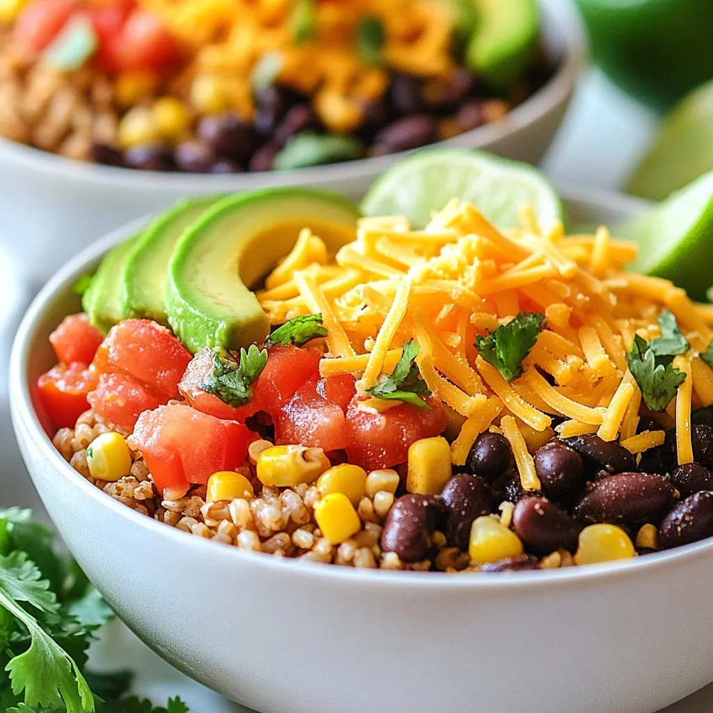 To make Minute Taco Rice Bowls, gather these items: - 1 cup instant brown rice - 1 can (15 oz) black beans, rinsed and drained - 1 cup corn (frozen or canned) - 1 cup diced tomatoes (fresh or canned) - 1 ripe avocado, diced - 1 cup shredded cheddar cheese - 1 packet taco seasoning (store-bought or homemade) - 1 tablespoon olive oil - 1 teaspoon freshly squeezed lime juice - Salt and pepper to taste You can swap ingredients to fit your taste or diet. Try: - Quinoa instead of rice for a protein boost. - Chickpeas instead of black beans for a different flavor. - Fresh lime zest for a zesty kick instead of juice. - Use a spicy taco seasoning for extra heat. Garnishes add flair and flavor to your bowls. Consider adding: - Fresh cilantro leaves for a burst of freshness. - Lime wedges to squeeze over the dish. - Sliced jalapeños for some spice. - Sour cream or Greek yogurt for creaminess. {{ingredient_image_2}} To start, grab a medium saucepan. Bring 1.5 cups of water to a boil. Once boiling, stir in 1 cup of instant brown rice. Cover the pot and remove it from the heat. Let it sit for about 5 minutes. This time helps the rice absorb the water and fluff up perfectly. Next, take a skillet and heat 1 tablespoon of olive oil over medium heat. Add the rinsed and drained black beans along with 1 cup of corn. Stir the mixture often, cooking for about 3 to 5 minutes. You want everything to be heated through and nice and warm. Now it's time to add flavor! Toss in 1 cup of diced tomatoes and 1 packet of taco seasoning. Mix everything well. Let it simmer for another 2 to 3 minutes. This step lets the flavors blend nicely. Taste the mixture and adjust it with salt, pepper, and a teaspoon of freshly squeezed lime juice as needed. To save time, use instant brown rice. It cooks fast and is healthy. Rinse the black beans before adding them to the skillet. This step removes excess salt. Warm the corn in the same skillet. It blends well with the beans. Mix the tomatoes and taco seasoning in the last minutes. This method keeps the flavors fresh. Add lime juice right before serving. It brightens all the flavors in the bowl. If you want more heat, stir in some diced jalapeños. You can also use spicy taco seasoning. Consider adding a dash of hot sauce for an extra kick. Fresh herbs like cilantro add freshness and depth. Choose colorful bowls for a fun look. Layer the ingredients neatly for a great display. You could set up a topping bar. Let everyone customize their bowls. Serve with lime wedges on the side. This allows guests to add their own zesty twist. A sprinkle of cilantro on top makes it pop! Pro Tips Use Fresh Ingredients: Opt for fresh tomatoes and avocados to enhance the flavor and nutritional value of your taco rice bowls. Customize Your Protein: For added protein, consider including grilled chicken, ground beef, or tofu to make the dish heartier. Layer Flavors: Experiment with additional spices or hot sauce in your black bean and corn mixture for an extra kick. Meal Prep Friendly: Prepare the rice and black bean mixture in advance for a quick and easy meal during busy weekdays. {{image_4}} You can easily make this dish vegetarian or vegan. Simply skip the cheese or use a plant-based option. You can add more veggies like bell peppers or zucchini. These add color and taste. You can also use quinoa instead of rice for a great protein boost. If you want to add protein, ground turkey or chicken works well. Cook it in the skillet before adding the beans. You can also use shrimp or tofu for a tasty twist. For a quick fix, try canned tuna or shredded rotisserie chicken. These add flavor and make your meal heartier. Salsa can change the whole dish. Try mango salsa for a sweet kick. If you like heat, use a spicy salsa or fresh jalapeños. You can also drizzle on ranch or a creamy dressing. A squeeze of lime juice adds freshness to any salsa. Experiment with your favorites to make each bowl unique. After you enjoy your Minute Taco Rice Bowls, store any leftovers in an airtight container. Keep the rice and toppings separate if possible. This helps maintain the texture and taste of each ingredient. You can keep them in the fridge for up to three days. If you mix everything, it may get soggy quickly. You can freeze the rice mixture and beans for later use. Place them in freezer-safe bags or containers. Make sure to remove as much air as you can. This step helps prevent freezer burn. You can freeze the mixture for up to three months. However, I recommend freezing the rice and toppings separately for the best results. To reheat, just take out what you need. You can microwave the rice mixture in a bowl. Heat it for about 1 to 2 minutes, stirring halfway through. For the rice, you can add a splash of water to keep it moist. If you prefer, you can also reheat it on the stovetop over low heat. Stir regularly until it warms up. Enjoy your meal as if it was fresh! Yes, you can use instant white rice. It cooks faster than brown rice. Just follow the package directions for water and cooking time. The taste will be slightly different, but it will still be delicious. White rice tends to be softer and less nutty than brown rice. If you want a healthier option, stick with brown rice when you can. To add heat, use spicy taco seasoning or add chopped jalapeños. You can also mix in some hot sauce or diced green chilies. Fresh chopped cilantro adds a bold flavor too. If you really love spice, use a dash of cayenne pepper in the mix. Remember, start small, then taste and adjust as needed. You can try sour cream or Greek yogurt for creaminess. Shredded lettuce adds crunch and freshness. Sliced olives bring a nice briny flavor. For a tangy twist, add pico de gallo or salsa. You can also add pickled red onions for a pop of color and taste. Don't forget to mix and match to find your favorite combo! In this blog post, we explored how to create a delicious taco rice bowl. We covered essential ingredients, like rice, beans, and toppings. Next, I detailed step-by-step instructions for cooking and mixing. I also shared tips on quick cooking and ways to enhance flavor. Variations, like vegetarian options, offer more choices. Finally, I provided storage tips to keep leftovers fresh. You now have a solid foundation. Enjoy making your taco rice bowl your own!