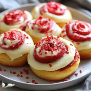 To make these soft and mouth-watering red velvet cinnamon rolls, you need: - 2 ½ cups all-purpose flour - ¼ cup granulated sugar - 1 package (2 ¼ tsp) instant yeast - ½ teaspoon salt - 1 teaspoon baking powder - 1 teaspoon baking soda - 1 tablespoon cocoa powder - ½ cup whole milk, warmed - 1 large egg - 2 tablespoons unsalted butter, melted - 2 tablespoons red food coloring - 1 cup packed brown sugar - 1 tablespoon ground cinnamon - ½ cup unsalted butter, softened (for filling) These ingredients work together to create that rich flavor and lovely red color. For the luscious cream cheese frosting, gather: - 1 cup cream cheese, softened - 2 cups powdered sugar - 1 teaspoon vanilla extract - 2 tablespoons milk This frosting adds a creamy and sweet finish to your rolls. For an extra special touch, consider these optional ingredients: - Additional cream cheese frosting for drizzling - Cocoa powder for dusting - Finely chopped nuts for added crunch These little extras can make your red velvet cinnamon rolls even more delightful! {{ingredient_image_2}} To make the dough, I start by mixing the dry ingredients. In a large bowl, I add 2 ½ cups of flour, ¼ cup of sugar, 2 ¼ teaspoons of yeast, ½ teaspoon of salt, 1 teaspoon of baking powder, 1 teaspoon of baking soda, and 1 tablespoon of cocoa powder. I whisk them well until they look fluffy. Next, I gather the wet ingredients in another bowl. I whisk together ½ cup of warmed milk, 1 large egg, 2 tablespoons of melted butter, and 2 tablespoons of red food coloring until it looks smooth. I then pour this mixture into the dry mix. I stir gently until a soft dough forms. Now, I lightly flour my surface and knead the dough for about 5-7 minutes. I want it to be smooth and elastic. After that, I put the dough in a greased bowl, cover it with a towel, and let it rise in a warm spot for about 1 hour. It should double in size. Once the dough has risen, I gently punch it down to let the air out. I roll it out on a floured surface into a rectangle, about 16x12 inches. Then, I spread ½ cup of softened butter evenly over the dough, but I leave a small border around the edges. In a separate bowl, I mix 1 cup of brown sugar with 1 tablespoon of cinnamon. I sprinkle this sweet mix evenly over the buttered surface of the dough. Starting from one long side, I tightly roll the dough into a log. Using a sharp knife or dental floss, I slice the log into 12 equal pieces. I place these rolls in a greased 9x13 inch baking dish, making sure to leave some space between them. I cover them again with a towel and let them rise for another 30 minutes. I preheat my oven to 350°F (175°C). Once it’s ready, I bake the rolls for 25-30 minutes. They should be lightly golden on top when done. While the rolls bake, I prepare the cream cheese frosting. I mix 1 cup of softened cream cheese, 2 cups of powdered sugar, 1 teaspoon of vanilla extract, and 2 tablespoons of milk in a bowl. I blend it until it’s smooth and creamy. After the rolls cool a bit, I generously frost them with the cream cheese icing. For a fun touch, I might drizzle more frosting on top and add a sprinkle of cocoa powder or nuts. Enjoy your soft and irresistible treat! To get your rolls soft and fluffy, follow these tips: - Use fresh yeast. Old yeast may not rise well. - Warm your milk. This helps the yeast activate and grow. - Knead the dough well. This builds gluten, making rolls airy. - Let it rise in a warm spot. A cozy place helps the dough grow. - Don't rush the rising time. Patience gives you the best texture. Here are some mistakes to skip: - Adding too much flour. This can make rolls dry. - Not allowing the dough to rise fully. This leads to dense rolls. - Overbaking rolls. Keep an eye on them; they should be golden. - Skipping the butter. It adds flavor and moisture to your rolls. For a creamy frosting, here are my secrets: - Use softened cream cheese. It blends better and is smoother. - Mix sugar slowly. This helps avoid lumps in your frosting. - Add milk gradually. Adjust for the perfect consistency. - Include vanilla extract. It adds a warm, sweet flavor. - Frost rolls while warm. This allows the frosting to melt slightly and soak in. Pro Tips Use Room Temperature Ingredients: Ensure that your milk, butter, and egg are at room temperature for better incorporation into the dough, resulting in a softer roll. Don’t Skip the Second Rise: Allowing the rolls to rise a second time enhances their fluffiness and ensures they are light and airy once baked. Check for Doneness: Cinnamon rolls should be lightly golden on top and spring back when gently pressed in the center. If they appear too brown, they may be overbaked. Customize Your Frosting: Feel free to add a pinch of cinnamon or a splash of almond extract to the frosting for an extra flavor twist that complements the rolls beautifully. {{image_4}} You can make these rolls gluten-free with a few changes. Use a good gluten-free flour blend. Make sure it has xanthan gum for structure. Follow the same steps in the recipe. Keep an eye on the baking time. Gluten-free dough can bake faster than regular dough. To go vegan, swap the egg with a flax egg. Mix one tablespoon of ground flaxseed with three tablespoons of water. Let it sit until it thickens. Use plant-based milk instead of whole milk. Replace the butter with vegan butter. The rest of the steps stay the same. Even without dairy, these rolls will taste amazing! You can add fun flavors to your rolls. Try mixing in nuts or chocolate chips. Chopped pecans or walnuts give a great crunch. Chocolate chips add sweetness and richness. Just sprinkle them on the filling before rolling. This makes each bite even more special. Feel free to get creative with flavors! To keep your leftover red velvet cinnamon rolls fresh, place them in an airtight container. This helps to lock in moisture and flavor. You can also wrap them tightly in plastic wrap and then in foil for extra protection. Store them at room temperature for up to three days. If you want to keep them longer, the fridge is not the best choice. It can dry them out. Freezing cinnamon rolls is a smart way to save them for later. Allow the rolls to cool completely after baking. Then, place them in a single layer on a baking sheet. Freeze them for about an hour. Once frozen, transfer the rolls into a freezer-safe bag or container. Make sure to remove as much air as possible. They can stay frozen for up to three months and still taste great! To reheat your cinnamon rolls, you have a couple of easy options. For the best taste, use the oven. Preheat it to 350°F (175°C). Place the rolls on a baking sheet and cover them with foil. Heat for about 10-15 minutes until warm. If you’re in a hurry, you can use the microwave. Just heat one roll at a time for 15-20 seconds. Add a little cream cheese frosting on top for that extra touch! Red velvet cinnamon rolls come from the classic red velvet cake. The cake gained fame in the 1920s. It has a rich red color and a slight cocoa taste. People loved the soft texture and the cream cheese frosting. Bakers wanted to combine the flavors in new ways. Thus, we have red velvet cinnamon rolls. They mix the best parts of both treats. The result is a soft, sweet roll with a hint of cocoa and a rich frosting. Yes, you can make these rolls ahead of time. Prepare the dough and fill it as usual. After cutting the rolls, place them in the baking dish. Cover them tightly with plastic wrap. You can store them in the fridge overnight. The next morning, let them rise for about 30 minutes. Then, bake them as usual. This makes breakfast or brunch easy and fun. To adjust the sweetness, simply change the amount of powdered sugar. For a sweeter frosting, add more sugar. If you want it less sweet, use less sugar. You can also add a pinch of salt to balance the flavors. This helps mellow the sweetness without losing the creamy texture. Additionally, try using cream cheese with less sugar for a tangier taste. Making red velvet cinnamon rolls is enjoyable and fun. We covered the main ingredients, step-by-step instructions, and helpful tips. You learned how to make fluffy rolls and avoid common mistakes. I also shared tasty variations like gluten-free and vegan options. Plus, I provided storage tips to keep your rolls fresh. Try these rolls for a special brunch or a sweet treat. With practice, you'll get better each time. Enjoy each bite and share these treats with friends. Happy baking!