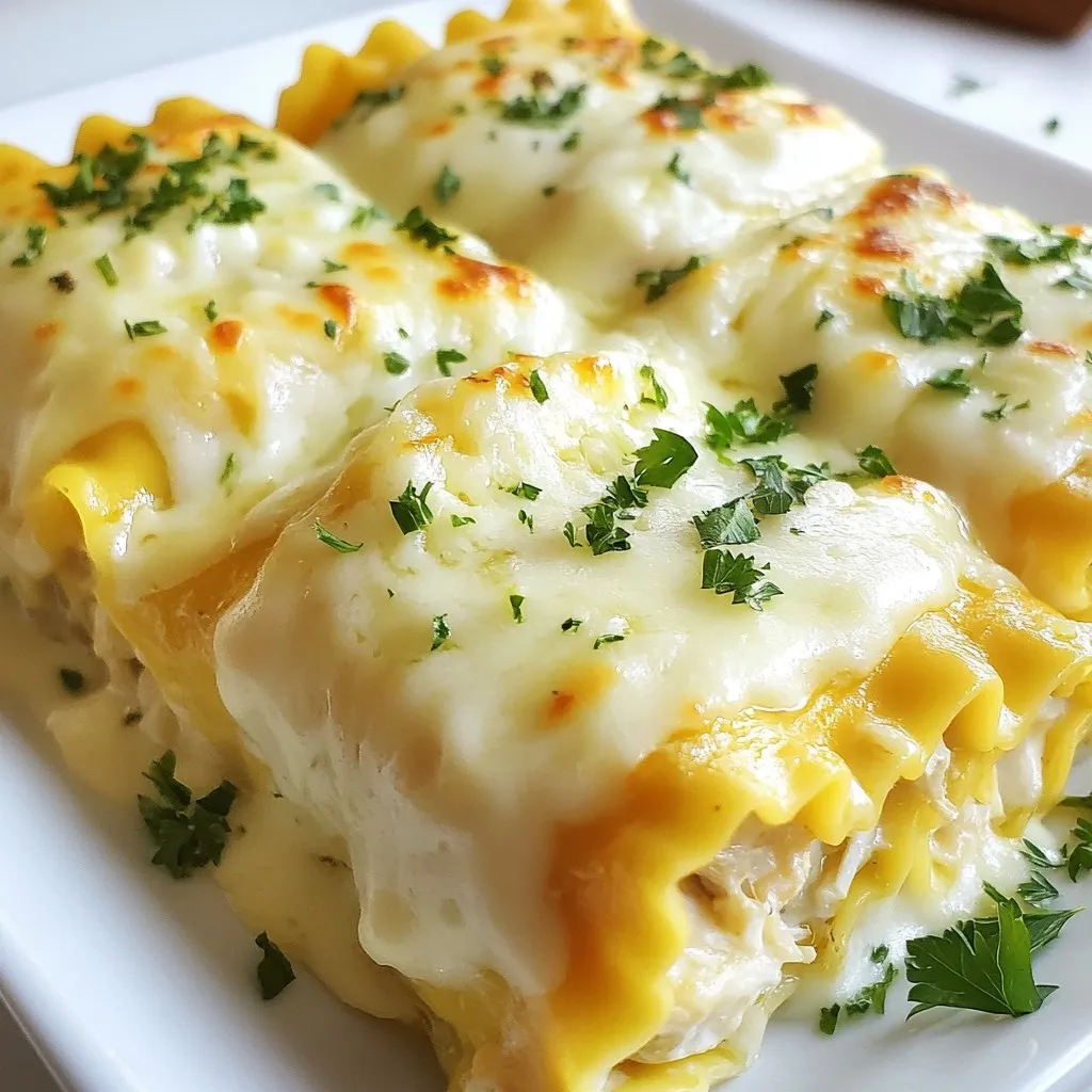 - 10 lasagna noodles - 2 cups cooked chicken, shredded - 1 cup ricotta cheese - 1 cup mozzarella cheese, shredded (plus extra for topping) - 1 cup Alfredo sauce (store-bought or homemade) - 1/2 cup grated Parmesan cheese - 1 teaspoon garlic powder - 1 teaspoon Italian seasoning - Salt and pepper to taste - Fresh parsley, chopped (for garnish) - Lasagna Noodles: You need 10 noodles. This serves as the base for our rolls. - Cooked Chicken: Use 2 cups of shredded chicken. This adds protein and flavor. - Ricotta Cheese: One cup is perfect for creaminess. - Mozzarella Cheese: One cup, plus more for topping. It melts beautifully. - Alfredo Sauce: One cup keeps the rolls moist and rich. - Parmesan Cheese: Half a cup adds a nice salty finish. - Garlic Powder: One teaspoon offers a nice flavor boost. - Italian Seasoning: One teaspoon brings in a mix of herbs. - Salt and Pepper: Use to taste for seasoning. - Fresh Parsley: Chopped for garnish adds color and freshness. - Lasagna Noodles: Barilla or Ronzoni work well. They hold up nicely. - Ricotta Cheese: Galbani is a great choice for its creaminess. - Mozzarella Cheese: Sargento or Kraft provides good melting quality. - Alfredo Sauce: Classico or Rao's Homemade gives rich flavor. - Parmesan Cheese: Grana Padano is a good option for taste. {{ingredient_image_2}} Start with a large pot of salted water. Bring it to a rolling boil. Carefully add the lasagna noodles to the pot. Cook the noodles as per the package instructions until they are al dente. This means they should still have a slight bite. Once they are done, drain the noodles. Immediately run them under cold water. This helps stop the cooking process. Set the noodles aside on a clean surface. Grab a large mixing bowl. Combine the shredded chicken with ricotta cheese. Add half of the shredded mozzarella, garlic powder, and Italian seasoning. Don’t forget to sprinkle in some salt and pepper for flavor. Use a spatula or wooden spoon to mix everything well. You want the filling to be smooth and creamy. This filling is key to your rolls, so make sure it’s packed with flavor. Now, let’s get rolling! On a clean plate, spread a thin layer of Alfredo sauce. Take one lasagna noodle and place about 2-3 tablespoons of the chicken filling at one end. Roll the noodle tightly around the filling. Make sure the filling is securely wrapped inside. Place each roll seam-side down in a greased baking dish. Repeat this until you use all the noodles and filling. Once all the rolls are ready, pour the remaining Alfredo sauce over them. Sprinkle the reserved mozzarella and grated Parmesan cheese on top. This will create a cheesy crust when baked. Preheat your oven to 375°F (190°C). Cover the dish with aluminum foil. Bake for 25 minutes. After that, remove the foil and bake for another 10-15 minutes. The cheese should be bubbly and golden brown. Enjoy the wonderful aroma filling your kitchen as the rolls bake! To keep your noodles from sticking, boil them in salted water. Salt helps flavor the noodles. Once they are cooked, drain them quickly. Rinse with cold water to stop the cooking. This also cools them down. Lay the noodles flat on a clean surface. You can even drizzle a bit of olive oil on them to help keep them separate. For the sauce, I recommend using a smooth Alfredo sauce. If you want a creamier texture, you can mix in a bit of heavy cream. You can also add a touch of garlic powder for more flavor. When you pour the sauce over the rolls, make sure it covers them evenly. This keeps them moist while baking and adds rich flavor. When serving, place each roll on a plate. Drizzle extra Alfredo sauce on top for a special touch. A sprinkle of fresh parsley adds color and taste. You can also serve a side salad for balance. This makes the meal feel complete and fresh. Enjoy the blend of flavors and textures in every bite! Pro Tips Don’t Overcook the Noodles: Cook the lasagna noodles until they are al dente, as they will continue to cook in the oven. This helps maintain the perfect texture. Mix It Up: Feel free to customize the filling by adding vegetables like spinach or mushrooms for extra flavor and nutrition. Use Homemade Sauce: For a richer flavor, consider making your own Alfredo sauce instead of using store-bought. It's easier than you think! Let It Rest: Allow the lasagna rolls to cool for a few minutes after baking. This helps them set and makes serving easier. {{image_4}} You can switch up the meat in this dish. If you prefer beef, use ground beef instead of chicken. Cook it in a pan until it’s brown. You can also use turkey for a leaner option. Shredded pork works well too. Adjust the seasonings to match your chosen meat for added flavor. If you want a meat-free meal, make this dish vegetarian. Replace the chicken with sautéed spinach, mushrooms, or zucchini. You can also add chopped bell peppers for crunch. Use extra ricotta or cottage cheese to keep it creamy. This way, you still get that rich taste without the meat. Don’t hesitate to add more flavors. Fresh herbs like basil or oregano can brighten up the dish. A pinch of red pepper flakes adds a nice kick. You can also mix in some sun-dried tomatoes for a tangy twist. Experimenting with flavors makes this dish your own! After enjoying your Chicken Alfredo Lasagna Rolls, store any leftovers in an airtight container. Place them in the fridge. They will stay fresh for about 3 to 4 days. Make sure to let them cool before sealing the container. This helps keep them from getting soggy. If you want to save some rolls for later, freezing is a great option. First, let the rolls cool completely. Then, wrap each roll tightly in plastic wrap. Place the wrapped rolls in a freezer-safe bag or container. They can last for up to 2 months in the freezer. When you're ready to enjoy them, just thaw them in the fridge overnight. To reheat your Chicken Alfredo Lasagna Rolls, preheat your oven to 350°F (175°C). Place the rolls in a baking dish. Add a splash of Alfredo sauce on top to keep them moist. Cover the dish with foil to prevent drying out. Bake for about 20 minutes, or until heated through. You can also use a microwave for quick reheating, but the oven gives the best texture. Enjoy your tasty meal again! Yes, you can use homemade Alfredo sauce. Making it fresh adds a great touch. A simple blend of butter, heavy cream, and Parmesan cheese works wonders. Just remember to season it well. This choice enhances the flavor of your Chicken Alfredo Lasagna Rolls. If you don't have ricotta cheese, try cottage cheese. It has a similar texture and taste. You can also use cream cheese for a rich flavor. Just blend it smooth before mixing it with chicken. These options keep your rolls creamy and tasty. Chicken Alfredo Lasagna Rolls last about three to four days in the fridge. Store them in an airtight container to keep them fresh. If you want to enjoy them later, consider freezing them for up to three months. Just reheat them well before serving. This blog post covered key details for making Chicken Alfredo Lasagna Rolls. We looked at ingredients, measurements, and recommended brands. You learned step-by-step how to prepare noodles, make filling, and bake rolls. I shared tips to avoid sticking noodles and perfect your sauce. We also explored variations, storage tips, and answered common questions. Now, you have all the tools to create delicious rolls. Enjoy experimenting with flavors and sharing with loved ones. Your cooking journey is just beginning!