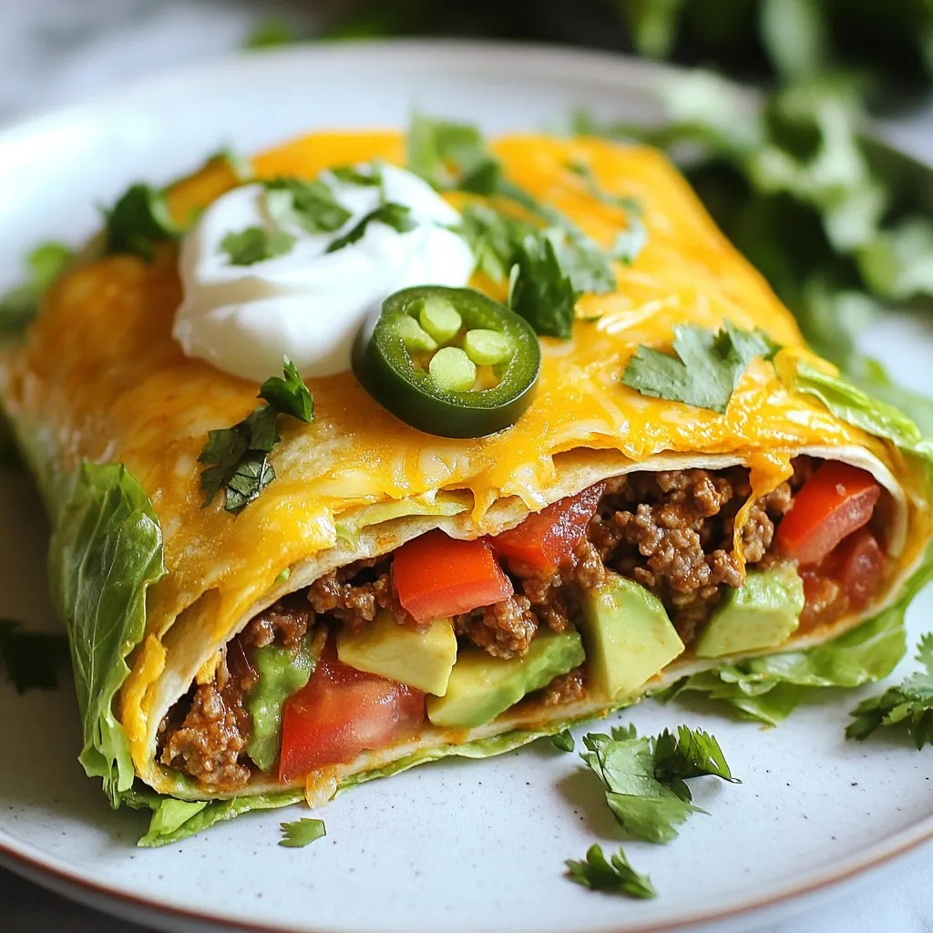 To make Keto Crunchwrap Supremes, gather these main ingredients: - 4 large lettuce leaves (butter or romaine) - 1 cup cooked ground beef or turkey - 1/2 cup shredded cheddar cheese - 1/2 cup sour cream or Greek yogurt - 1/2 large avocado, sliced - 1/4 cup diced tomatoes - 1/4 cup diced onions (optional) - 1/4 cup sliced jalapeños (optional) - 1 teaspoon taco seasoning - Olive oil spray or coconut oil (for cooking) - Salt and pepper to taste These ingredients provide a mix of flavors and textures. The lettuce serves as a wrap, holding all the tasty fillings inside. The meat adds protein, while cheese and sour cream bring creaminess. You can customize this with your favorite toppings. You can add more to your crunchwrap for extra flavor: - Fresh cilantro for a bright taste - Lime wedges for a zesty kick - Hot sauce for heat - Bell peppers for crunch - Green onions for a mild onion flavor These options let you personalize your crunchwrap. You can try different combinations to find what you enjoy most. A serving of these Keto Crunchwrap Supremes has great nutritional value. Here’s a rough breakdown: - Calories: About 400 - Protein: 30 grams - Carbohydrates: 10 grams - Fat: 30 grams This meal fits well within a keto diet. It’s low in carbs and high in healthy fats. Enjoying these will keep you full and satisfied without extra carbs. {{ingredient_image_2}} To start, heat a medium skillet on medium flame. Add 1 cup of cooked ground beef or turkey to the skillet. Sprinkle 1 teaspoon of taco seasoning over the meat. Stir well to mix the seasoning evenly. Cook for about 2-3 minutes until the meat is hot. Taste it and add salt and pepper as you like. Grab a large lettuce leaf, like butter or romaine, and lay it flat on a clean cutting board. In the center, add a good spoonful of the seasoned meat. Next, sprinkle 1/2 cup of shredded cheddar cheese on top. Then, add a dollop of 1/2 cup sour cream or Greek yogurt. After that, layer in 1/2 large avocado, sliced, and 1/4 cup diced tomatoes. If you want, add 1/4 cup diced onions and 1/4 cup sliced jalapeños for extra flavor. Now, fold the edges of the lettuce leaf towards the center. Make sure the filling is tucked in well. Preheat a non-stick skillet on medium heat. Lightly spray the bottom with olive oil or coconut oil. Place the folded crunchwrap seam side down in the skillet. Cook for 3-4 minutes until the bottom is golden brown and crispy. Carefully flip it over and cook for 2-3 minutes on the other side. When both sides are crispy and brown, take it out of the skillet. Slice it in half to see the tasty layers inside. Enjoy it warm for the best taste! To get a crispy crunchwrap, use medium heat. This helps cook it evenly. Spray your pan lightly with olive oil or coconut oil. This adds flavor and keeps it from sticking. Cook for 3-4 minutes on one side. Then, flip it and cook for 2-3 more minutes. You want both sides to be golden brown. Use taco seasoning to give your meat a punch of flavor. Adjust the amount to fit your taste. Add salt and pepper after cooking the meat. You can also mix in garlic powder or onion powder. These spices add depth to your crunchwrap. Don't forget to taste as you go! Make your crunchwrap look great on the plate. Cut it in half to show the layers. Serve it on a colorful platter. Add some diced tomatoes or extra avocado on the side. A sprinkle of fresh cilantro can brighten the dish. Lime wedges are a nice touch, too, for that zesty kick! Pro Tips Use Fresh Lettuce: Opt for fresh, crisp lettuce leaves to ensure your crunchwrap has the right texture and holds the fillings securely without tearing. Customize Your Fillings: Feel free to experiment with different proteins such as shredded chicken or grilled vegetables, and add your favorite toppings to make it your own. Get Creative with Seasoning: In addition to taco seasoning, consider adding spices like smoked paprika or cumin for an extra layer of flavor. Perfect Your Cooking Technique: To achieve a perfectly crispy exterior, ensure your skillet is adequately heated before adding the crunchwrap, and don’t overcrowd the pan. {{image_4}} You can swap ground beef for ground turkey or chicken. Both options are leaner, making them great for low-fat meals. Ground turkey has a mild taste, so add extra spices to boost flavor. Chicken works well too, especially if you use shredded cooked chicken. Just season it well, and it will shine in your crunchwrap. For a vegetarian option, swap the meat for black beans or lentils. Both add protein and fiber. You can also use tofu or tempeh for a vegan twist. Season them with taco spices for that classic crunchwrap flavor. Use dairy-free sour cream or yogurt to keep it vegan-friendly. This version is just as tasty and satisfying. To cut calories, use less cheese or skip it altogether. You can also reduce the amount of sour cream. Consider using a smaller lettuce leaf to trim down on carbs. Try adding more veggies like bell peppers or zucchini for bulk without the extra calories. These changes keep your crunchwrap light while still filling and fun to eat. To keep your Keto Crunchwrap Supremes fresh, let them cool first. Place leftovers in an airtight container. Store them in the fridge for up to three days. If you want to keep them longer, consider freezing. When it's time to enjoy your leftovers, you can reheat them. Use a skillet on medium heat. Cook each side for about 3-4 minutes until they are hot and crispy again. You can also use the oven. Preheat to 350°F (175°C) and bake for 10-15 minutes. To freeze your Crunchwraps, wrap each one tightly in plastic wrap and then in foil. They can stay in the freezer for up to two months. When you're ready to eat, thaw them in the fridge overnight before reheating. This method helps keep their texture and taste. Yes, you can prepare some parts ahead. Cook the meat and chop the veggies. Store them in the fridge. When ready, assemble and cook the crunchwrap. This saves time on busy days. You can use other low-carb wraps. Try cheese wraps or nori sheets. These options add flavor and keep it keto-friendly. Just make sure they hold the filling well. To keep it crispy, cook on medium heat. Use enough oil to coat the pan. Avoid overcrowding the pan, as this leads to steaming. Flip gently to avoid breakage. Enjoy the crunch! You now know how to make Keto Crunchwrap Supremes. We explored the main ingredients and tips for cooking them. You learned how to prepare, assemble, and cook your crunchwrap. I also shared fun variations and important storage info. Try new fillings and toppings to keep it fresh. Enjoy this dish your way! With some practice, you'll master this tasty meal. Bon appétit!