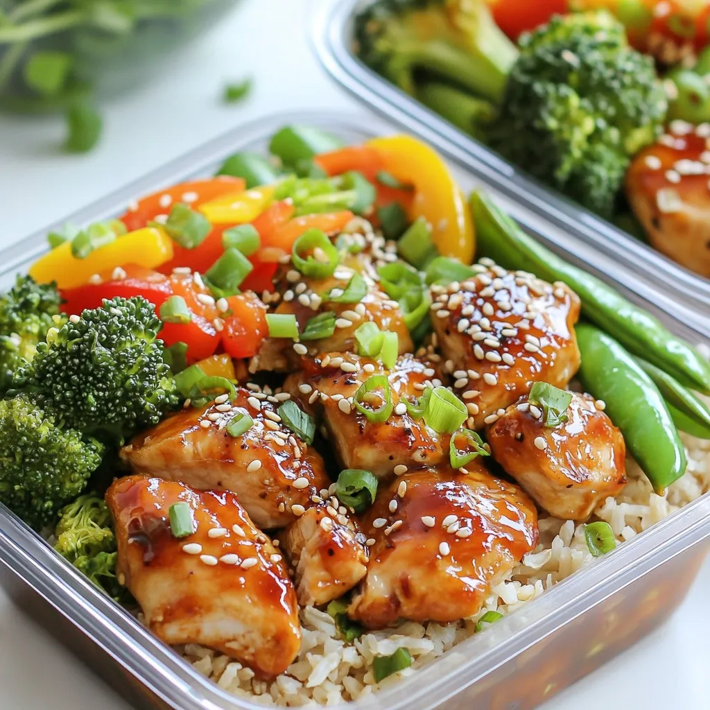 - 2 cups cooked brown rice - 1 lb boneless, skinless chicken thighs, diced into bite-sized pieces - 1 cup broccoli florets, washed and trimmed - 1 cup bell peppers, sliced (choose a colorful mix) - 1 cup snap peas, washed - 1 tablespoon olive oil - 1 tablespoon sesame oil - ½ cup low-sodium teriyaki sauce - 2 cloves garlic, finely minced - 1 inch piece of ginger, finely grated The heart of these meal prep bowls is the chicken and fresh veggies. The chicken thighs are juicy, and they soak up the teriyaki sauce well. Brown rice gives you good fiber and fills you up. The mix of broccoli, bell peppers, and snap peas adds color and crunch. - Sesame seeds, for garnish - Green onions, thinly sliced for garnish I love to add sesame seeds and green onions on top. They add a nice crunch and fresh taste. You can also add chili flakes if you like heat. - For a vegetarian option, swap chicken for tofu or chickpeas. - Use quinoa or cauliflower rice instead of brown rice for a low-carb choice. - For gluten-free, ensure you pick a gluten-free teriyaki sauce. These swaps keep the dish tasty while fitting different diets. You can customize your meal prep bowls to suit your needs and tastes! {{ingredient_image_2}} To start, you need to marinate the chicken. In a mixing bowl, add 1 pound of diced chicken thighs. Then, include 2 cloves of minced garlic and 1 inch of grated ginger. Pour in half of the ½ cup of low-sodium teriyaki sauce. Mix everything well so the chicken is fully coated. Cover the bowl with plastic wrap. Place it in the refrigerator for at least 30 minutes. For best flavor, marinate overnight. Next, it’s time to cook the chicken. Heat a large skillet on medium-high heat. Add 1 tablespoon of olive oil and 1 tablespoon of sesame oil. Wait until the oils are hot, then add the marinated chicken. Cook for 6 to 8 minutes. Stir occasionally until the chicken is browned and reaches an internal temperature of 165°F. After cooking the chicken, it’s time for the veggies. In the same skillet, add 1 cup of broccoli florets, 1 cup of sliced bell peppers, and 1 cup of snap peas. Stir-fry these vegetables for 5 to 7 minutes. You want them to be tender-crisp and colorful. Then, pour in the remaining teriyaki sauce. Mix it all well and cook for another 2 minutes. This helps the sauce thicken and coat the chicken and veggies. Now for the fun part—assembling the meal prep bowls! Divide 2 cups of cooked brown rice evenly among four containers. On top of the rice, add a generous portion of the teriyaki chicken and sautéed vegetables. Make sure to distribute everything evenly for a balanced meal. To make your meal prep bowls look great, add some garnishes. Sprinkle sesame seeds over each bowl. Then, add thinly sliced green onions for a fresh touch. This not only adds flavor but also makes your bowls pop with color. Finally, let the meal prep bowls cool to room temperature. Once cooled, seal each container with a lid. Store them in the refrigerator for up to 4 days. This way, you have healthy meals ready to enjoy all week long. To cook chicken thighs well, start with a good marinade. I recommend using garlic and ginger with teriyaki sauce. This gives the chicken great flavor. After marinating, heat your skillet to medium-high. Add olive oil and sesame oil. Make sure the oil is hot before adding the chicken. Cook for about 6-8 minutes. Stir occasionally to brown the chicken evenly. Always check that the chicken reaches 165°F. This ensures it is safe to eat. Using the right oils can enhance your dish. I love a mix of olive oil and sesame oil. The olive oil cooks well while the sesame oil adds a nutty flavor. You could also use avocado oil for high heat cooking. It has a light taste and works great in stir-fries. Avoid oils with strong flavors that can overpower your meal. Meal prep can save you time during the week. I suggest cooking your rice in bulk. You can make a large batch and use it for several meals. Also, chop your veggies ahead of time. Store them in the fridge for quick access. When you marinate the chicken, do it overnight if you can. This gives it more time to soak up the flavors. Finally, consider using a microwave for quick reheating. This keeps your meal prep simple and fast! Pro Tips Marination Time: Allow the chicken to marinate overnight for deeper flavor absorption, making each bite more delicious. Vegetable Crunch: For extra crunch, add carrots or water chestnuts to the stir-fry, enhancing texture and flavor. Rice Substitute: You can swap brown rice with quinoa or cauliflower rice for a lower-carb option. Storage Tips: Use glass containers for meal prep; they keep food fresh longer and are microwave-safe. {{image_4}} You can change up the protein in these meal prep bowls. Chicken is a classic choice. If you want something plant-based, try tofu. Tofu absorbs flavors well and gives a nice texture. For a seafood option, shrimp works beautifully too. Just remember to adjust cooking times. Shrimp cooks fast, while tofu may need a bit longer to crisp up. Feel free to mix and match your veggies. Seasonal vegetables keep your bowls fresh and exciting. Try carrots, zucchini, or asparagus when they are in season. You can also use green beans or mushrooms. Just chop them into similar sizes for even cooking. The key is to keep your colors bright and flavors bold. If you need a gluten-free version, look for gluten-free teriyaki sauce. Many brands offer this now, so check the label. You can also make your own using tamari or coconut aminos. Both options are great for adding that sweet and savory flavor without gluten. To keep your teriyaki chicken meal prep bowls fresh, let them cool first. Place each bowl in a meal prep container with a tight lid. This will keep the food safe and tasty. Use glass or BPA-free plastic containers for the best results. Store them in the refrigerator for easy access. When you're ready to eat, reheating is key. For best results, use a microwave-safe container. Heat the meal on medium power for about 2-3 minutes. Stir halfway through to ensure even heating. If you prefer, you can reheat on the stove. Just add a splash of water to keep it moist. Stir until hot. These meal prep bowls can last in the fridge for up to four days. Check for signs of spoilage before eating. If the chicken looks dry or has an off smell, it’s best to toss it. Also, if the vegetables appear mushy or discolored, do not eat them. Always trust your senses to keep your meals safe. Yes, you can freeze these meal prep bowls. Just make sure they cool down first. Use airtight containers or freezer bags to avoid air. They last for about three months in the freezer. When ready to eat, thaw overnight in the fridge. Reheat in the microwave or on the stove until hot. There are many great sides for these bowls. You can serve them with: - Steamed dumplings - Fresh salad - Edamame - Miso soup - Roasted sweet potatoes These sides bring extra flavor and texture. Marinate the chicken for at least 30 minutes. For a deeper flavor, let it sit overnight. This allows the garlic and ginger to soak in. You’ll get tender, tasty chicken for your bowls. Teriyaki sauce can be healthy in moderation. It has sugar, but you can choose low-sodium options. This helps reduce salt intake. Look for sauces with natural ingredients. Homemade teriyaki sauce is another great choice. Absolutely! Brown rice is a great choice for more fiber. Quinoa adds protein and is gluten-free. Both options fit well with teriyaki chicken. Use what you enjoy most for your meal prep bowls. You learned how to make teriyaki chicken meal prep bowls with great flavor and ease. We covered key ingredients, steps for cooking, and tips to ensure success. You can choose options to fit your diet, like tofu or gluten-free sauce. Storing and reheating are simple, keeping your meals fresh. With these ideas, you can enjoy delicious and healthy meals all week. Meal prepping saves time and makes eating right easy and fun. Enjoy your cooking and the tasty results!