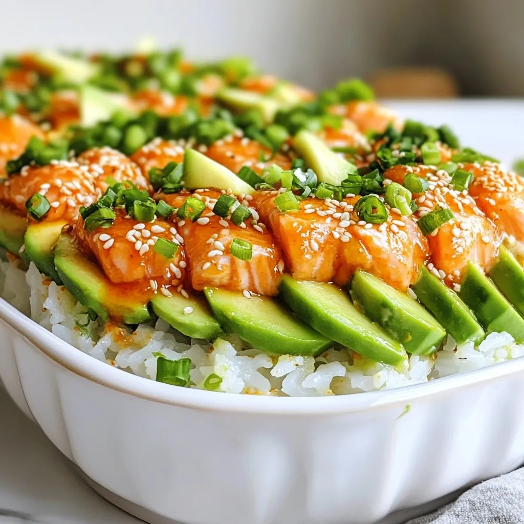 - 2 cups sushi rice - 2 ½ cups water - 1 tablespoon rice vinegar - 1 tablespoon sugar - 1 teaspoon salt - 8 ounces fresh salmon, skinless and finely chopped - 2 tablespoons sriracha sauce - 2 tablespoons mayonnaise - 1 ripe avocado, thinly sliced - 1 cucumber, julienned - 2 green onions, finely sliced - 1 sheet nori, cut into small squares - Toasted sesame seeds for garnish You can swap fresh salmon for canned salmon or tuna. This works well if you are short on time. For a lighter touch, use Greek yogurt instead of mayonnaise. It adds creaminess without too much fat. When it comes to rice, short-grain rice is best for sushi. If you can't find it, try medium-grain rice as a substitute. {{ingredient_image_2}} First, rinse the sushi rice. Place it in a bowl and run cold water over it. Keep rinsing until the water runs clear. This step removes extra starch. It helps the rice cook well. Next, cook the rice. In a medium saucepan, add the rinsed rice and water. Bring it to a boil on medium-high heat. Once boiling, lower the heat to low and cover the pan. Let it simmer for about 18 minutes. The water should be fully absorbed, and the rice should be tender. After cooking, take the pan off the heat. Keep it covered for ten more minutes. This steaming step makes the rice fluffy. In a small bowl, mix rice vinegar, sugar, and salt. Whisk until dissolved. Fluff the rice with a fork and fold in the vinegar mix. Set the rice aside to cool. Now, let’s make the spicy salmon mixture. Take a mixing bowl and add chopped salmon. Then, pour in the sriracha sauce and mayonnaise. Stir it well until everything blends smoothly. This mix gives your sushi bake its kick! Time to assemble! Grab a baking dish and spread an even layer of the cooled sushi rice on the bottom. Press it down gently to form a base. Next, spread the spicy salmon mixture evenly over the rice. Make sure all the rice gets covered. Preheat your oven to 400°F (200°C). Place the baking dish in the oven. Bake for 15 to 20 minutes. The salmon should turn opaque and be fully cooked. Once baked, take the dish out and let it cool for a few minutes. Finally, garnish the dish with sliced avocado, julienned cucumber, and chopped green onions. Sprinkle toasted sesame seeds on top for a nice finish. Enjoy your spicy salmon sushi bake warm! To make a great sushi bake, focus on the rice. Start with rinsing the sushi rice. Rinse it under cold water until the water runs clear. This step removes extra starch and helps the rice cook well. After rinsing, boil it in water. The rice should be sticky yet fluffy when cooked. Next, let's talk about the salmon. Use fresh salmon for the best flavor. Make sure to chop it finely. This helps it cook evenly. When you mix the salmon with sriracha and mayonnaise, combine them well. This mix gives the dish a creamy texture and a spicy kick. Presentation matters. Use a nice baking dish to show off your sushi bake. After baking, add toppings like avocado, cucumber, and green onions. These give color and crunch. Serve nori squares on the side. You can wrap bites in the nori or crumble it on top for added flavor. Pair your sushi bake with pickled ginger and soy sauce. These sides enhance the taste. They balance the spiciness of the dish and add layers of flavor. One big mistake is overcooking the salmon. Keep an eye on it while it bakes. Salmon should be opaque but still moist. Check it around the 15-minute mark. Another mistake is skipping the rice rinsing. This step is key for perfect rice. Not rinsing can lead to mushy or sticky rice, which won't hold up well in the bake. Take the time to rinse; your sushi bake will thank you! Pro Tips Perfectly Cooked Rice: Rinse your sushi rice thoroughly to remove excess starch, which helps achieve a perfect sticky texture that holds together well. Fresh Salmon Selection: Choose high-quality, sushi-grade salmon for the best flavor and safety. Always check for freshness and odor before purchasing. Spice Level Control: Adjust the amount of sriracha to suit your taste. If you're sensitive to spice, start with a smaller amount and gradually increase. Serving Suggestions: Serve with soy sauce, pickled ginger, and wasabi on the side for an authentic sushi experience that enhances the flavors. {{image_4}} You can change the spice level to fit your taste. Try using less sriracha for a mild flavor. If you want more heat, add chili paste or fresh jalapeños. You can also switch up the seafood. Shrimp and crab work great in this recipe. Just chop them finely and mix them with the sauces. If you prefer plant-based meals, you have options. Use cooked tofu or tempeh instead of salmon. You can also add more veggies like bell peppers or carrots. For a veggie sushi bake, layer your rice with these ingredients. Top it off with avocado and cucumber for a fresh taste. Toppings can take your sushi bake to the next level. Try sprinkling furikake on top for extra umami flavor. You can also add chili flakes for a spicy kick. Other great options include sliced radishes or sesame seeds. These toppings add crunch and flavor to your dish. To keep your spicy salmon sushi bake fresh, refrigerate it right away. Place it in an airtight container. Make sure it's sealed tight to prevent air from getting in. This will help keep the flavors intact. The sushi bake lasts about 2 to 3 days in the fridge. After that, it might not taste as good. When you want to enjoy leftovers, reheating is easy. You can use an oven or a microwave. If using an oven, preheat to 350°F (175°C). Cover the dish with foil to avoid drying it out. Heat for about 10-15 minutes. For the microwave, place a portion on a microwave-safe plate. Add a small splash of water to keep it moist. Heat in short bursts of 30 seconds until warm. This method helps maintain the texture and flavor. Enjoy your meal just like the first time! Yes, you can freeze Spicy Salmon Sushi Bake. To freeze, let it cool first. Cut it into portions. Wrap each piece tightly in plastic wrap. Then place them in a freezer bag. When you're ready to enjoy it, take it out. Thaw it overnight in the fridge. Reheat in the oven at 350°F (175°C) until warm. If you don't have sushi rice, you can use short-grain rice or jasmine rice. Both types can work well in this recipe. They hold moisture and shape nicely. Quinoa is another option, though it changes the texture. Just adjust the cooking method accordingly for these alternatives. To adjust the spice level, you can add more or less sriracha. Start with a small amount and taste as you mix. If you want less heat, reduce the sriracha. You can also add more mayonnaise for creaminess. For extra heat, mix in chili flakes or hot sauce when serving. This recipe can be gluten-free if you choose the right ingredients. The sushi rice and fresh salmon are gluten-free. However, ensure the sriracha and mayonnaise are gluten-free too. Some brands add gluten. Always check the labels before using them. In this article, we covered how to make a Spicy Salmon Sushi Bake, from key ingredients to step-by-step instructions. We explored tips for perfect texture, common mistakes to avoid, and delicious variations. Remember, adjusting the spice level and using substitutes can make this dish work for everyone. Enjoy experimenting with toppings and serving suggestions to make it your own. Your sushi bake journey is just beginning, and I hope you feel inspired to create a dish your whole family will love.
