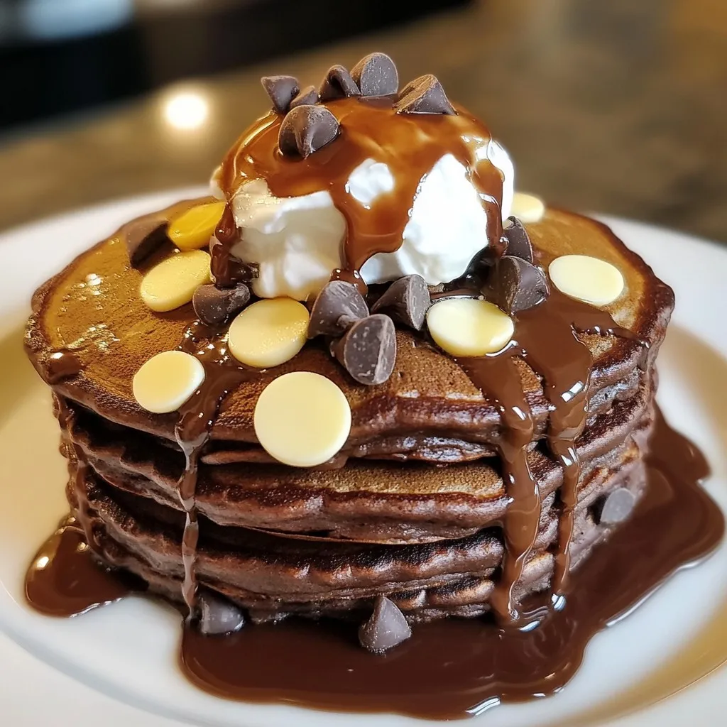 - 1 cup all-purpose flour - 1/2 cup unsweetened cocoa powder - 1/4 cup granulated sugar - 2 tablespoons brown sugar - 2 teaspoons baking powder - 1/2 teaspoon baking soda - 1/4 teaspoon salt - 1 cup buttermilk (or milk with vinegar) - 1 large egg - 2 tablespoons melted butter (plus extra for greasing) - 1/2 cup semi-sweet chocolate chips - 1/2 cup white chocolate chips - Optional toppings: whipped cream, chocolate syrup These ingredients create the base for your delicious ultimate double chocolate pancakes. The all-purpose flour gives structure, while cocoa powder adds rich chocolate flavor. Granulated and brown sugars sweeten the batter, giving it a lovely depth. Baking powder and baking soda help the pancakes rise. The salt balances the sweetness and enhances the chocolate taste. Buttermilk makes the pancakes tender and fluffy. If you don’t have buttermilk, you can mix regular milk with vinegar for a quick substitute. The egg binds the batter, while melted butter adds richness. Semi-sweet and white chocolate chips provide that double chocolate flavor that makes these pancakes a treat. Feel free to add whipped cream and chocolate syrup as toppings for extra indulgence. Enjoy the process of gathering these ingredients; it’s the first step to a delightful breakfast! {{ingredient_image_2}} First, get a large mixing bowl. Sift together these dry ingredients: - 1 cup all-purpose flour - 1/2 cup unsweetened cocoa powder - 1/4 cup granulated sugar - 2 tablespoons brown sugar - 2 teaspoons baking powder - 1/2 teaspoon baking soda - 1/4 teaspoon salt Make sure to stir well. This helps combine everything and removes any lumps. A smooth mix is key for perfect pancakes. In another bowl, whisk together: - 1 cup buttermilk (or milk mixed with vinegar) - 1 large egg - 2 tablespoons melted butter Whisk until the mixture is smooth. This step is crucial. A well-mixed wet blend leads to a better batter. Now, slowly pour the wet mixture into the dry ingredients. Use a spatula or wooden spoon to mix gently. Stir just until combined. It’s okay if there are small lumps. Overmixing will make your pancakes tough, not fluffy. Then, fold in: - 1/2 cup semi-sweet chocolate chips - 1/2 cup white chocolate chips This adds a delightful chocolate experience to each bite. Next, preheat a non-stick skillet or griddle over medium heat. Add a little butter to grease the pan. This stops the pancakes from sticking. For each pancake, pour about 1/4 cup of batter onto the skillet. Cook for 2-3 minutes. Look for bubbles on the surface and set edges. Carefully flip the pancake using a spatula. Cook for another 2-3 minutes until golden brown. If you have more batter, repeat the cooking steps. Keep adding butter to the skillet to prevent sticking. To keep pancakes warm, place them on a baking sheet in a low oven (around 200°F/93°C). This way, all your pancakes stay nice and warm until ready to serve. To get fluffy pancakes, you must not overmix the batter. Mix just until you see no dry flour. It’s okay if there are lumps. Overmixing can make pancakes tough and flat. Cook the pancakes for 2-3 minutes until bubbles form and the edges look set. Then, flip them carefully and cook for another 2-3 minutes. They should be golden brown when done. For the best chocolate flavor, try using different chocolate chips. You can mix semi-sweet with dark chocolate chips for a richer taste. You can also add more cocoa powder if you want a deeper chocolate flavor. Just keep a balance so it doesn’t become too dry. A little extra sweetness from the chocolate can also enhance the flavor. Presentation is key! Stack your pancakes high on a large plate. Drizzle chocolate syrup over the top and let it drip down the sides. Add a dollop of whipped cream on top for extra creaminess. You can also sprinkle more chocolate chips for a fun touch. Pair these pancakes with fresh fruit or ice cream for a tasty twist! Pro Tips Use Room Temperature Ingredients: For the best results, ensure your buttermilk and egg are at room temperature. This helps the batter combine more smoothly and results in fluffier pancakes. Don’t Overmix: When combining wet and dry ingredients, mix until just combined. A few lumps are okay! Overmixing can lead to dense pancakes. Check Your Heat: If your pancakes are browning too quickly, reduce the heat. Medium-low heat is often ideal for even cooking without burning. Experiment with Toppings: Get creative! Besides whipped cream and chocolate syrup, try adding fresh berries, crushed nuts, or even a drizzle of peanut butter for a unique twist. {{image_4}} If you want to make these pancakes gluten-free, try using almond flour or oat flour. Both work well and still taste great. You can find these flours at most grocery stores. For a dairy-free option, swap buttermilk with a mix of regular milk and one tablespoon of vinegar. This creates a similar tangy flavor. You can also use coconut oil or a plant-based butter instead of regular butter. To enhance the flavor, add a teaspoon of cinnamon or a splash of vanilla extract. These spices will bring out the chocolate taste even more. If you want to add fruit, bananas or raspberries are perfect choices. Slice the bananas and fold them into the batter. For raspberries, gently mix them in to avoid smashing them. Both options add a fresh twist to the pancakes. These pancakes can work for both breakfast and dessert. You can serve them with a drizzle of syrup for breakfast. For dessert, try adding a scoop of ice cream on top. Unique toppings can elevate your pancakes. Consider using fruit compote or caramel sauce instead of regular syrup. You can also add whipped cream and extra chocolate chips for a fun touch. To keep your leftover pancakes fresh, place them in an airtight container. You can stack them with parchment paper in between to stop sticking. If you want to freeze them, wrap each pancake in plastic wrap. This keeps them safe from freezer burn. To reheat pancakes, use a microwave. Heat on medium for about 20-30 seconds. You can also use a skillet. Just heat it on low and add a little butter. Cook each side for about a minute. This keeps them soft and tasty. In the fridge, pancakes last about 3-4 days. Make sure to check for any signs of spoilage. If you freeze them, they can last up to 2 months. Just remember to label the bag with the date. This helps keep track of their freshness. Yes, you can use regular milk. To make a buttermilk substitute, mix 1 cup of milk with 1 tablespoon of vinegar. Let it sit for five minutes. This mix will give your pancakes a nice tang, just like buttermilk. To reduce sweetness, cut the sugar by a few tablespoons. You can try using just 2 tablespoons of granulated sugar instead of 1/4 cup. If you want more chocolate taste, consider adding extra cocoa powder instead of sugar. Use parchment paper between your pancakes when stacking. This will keep them from sticking together. You can also place them on a warm plate with a little butter spread on it. This method ensures your pancakes maintain their shape. Yes, you can make the batter ahead. Store it in the fridge for up to 24 hours. Just remember to give it a gentle stir before using. The batter may thicken a bit, but it will still work great for your pancakes. This post covered everything you need to make delicious chocolate pancakes. We went over the list of ingredients, step-by-step instructions, and helpful tips. You can even modify the recipe for different diets or flavors. Remember, not overmixing is key for fluffiness. Store leftovers properly for later enjoyment. With these tips, enjoy serving these pancakes for breakfast or dessert. Now, go ahead and create your perfect stack!