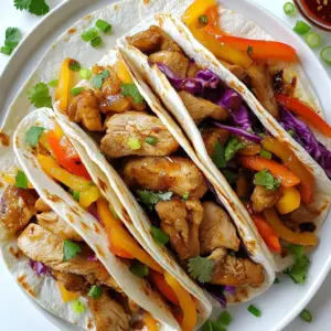 For these tasty wraps, you will need the following main ingredients: - 2 boneless, skinless chicken breasts - 1/4 cup teriyaki sauce - 1 tablespoon sesame oil - 1 cup bell peppers (a mix of red, yellow, and green), thinly sliced - 1/2 cup carrots, julienned - 1/4 cup red cabbage, finely shredded - 4 large whole wheat tortillas - 1/4 cup fresh cilantro, chopped - 1/4 cup green onions, chopped These ingredients combine to create a flavorful meal that pleases everyone. You can customize your wraps with these optional ingredients: - Sriracha or chili flakes for extra heat - Avocado slices for creaminess - Cucumber ribbons for freshness - Spinach leaves for added crunch If you need substitutes, you can use chicken thighs instead of breasts. Try tamari sauce if you prefer a gluten-free option. Each wrap packs a punch with nutrition. Here's a quick look: - Calories: About 300 per wrap - Protein: 25 grams from chicken - Carbs: 30 grams from tortillas and veggies - Fats: 10 grams mainly from sesame oil Teriyaki chicken wraps are a balanced meal option. Enjoy them for lunch or dinner! {{ingredient_image_2}} First, take two boneless, skinless chicken breasts. Place them in a bowl. Pour in 1/4 cup of teriyaki sauce. Mix well to coat the chicken fully. Cover the bowl and let it sit for at least 30 minutes at room temperature. For a better taste, refrigerate it for up to one hour. This helps the chicken absorb the flavor. Next, heat 1 tablespoon of sesame oil in a non-stick skillet over medium heat. Once hot, add the marinated chicken breasts. Cook each side for about 6 to 7 minutes. Check that the chicken reaches an internal temperature of 165°F (75°C). It should have a nice glaze from the teriyaki sauce. After cooking, remove the chicken from the skillet. Let it rest for a few minutes. This helps keep it juicy. Slice the chicken into thin strips for easy layering. In the same skillet, add 1 cup of thinly sliced bell peppers and 1/2 cup of julienned carrots. Stir-fry for 3 to 4 minutes. You want them soft but still crunchy. Now, grab 4 large whole wheat tortillas. Lay each tortilla flat on a clean surface. Start by layering the sliced chicken strips on each tortilla. Next, add the stir-fried vegetables and 1/4 cup of finely shredded red cabbage. Top with 1/4 cup of chopped cilantro and 1/4 cup of chopped green onions. If you like heat, drizzle some Sriracha or sprinkle chili flakes on top. To wrap, start at one end of the tortilla. Roll it tightly while tucking in the sides toward the center. This keeps the filling inside. Slice each wrap in half diagonally for a nice look and easier eating. Serve the wraps warm, or wrap them in foil for a quick lunch! To cook chicken just right, start with marinating. Use teriyaki sauce for flavor. Let the chicken sit for at least 30 minutes. If possible, refrigerate it for an hour. This helps the meat soak up the taste. When cooking, use medium heat. Sauté each side for 6-7 minutes until the chicken reaches 165°F. Always let the chicken rest before slicing. This keeps it juicy. For the best veggies, heat sesame oil in your pan. Add the bell peppers and carrots. Cook them for about 3-4 minutes. You want them soft yet still crunchy. Stir often to keep them from burning. The colors should be bright. This makes your wraps look tasty and fresh. How you serve your wraps matters. Place them on a wooden platter for a rustic look. Garnish with extra cilantro and lime wedges. This adds color and freshness. Cut the wraps in half diagonally for easy eating. This also shows off the colorful filling inside. These small details make your meal more appealing. Enjoy sharing these wraps with friends and family! Pro Tips Marinating Time: For the best flavor, marinate the chicken for at least 1 hour in the refrigerator; this allows the teriyaki sauce to penetrate deeply. Vegetable Crunch: Stir-fry the vegetables just until they are tender-crisp to maintain their vibrant color and crunchiness in the wraps. Tortilla Warmth: Warm the tortillas in a dry skillet for a few seconds on each side before wrapping; this makes them more pliable and easier to roll. Presentation: Serve the wraps cut diagonally on a wooden platter, garnished with lime wedges and extra cilantro for an appealing presentation. {{image_4}} You can easily make a vegetarian version of teriyaki wraps. Start by replacing chicken with tofu or tempeh. - Ingredients: - 1 block of firm tofu or tempeh - 1/4 cup teriyaki sauce - Use the same vegetables as in the chicken wrap. To prepare, press the tofu to remove extra water. Cut it into strips and marinate it in teriyaki sauce for 30 minutes. After marinating, sauté it until golden brown. Follow the same steps to assemble your wrap. While teriyaki sauce is a favorite, you can mix it up! Here are some tasty options: - Soy Sauce: A classic flavor that works well. - Hoisin Sauce: Adds a sweet and thick touch. - Peanut Sauce: Gives a rich, nutty flavor. Feel free to experiment. Each sauce can change the whole taste of your wrap! You can add fun fillings to make your wraps even better. Here are some ideas: - Avocado: Creamy and rich, it balances the flavors. - Cucumber: Adds crunch and freshness. - Mango: Sweetness pairs nicely with teriyaki. Mix and match these fillings to create your perfect wrap. Enjoy the fun of making a meal just the way you like it! To store your leftover teriyaki chicken wraps, let them cool first. Place each wrap in a single layer in an airtight container. Use parchment paper between layers if stacking. This keeps them fresh and prevents sogginess. Store in the fridge for up to three days. To reheat, unwrap the wrap from any foil or plastic. Place it in a microwave-safe dish. Heat for about one to two minutes, or until warm. If you prefer a crispy wrap, use a skillet. Heat it over medium heat for about three to four minutes on each side. This method keeps the wrap crispy and tasty. If you want to freeze your wraps, make them without any fresh herbs or sauces. Wrap them tightly in plastic wrap, then place them in a freezer bag. They can stay good for up to three months. When ready to eat, thaw in the fridge overnight before reheating. This keeps them fresh and delicious for later enjoyment. You can marinate chicken in teriyaki sauce for 30 minutes at room temperature. For more flavor, refrigerate it for up to 1 hour. This gives the chicken time to soak in the sauce and become tender. The longer it marinates, the more flavor it gains, but do not marinate it for too long. Over-marinating can make the chicken mushy. Yes, you can make teriyaki chicken wraps ahead of time. Prepare the chicken and veggies, then wrap them up. Store them in the fridge for up to a day. When you are ready to eat, just unwrap and enjoy. If you want to keep them fresh, wrap each one in foil. This keeps them tasty and easy to grab for lunch. Teriyaki chicken wraps go well with many sides. You can serve them with a crisp salad or some steamed rice. Here are some great choices: - Edamame pods - Cucumber salad - Sweet potato fries - Miso soup These sides add taste and texture. Feel free to mix and match to find your favorite pairings! Teriyaki chicken wraps are easy and fun to make. You learned about key ingredients, from chicken to sauces. I shared tips for cooking chicken perfectly and sautéing veggies right. We explored yummy variations, including a vegetarian option. Proper storage and reheating keep your wraps fresh for later. Enjoy your delicious teriyaki wraps! Explore new flavors and share with friends. Make them your own!