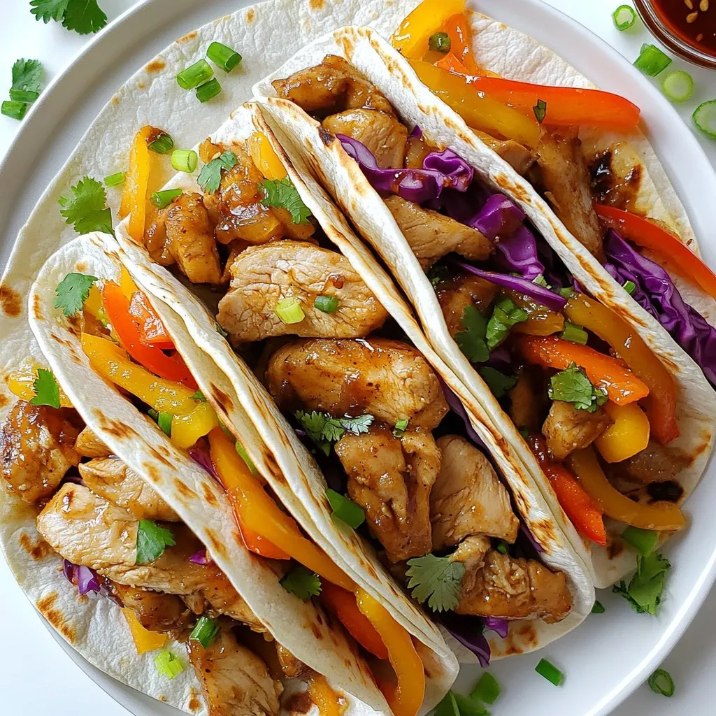 For these tasty wraps, you will need the following main ingredients: - 2 boneless, skinless chicken breasts - 1/4 cup teriyaki sauce - 1 tablespoon sesame oil - 1 cup bell peppers (a mix of red, yellow, and green), thinly sliced - 1/2 cup carrots, julienned - 1/4 cup red cabbage, finely shredded - 4 large whole wheat tortillas - 1/4 cup fresh cilantro, chopped - 1/4 cup green onions, chopped These ingredients combine to create a flavorful meal that pleases everyone. You can customize your wraps with these optional ingredients: - Sriracha or chili flakes for extra heat - Avocado slices for creaminess - Cucumber ribbons for freshness - Spinach leaves for added crunch If you need substitutes, you can use chicken thighs instead of breasts. Try tamari sauce if you prefer a gluten-free option. Each wrap packs a punch with nutrition. Here's a quick look: - Calories: About 300 per wrap - Protein: 25 grams from chicken - Carbs: 30 grams from tortillas and veggies - Fats: 10 grams mainly from sesame oil Teriyaki chicken wraps are a balanced meal option. Enjoy them for lunch or dinner! {{ingredient_image_2}} First, take two boneless, skinless chicken breasts. Place them in a bowl. Pour in 1/4 cup of teriyaki sauce. Mix well to coat the chicken fully. Cover the bowl and let it sit for at least 30 minutes at room temperature. For a better taste, refrigerate it for up to one hour. This helps the chicken absorb the flavor. Next, heat 1 tablespoon of sesame oil in a non-stick skillet over medium heat. Once hot, add the marinated chicken breasts. Cook each side for about 6 to 7 minutes. Check that the chicken reaches an internal temperature of 165°F (75°C). It should have a nice glaze from the teriyaki sauce. After cooking, remove the chicken from the skillet. Let it rest for a few minutes. This helps keep it juicy. Slice the chicken into thin strips for easy layering. In the same skillet, add 1 cup of thinly sliced bell peppers and 1/2 cup of julienned carrots. Stir-fry for 3 to 4 minutes. You want them soft but still crunchy. Now, grab 4 large whole wheat tortillas. Lay each tortilla flat on a clean surface. Start by layering the sliced chicken strips on each tortilla. Next, add the stir-fried vegetables and 1/4 cup of finely shredded red cabbage. Top with 1/4 cup of chopped cilantro and 1/4 cup of chopped green onions. If you like heat, drizzle some Sriracha or sprinkle chili flakes on top. To wrap, start at one end of the tortilla. Roll it tightly while tucking in the sides toward the center. This keeps the filling inside. Slice each wrap in half diagonally for a nice look and easier eating. Serve the wraps warm, or wrap them in foil for a quick lunch! To cook chicken just right, start with marinating. Use teriyaki sauce for flavor. Let the chicken sit for at least 30 minutes. If possible, refrigerate it for an hour. This helps the meat soak up the taste. When cooking, use medium heat. Sauté each side for 6-7 minutes until the chicken reaches 165°F. Always let the chicken rest before slicing. This keeps it juicy. For the best veggies, heat sesame oil in your pan. Add the bell peppers and carrots. Cook them for about 3-4 minutes. You want them soft yet still crunchy. Stir often to keep them from burning. The colors should be bright. This makes your wraps look tasty and fresh. How you serve your wraps matters. Place them on a wooden platter for a rustic look. Garnish with extra cilantro and lime wedges. This adds color and freshness. Cut the wraps in half diagonally for easy eating. This also shows off the colorful filling inside. These small details make your meal more appealing. Enjoy sharing these wraps with friends and family! Pro Tips Marinating Time: For the best flavor, marinate the chicken for at least 1 hour in the refrigerator; this allows the teriyaki sauce to penetrate deeply. Vegetable Crunch: Stir-fry the vegetables just until they are tender-crisp to maintain their vibrant color and crunchiness in the wraps. Tortilla Warmth: Warm the tortillas in a dry skillet for a few seconds on each side before wrapping; this makes them more pliable and easier to roll. Presentation: Serve the wraps cut diagonally on a wooden platter, garnished with lime wedges and extra cilantro for an appealing presentation. {{image_4}} You can easily make a vegetarian version of teriyaki wraps. Start by replacing chicken with tofu or tempeh. - Ingredients: - 1 block of firm tofu or tempeh - 1/4 cup teriyaki sauce - Use the same vegetables as in the chicken wrap. To prepare, press the tofu to remove extra water. Cut it into strips and marinate it in teriyaki sauce for 30 minutes. After marinating, sauté it until golden brown. Follow the same steps to assemble your wrap. While teriyaki sauce is a favorite, you can mix it up! Here are some tasty options: - Soy Sauce: A classic flavor that works well. - Hoisin Sauce: Adds a sweet and thick touch. - Peanut Sauce: Gives a rich, nutty flavor. Feel free to experiment. Each sauce can change the whole taste of your wrap! You can add fun fillings to make your wraps even better. Here are some ideas: - Avocado: Creamy and rich, it balances the flavors. - Cucumber: Adds crunch and freshness. - Mango: Sweetness pairs nicely with teriyaki. Mix and match these fillings to create your perfect wrap. Enjoy the fun of making a meal just the way you like it! To store your leftover teriyaki chicken wraps, let them cool first. Place each wrap in a single layer in an airtight container. Use parchment paper between layers if stacking. This keeps them fresh and prevents sogginess. Store in the fridge for up to three days. To reheat, unwrap the wrap from any foil or plastic. Place it in a microwave-safe dish. Heat for about one to two minutes, or until warm. If you prefer a crispy wrap, use a skillet. Heat it over medium heat for about three to four minutes on each side. This method keeps the wrap crispy and tasty. If you want to freeze your wraps, make them without any fresh herbs or sauces. Wrap them tightly in plastic wrap, then place them in a freezer bag. They can stay good for up to three months. When ready to eat, thaw in the fridge overnight before reheating. This keeps them fresh and delicious for later enjoyment. You can marinate chicken in teriyaki sauce for 30 minutes at room temperature. For more flavor, refrigerate it for up to 1 hour. This gives the chicken time to soak in the sauce and become tender. The longer it marinates, the more flavor it gains, but do not marinate it for too long. Over-marinating can make the chicken mushy. Yes, you can make teriyaki chicken wraps ahead of time. Prepare the chicken and veggies, then wrap them up. Store them in the fridge for up to a day. When you are ready to eat, just unwrap and enjoy. If you want to keep them fresh, wrap each one in foil. This keeps them tasty and easy to grab for lunch. Teriyaki chicken wraps go well with many sides. You can serve them with a crisp salad or some steamed rice. Here are some great choices: - Edamame pods - Cucumber salad - Sweet potato fries - Miso soup These sides add taste and texture. Feel free to mix and match to find your favorite pairings! Teriyaki chicken wraps are easy and fun to make. You learned about key ingredients, from chicken to sauces. I shared tips for cooking chicken perfectly and sautéing veggies right. We explored yummy variations, including a vegetarian option. Proper storage and reheating keep your wraps fresh for later. Enjoy your delicious teriyaki wraps! Explore new flavors and share with friends. Make them your own!