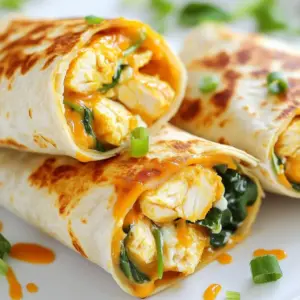 - 2 boneless, skinless chicken breasts, diced into bite-sized pieces - 4 cloves of garlic, minced finely - 1 tablespoon olive oil - 1 teaspoon smoked paprika - 1 teaspoon dried oregano - Salt and freshly cracked pepper to taste - &frac12; cup cream cheese, softened to room temperature - &frac12; cup shredded mozzarella cheese These main ingredients create a rich and flavorful filling. The chicken gives protein, while garlic adds a nice kick. Olive oil helps with cooking and adds flavor. Spices like smoked paprika and oregano enhance the taste. Cream cheese and mozzarella make the filling gooey and cheesy. - 1 cup fresh spinach leaves, washed and dried - &frac14; cup green onions, finely chopped - Optional: Sriracha sauce for an extra kick of heat Adding fresh spinach brings a pop of color and nutrients. Green onions give a mild onion flavor. If you like heat, drizzle Sriracha over the filling. It adds a spicy surprise that many enjoy. - 4 large flour tortillas - Potential gluten-free options I recommend using large flour tortillas for wrapping. They are soft and hold the filling well. If you need gluten-free options, look for corn tortillas or gluten-free wraps. They work nicely too and keep the meal enjoyable for everyone. {{ingredient_image_2}} Heat a tablespoon of olive oil in a large skillet over medium heat. When the oil shimmers, add four minced garlic cloves. Saut&eacute; the garlic for about one minute. Keep an eye on it to prevent burning. You want it fragrant, not brown. Next, add two diced chicken breasts. Season the chicken with one teaspoon of smoked paprika, one teaspoon of dried oregano, salt, and pepper. Cook the chicken for six to eight minutes. Stir it often until it&rsquo;s fully cooked and no longer pink. Once the chicken is cooked, lower the heat. Add half a cup of softened cream cheese and half a cup of shredded mozzarella cheese to the skillet. Stir everything gently. Keep mixing until the cheeses melt, creating a smooth and gooey filling. This is the moment where your taste buds will start to tingle! Prepare your workspace by laying out four large flour tortillas. Divide the gooey chicken mixture evenly among the tortillas. Place the filling in the center of each tortilla. Top the filling with fresh spinach leaves and chopped green onions. If you like heat, drizzle some Sriracha sauce over the filling. Now, let&rsquo;s wrap them up! Fold the sides of each tortilla in first. Then roll it tightly from the bottom to the top. Make sure the filling is completely enclosed. Return the skillet to the heat. Place the wraps seam-side down in the skillet. Cook each side for about two to three minutes. You want them golden brown and crispy. This crispiness adds a delightful crunch to the wraps. Enjoy that golden perfection! - Prepping ingredients in advance: Chop garlic, chicken, and green onions before cooking. This saves time during the actual cooking process. - Cooking chicken efficiently: Cut chicken into small pieces. Smaller pieces cook faster and more evenly. - Cheese recommendations: I love using cream cheese and mozzarella. These two create a rich, gooey filling. You can also try gouda or cheddar for a twist. - Avoiding overcooked garlic: Watch the garlic closely! Saut&eacute; for only about a minute until fragrant. Burnt garlic can spoil the dish's flavor. - Serving suggestions: Cut each wrap diagonally. This shows off the gooey filling. Arrange them on a plate for a beautiful display. - Dipping sauce pairings: Try ranch or spicy Sriracha for dipping. Both add great flavor and enhance the experience. Pro Tips Fresh Garlic Matters: Always use fresh garlic for the best flavor. Pre-minced garlic can lack the pungency and freshness that elevates this dish. Cheese Temperature: Ensure your cream cheese is softened to room temperature for easier mixing. This will create a smoother, gooier filling. Perfectly Crispy Wraps: For extra crunch, spray the outside of the wraps with a little cooking spray before placing them in the skillet. Customize Your Heat: Adjust the amount of Sriracha to your taste. Start with a small drizzle and add more if you like it spicier! {{image_4}} You can make these wraps spicy. Add hot sauce or chopped jalape&ntilde;os. This brings heat and flavor. Adjust your seasonings to match your spice level. A dash of cayenne pepper works too. This change adds a fun kick. You can swap chicken for plant-based protein. Try diced tofu or chickpeas. These options give you a tasty twist. Add more veggies like bell peppers or mushrooms. They add color and crunch. This way, everyone can enjoy the wraps. Different cheeses can boost flavor. Try pepper jack for extra heat. You can also mix in cheddar for more richness. Use flavored tortillas like sun-dried tomato or spinach. This adds even more taste. Get creative and make it your own! To keep your leftover wraps fresh, wrap them tightly in plastic wrap or place them in an airtight container. This helps prevent them from drying out. You can store them in the fridge for up to three days. I suggest eating them within two days for the best taste and texture. If you want to save some wraps for later, freezing is a great option. First, let the wraps cool completely. Then, wrap each one in foil or plastic wrap. Place them in a freezer-safe bag. They will last up to three months in the freezer. When you're ready to eat them, thaw them overnight in the fridge. To reheat, place the wraps in a skillet over medium heat. Cook each side for about 5-7 minutes until warm. This keeps the outside crispy. You can also use an oven set to 350&deg;F for about 10-15 minutes. Enjoy your gooey goodness! Yes, you can switch the chicken for other meats. Here are some great options: - Turkey: Lean and easy to cook. - Pork: Diced pork tenderloin works well. - Beef: Use ground beef or diced steak for a hearty twist. - Shrimp: Quick-cooking and adds a nice flavor. Feel free to adjust your spices based on the meat you choose. Each option brings a new taste to the wraps. Making these wraps healthier is easy. Here are some ideas: - Use whole wheat tortillas: They add fiber and nutrients. - Choose lean chicken breast: Opt for skinless to cut fat. - Swap cream cheese for Greek yogurt: This will lower calories and add protein. - Add more veggies: You can include bell peppers, zucchini, or broccoli for extra nutrition. These small changes can make your meal lighter without losing flavor. These wraps taste great with several sides and drinks. Here are some ideas: - Side dishes: - Fresh salad with a light vinaigrette. - Roasted vegetables for a warm side. - Sweet potato fries for a fun crunch. - Beverage pairings: - A cold iced tea complements the wraps well. - Lemonade adds a fresh twist. - Light beer or a crisp white wine works, too. Choosing the right sides and drinks enhances your meal experience. In this post, we explored how to make gooey garlic chicken wraps from scratch. You learned about key ingredients like chicken, garlic, and cheese. I shared tips for preparing the filling and assembling the wraps for the best texture. You now know variations for spice and vegetarian options. As you try these wraps, remember to experiment with flavors. Enjoy the process and make it your own!
