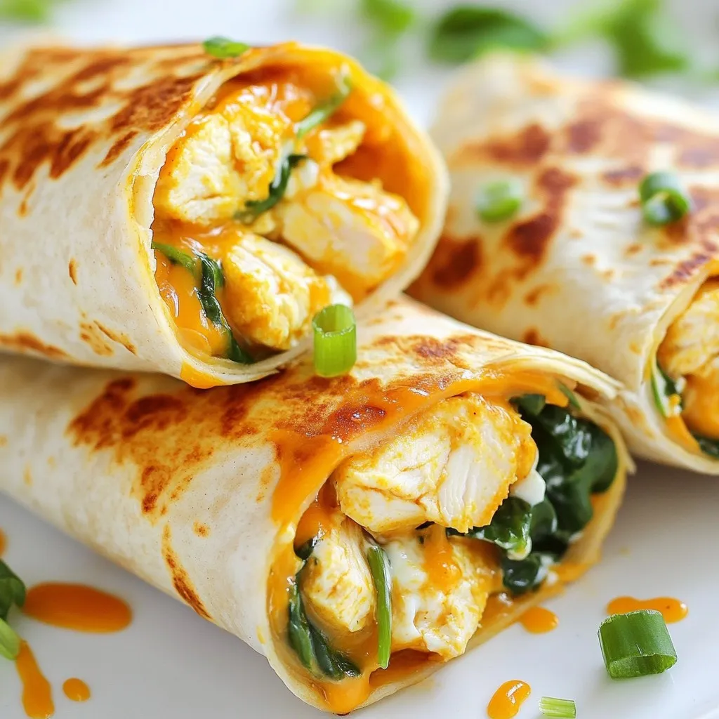 - 2 boneless, skinless chicken breasts, diced into bite-sized pieces - 4 cloves of garlic, minced finely - 1 tablespoon olive oil - 1 teaspoon smoked paprika - 1 teaspoon dried oregano - Salt and freshly cracked pepper to taste - ½ cup cream cheese, softened to room temperature - ½ cup shredded mozzarella cheese These main ingredients create a rich and flavorful filling. The chicken gives protein, while garlic adds a nice kick. Olive oil helps with cooking and adds flavor. Spices like smoked paprika and oregano enhance the taste. Cream cheese and mozzarella make the filling gooey and cheesy. - 1 cup fresh spinach leaves, washed and dried - ¼ cup green onions, finely chopped - Optional: Sriracha sauce for an extra kick of heat Adding fresh spinach brings a pop of color and nutrients. Green onions give a mild onion flavor. If you like heat, drizzle Sriracha over the filling. It adds a spicy surprise that many enjoy. - 4 large flour tortillas - Potential gluten-free options I recommend using large flour tortillas for wrapping. They are soft and hold the filling well. If you need gluten-free options, look for corn tortillas or gluten-free wraps. They work nicely too and keep the meal enjoyable for everyone. {{ingredient_image_2}} Heat a tablespoon of olive oil in a large skillet over medium heat. When the oil shimmers, add four minced garlic cloves. Sauté the garlic for about one minute. Keep an eye on it to prevent burning. You want it fragrant, not brown. Next, add two diced chicken breasts. Season the chicken with one teaspoon of smoked paprika, one teaspoon of dried oregano, salt, and pepper. Cook the chicken for six to eight minutes. Stir it often until it’s fully cooked and no longer pink. Once the chicken is cooked, lower the heat. Add half a cup of softened cream cheese and half a cup of shredded mozzarella cheese to the skillet. Stir everything gently. Keep mixing until the cheeses melt, creating a smooth and gooey filling. This is the moment where your taste buds will start to tingle! Prepare your workspace by laying out four large flour tortillas. Divide the gooey chicken mixture evenly among the tortillas. Place the filling in the center of each tortilla. Top the filling with fresh spinach leaves and chopped green onions. If you like heat, drizzle some Sriracha sauce over the filling. Now, let’s wrap them up! Fold the sides of each tortilla in first. Then roll it tightly from the bottom to the top. Make sure the filling is completely enclosed. Return the skillet to the heat. Place the wraps seam-side down in the skillet. Cook each side for about two to three minutes. You want them golden brown and crispy. This crispiness adds a delightful crunch to the wraps. Enjoy that golden perfection! - Prepping ingredients in advance: Chop garlic, chicken, and green onions before cooking. This saves time during the actual cooking process. - Cooking chicken efficiently: Cut chicken into small pieces. Smaller pieces cook faster and more evenly. - Cheese recommendations: I love using cream cheese and mozzarella. These two create a rich, gooey filling. You can also try gouda or cheddar for a twist. - Avoiding overcooked garlic: Watch the garlic closely! Sauté for only about a minute until fragrant. Burnt garlic can spoil the dish's flavor. - Serving suggestions: Cut each wrap diagonally. This shows off the gooey filling. Arrange them on a plate for a beautiful display. - Dipping sauce pairings: Try ranch or spicy Sriracha for dipping. Both add great flavor and enhance the experience. Pro Tips Fresh Garlic Matters: Always use fresh garlic for the best flavor. Pre-minced garlic can lack the pungency and freshness that elevates this dish. Cheese Temperature: Ensure your cream cheese is softened to room temperature for easier mixing. This will create a smoother, gooier filling. Perfectly Crispy Wraps: For extra crunch, spray the outside of the wraps with a little cooking spray before placing them in the skillet. Customize Your Heat: Adjust the amount of Sriracha to your taste. Start with a small drizzle and add more if you like it spicier! {{image_4}} You can make these wraps spicy. Add hot sauce or chopped jalapeños. This brings heat and flavor. Adjust your seasonings to match your spice level. A dash of cayenne pepper works too. This change adds a fun kick. You can swap chicken for plant-based protein. Try diced tofu or chickpeas. These options give you a tasty twist. Add more veggies like bell peppers or mushrooms. They add color and crunch. This way, everyone can enjoy the wraps. Different cheeses can boost flavor. Try pepper jack for extra heat. You can also mix in cheddar for more richness. Use flavored tortillas like sun-dried tomato or spinach. This adds even more taste. Get creative and make it your own! To keep your leftover wraps fresh, wrap them tightly in plastic wrap or place them in an airtight container. This helps prevent them from drying out. You can store them in the fridge for up to three days. I suggest eating them within two days for the best taste and texture. If you want to save some wraps for later, freezing is a great option. First, let the wraps cool completely. Then, wrap each one in foil or plastic wrap. Place them in a freezer-safe bag. They will last up to three months in the freezer. When you're ready to eat them, thaw them overnight in the fridge. To reheat, place the wraps in a skillet over medium heat. Cook each side for about 5-7 minutes until warm. This keeps the outside crispy. You can also use an oven set to 350°F for about 10-15 minutes. Enjoy your gooey goodness! Yes, you can switch the chicken for other meats. Here are some great options: - Turkey: Lean and easy to cook. - Pork: Diced pork tenderloin works well. - Beef: Use ground beef or diced steak for a hearty twist. - Shrimp: Quick-cooking and adds a nice flavor. Feel free to adjust your spices based on the meat you choose. Each option brings a new taste to the wraps. Making these wraps healthier is easy. Here are some ideas: - Use whole wheat tortillas: They add fiber and nutrients. - Choose lean chicken breast: Opt for skinless to cut fat. - Swap cream cheese for Greek yogurt: This will lower calories and add protein. - Add more veggies: You can include bell peppers, zucchini, or broccoli for extra nutrition. These small changes can make your meal lighter without losing flavor. These wraps taste great with several sides and drinks. Here are some ideas: - Side dishes: - Fresh salad with a light vinaigrette. - Roasted vegetables for a warm side. - Sweet potato fries for a fun crunch. - Beverage pairings: - A cold iced tea complements the wraps well. - Lemonade adds a fresh twist. - Light beer or a crisp white wine works, too. Choosing the right sides and drinks enhances your meal experience. In this post, we explored how to make gooey garlic chicken wraps from scratch. You learned about key ingredients like chicken, garlic, and cheese. I shared tips for preparing the filling and assembling the wraps for the best texture. You now know variations for spice and vegetarian options. As you try these wraps, remember to experiment with flavors. Enjoy the process and make it your own!
