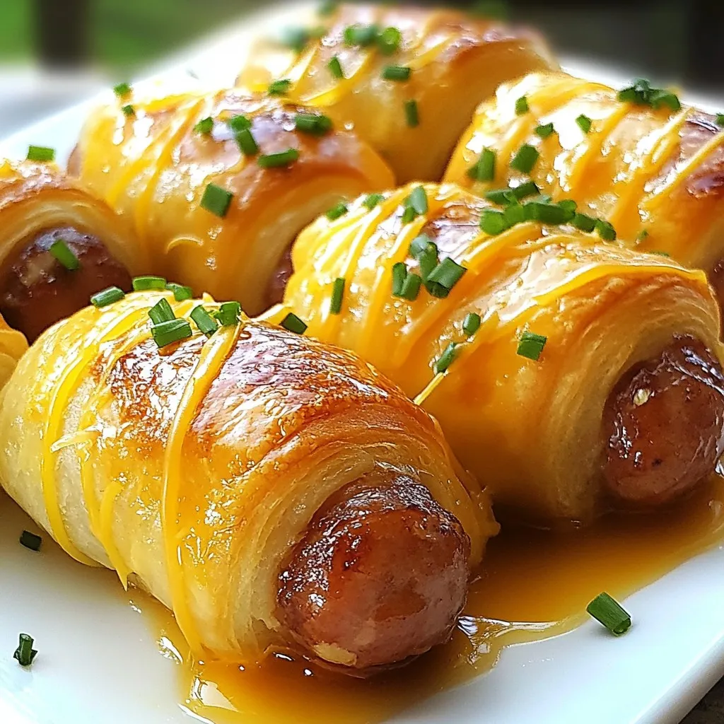 - 8 mini or regular breakfast sausages - 1 can of crescent roll dough - 1 cup shredded sharp cheddar cheese - 2 tablespoons pure maple syrup - 1 teaspoon garlic powder - 1 teaspoon smoked paprika - Fresh chives, finely chopped, for garnish - Cooking spray or olive oil You need a few key items to make breakfast pigs in a blanket. First, grab mini or regular breakfast sausages. They bring that hearty flavor that everyone loves. Next, you’ll need a can of crescent roll dough. This dough rolls up easily around the sausages. It creates a flaky, tasty crust. Sharp cheddar cheese is next on the list. You’ll want one cup of shredded cheese. It melts perfectly and adds a rich flavor. For a sweet touch, use pure maple syrup. Just two tablespoons will do. The maple syrup adds a nice contrast to the savory sausage. Garlic powder and smoked paprika are important too. These spices give your dish extra depth. Each adds flavor without being overpowering. Fresh chives serve as a bright garnish. They add color and a mild onion taste. Finally, have cooking spray or olive oil ready. This helps the pigs in a blanket turn golden brown. Now you have everything to make this delightful morning snack! {{ingredient_image_2}} Start by preheating your oven to 375°F (190°C). This step is key for crisping the dough. Next, line a baking sheet with parchment paper. This makes cleanup easy after baking. Now, let’s wrap those sausages. Open the can of crescent roll dough and unroll it. You will see triangles. Carefully separate these along the edges. Place a breakfast sausage at the wide end of each triangle. Add about a teaspoon of shredded sharp cheddar cheese on top of each sausage. Starting from the wide end, roll the triangle around the sausage and cheese. Make sure the cheese is tucked in tightly. Repeat this for all sausages until they are all wrapped. Arrange the wrapped sausages on your prepared baking sheet. Lightly spray them with cooking spray or brush with olive oil. This helps create a golden crust. Bake in the preheated oven for 12 to 15 minutes. Watch closely to avoid over-baking. They should look puffed and golden brown. Once done, drizzle the warm maple syrup mixture over them for a sweet touch. Let them cool for a minute, then sprinkle with chopped fresh chives for a nice finish. Enjoy your delightful breakfast pigs in a blanket! To get that golden crust, use cooking spray or olive oil. This helps the dough brown evenly. Before baking, lightly spray or brush the wrapped sausages. This small step makes a big difference in the final look and taste. A golden crust is not just pretty; it adds a nice crunch. You can add your favorite spices to the mix! Try using cayenne pepper for heat or Italian seasoning for a twist. You can also mix in some herbs like thyme or rosemary for a fresh taste. Want extra flavor? Sprinkle some cheese on top before baking. Chopped bacon or jalapeños also make great additions. The options are endless, so have fun with it! Serve your breakfast pigs in a blanket with fun sides. Try pairing them with fresh fruit or crispy hash browns. You can also offer dips like honey mustard or ranch for extra flavor. For a sweet touch, set out a bowl of warm maple syrup for dipping. This makes each bite a delightful surprise! Pro Tips Choose the Right Sausage: Select high-quality breakfast sausages for the best flavor. You can also experiment with different types, like turkey or plant-based options, for a unique twist. Cheese Variations: While sharp cheddar is delicious, try using other cheeses like pepper jack for a spicy kick or cream cheese for a creamy texture. Homemade Dough: For a more homemade touch, consider making your own dough. A simple biscuit or pastry dough can elevate the dish. Garnish Wisely: Besides chives, consider garnishing with crispy bacon bits or a sprinkle of everything bagel seasoning for added flavor and crunch. {{image_4}} You can change the dough for pigs in a blanket. Instead of crescent roll dough, try biscuit dough. Biscuit dough gives a fluffy and flaky texture. You can also use puff pastry for a more gourmet feel. Just remember to adjust the baking time. Puff pastry may need a few extra minutes to bake. Mix up the flavors by adding extra ingredients. You can use sweet or savory pairings. For a sweet twist, add a slice of apple or some cinnamon. For savory options, try adding jalapeños or cream cheese. Cheese lovers can also experiment with different types of cheese. Pepper jack or gouda can add a nice kick. You can adapt this recipe for different diets. If you need gluten-free options, try gluten-free crescent rolls. For a vegetarian version, use plant-based sausages. This way, everyone can enjoy breakfast pigs in a blanket. You can also swap out regular cheese for dairy-free cheese. You can keep leftover breakfast pigs in a blanket in the fridge. Place them in an airtight container. They stay fresh for about three days. To reheat, use your oven. Preheat it to 350°F (175°C). Bake for about 10 minutes. This warms them up without making them soggy. If you want to freeze them, do this before baking. Wrap each one in plastic wrap and place them in a freezer bag. They can last for up to two months in the freezer. When you want some, take them out and let them thaw overnight in the fridge. Bake as normal, adding a few extra minutes if needed. In the fridge, they last about three days. In the freezer, they stay good for around two months. Always check for signs of spoilage. If they smell off or look strange, it’s best to toss them. Proper storage helps keep your breakfast pigs in a blanket tasty and safe. Yes, you can use many types of sausages. Here are some great options: - Turkey sausages for a leaner choice - Pork sausages for a classic flavor - Chicken sausages for a milder taste - Veggie sausages for a plant-based option Each type brings a unique flavor to the dish. Feel free to mix and match! If you want to try something else, consider these alternatives: - Honey gives a nice sweetness. - Agave nectar is another good choice. - BBQ sauce adds a savory twist. - Your favorite hot sauce can spice things up. These options can change the flavor profile of your breakfast pigs in a blanket. Yes, you can prepare these ahead of time. Here’s how: - Assemble the pigs in a blanket, but do not bake them yet. - Cover them and store them in the fridge for up to 24 hours. - When ready, bake them directly from the fridge. This makes breakfast quick and easy! Making pigs in a blanket is easy and fun. We covered essential ingredients and step-by-step instructions. You learned tips to get a golden crust and ideas for flavor twists. We also explored storage and answer common questions. Now, it's time to get creative in the kitchen! Try different ingredients, flavors, and methods. Enjoy making these tasty bites for any occasion!