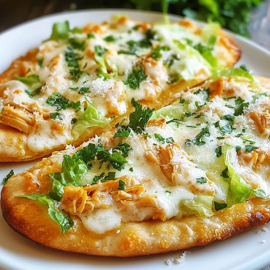 - 2 large flatbreads (store-bought or homemade) - 1 cup cooked chicken breast, shredded - 1 cup romaine lettuce, chopped - ½ cup Caesar dressing - 1 cup shredded mozzarella cheese - ¼ cup grated Parmesan cheese - ½ teaspoon garlic powder - ¼ teaspoon black pepper - Olive oil for brushing - Fresh parsley for garnish Each serving of Cheesy Chicken Caesar Flatbread provides about: - Calories: 400 - Fats: 22g - Proteins: 28g - Carbs: 30g These flatbreads pack a punch in flavor and nutrition. The chicken gives you protein. The cheese brings richness, and the lettuce adds crunch. This dish is great for a quick meal or a fun gathering. You will love how easy it is to make! {{ingredient_image_2}} - Preheat the oven to 400°F (200°C). - Line a baking sheet with parchment paper. This step helps prevent sticking. - Brush olive oil on the flatbreads. This will give them a nice, crispy crust. - Sprinkle garlic powder and black pepper on top. These add great flavor to each bite. - In a bowl, mix the shredded chicken with Caesar dressing. Stir well until the chicken is coated. - Evenly distribute the chicken mixture on the flatbreads. Make sure each flatbread gets a good amount. - Add shredded mozzarella and grated Parmesan cheese on top. This makes it extra cheesy and delicious. - Bake in the preheated oven for 10-12 minutes. Look for melted cheese and golden edges. Enjoy the aroma that fills your kitchen as it bakes! To achieve crispy flatbreads, always brush them with olive oil. The oil adds flavor and ensures a great texture when baked. Use just enough to coat the surface lightly. Bake at 400°F (200°C) for 10-12 minutes. Keep an eye on them. You want the cheese melted and the edges golden brown. Shredding chicken can be quick. Use two forks to pull apart cooked chicken breast. This method works best when the chicken is warm. For the dressing, you can try making your own. Mix mayo, lemon juice, Worcestershire sauce, and garlic. This option lets you control the flavors and ingredients. Think about sauces for dipping. Ranch or a spicy aioli works well. You can also serve the flatbreads with a fresh side salad. A simple mix of greens, tomatoes, and cucumbers pairs nicely. These sides balance the rich cheese and chicken. Pro Tips Perfectly Toasted Flatbreads: For an extra crispy texture, pre-toast the flatbreads in the oven for 3-4 minutes before adding the toppings. Quality Caesar Dressing: Use a high-quality Caesar dressing for the best flavor. Homemade dressing can elevate the dish even further! Chicken Variations: Experiment with different proteins like grilled shrimp or even roasted vegetables for a vegetarian option. Cheese Choices: Feel free to mix cheeses! Adding a bit of cheddar or gouda can enhance the flavor profile. {{image_4}} You can easily change this flatbread into a vegetarian dish. Instead of chicken, try grilled vegetables like zucchini, bell peppers, or mushrooms. These add great flavor and texture. You can also use chickpeas for a protein boost. Just toss them in olive oil and seasonings before grilling. This option keeps it tasty and filling without meat. Cheese is key in this recipe. While mozzarella is classic, you can mix it up. Feta cheese adds a tangy flavor that pairs well with the Caesar dressing. Cheddar cheese gives a sharp taste that many love. Feel free to combine cheeses for more depth. Experimenting can lead to new favorites! Add more fun to your flatbreads with toppings. Cherry tomatoes bring a sweet burst and a pop of color. Sliced avocado adds creaminess and healthy fats. You can also add red onion slices for a bit of zing. Each topping enhances the dish and makes it unique. Be creative and let your taste guide you! To keep your Cheesy Chicken Caesar Flatbread fresh, wrap it tightly in plastic wrap or foil. Place it in an airtight container. Store it in the fridge for up to three days. This method helps maintain its flavor and texture. When reheating, the oven works best. Preheat your oven to 350°F (175°C). Place the flatbread on a baking sheet. Heat for about 10 minutes. This keeps the flatbread crispy. If using a microwave, heat it for 30 seconds. But know the flatbread may get soggy in the microwave. You can freeze your flatbreads for later. Wrap each one in plastic wrap, then place them in a freezer bag. They can last up to two months in the freezer. When you want to eat them, let them thaw in the fridge overnight. Reheat them in the oven for the best results. Enjoy your meal anytime you want! Yes, you can make Cheesy Chicken Caesar Flatbread in advance. Prepare the flatbreads without baking them. Store them in the fridge for up to one day. To do this, assemble the flatbreads with the chicken and cheese, but skip the oven. Cover them tightly with plastic wrap. When ready to eat, simply bake them at 400°F (200°C) for 10-12 minutes. This way, you enjoy fresh, hot flatbreads without the last-minute rush. To make a complete meal, pair these flatbreads with a fresh side salad. A simple Caesar salad works perfectly. You could also serve cut veggies with a dip. Another great option is a light soup, like tomato or minestrone. These sides balance the richness of the flatbread. They add color and nutrients to your meal. To make the flatbread healthier, try using whole wheat flatbreads. This adds fiber and nutrients. You can also swap the shredded chicken for grilled veggies or chickpeas for a vegetarian option. For a lower-calorie version, use less cheese or low-fat cheese. Use Greek yogurt instead of Caesar dressing for a lighter touch. These small changes keep the taste while making it healthier. In this post, we explored a simple recipe for Cheesy Chicken Caesar Flatbread. We covered ingredients, step-by-step instructions, and tips to make it perfect. You learned about variations, storage tips, and answers to common questions. The flexibility in toppings and ingredients means you can make it just how you like. Whether you enjoy it fresh or save some for later, this dish promises tasty meals. Embrace your creativity in the kitchen, and enjoy every bite!