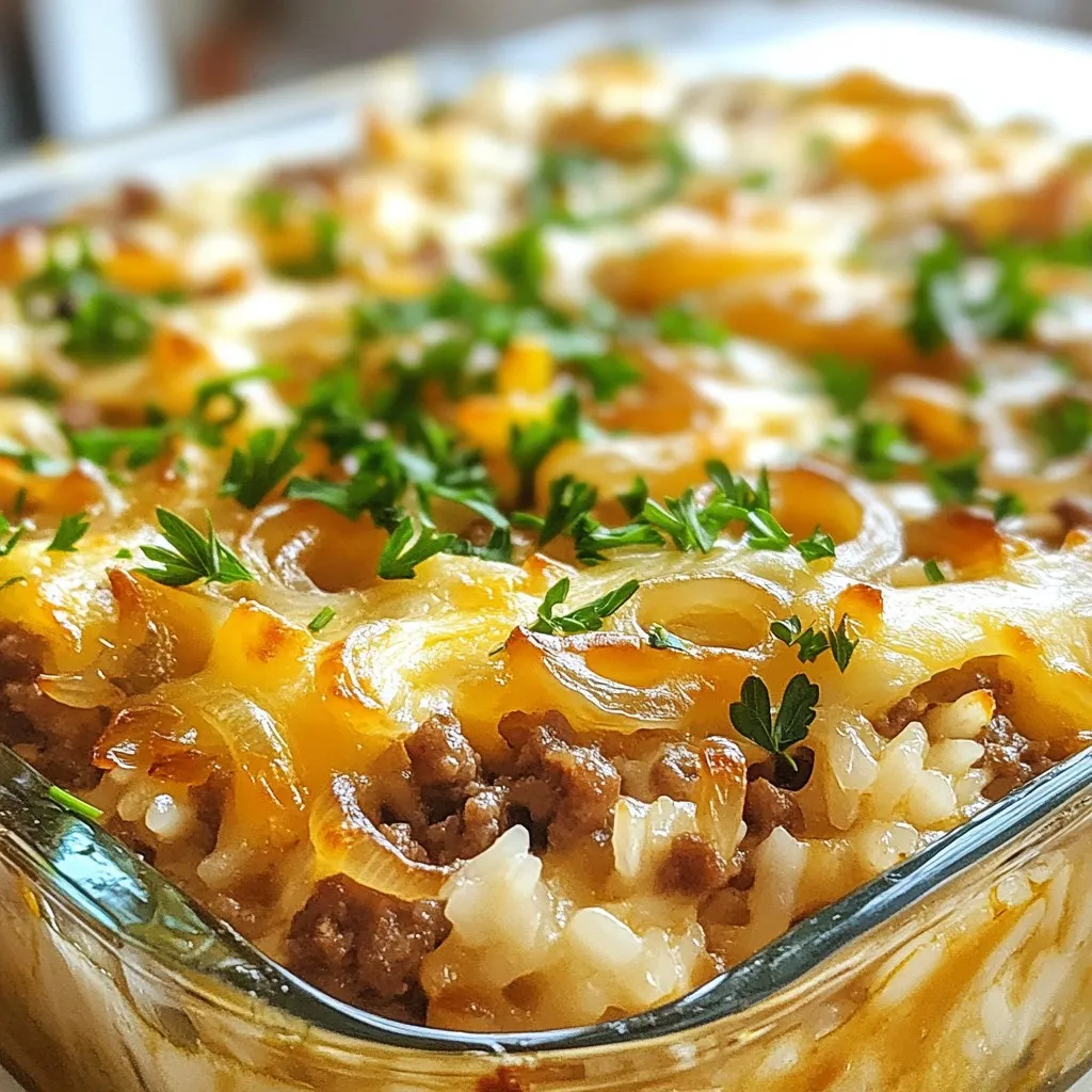 To make a French Onion Beef Rice Casserole, you need a few key ingredients. Here’s the list: - Ground Beef - Onions - Rice - Beef Broth - French Onion Dip - Shredded Swiss Cheese - Seasonings - Olive Oil - Garnish Each ingredient plays an important role. The ground beef gives the dish its hearty base. Onions add a sweet and rich flavor. Rice makes the casserole filling and satisfying. Beef broth enhances the taste with depth. French onion dip brings a creamy, savory element. Shredded Swiss cheese melts beautifully on top, adding a rich layer. Seasonings like garlic powder and thyme bring out the best flavors. Olive oil is used for cooking the onions, making them golden brown. Finally, you can garnish with fresh parsley for a pop of color. With these ingredients, you will create a warm and tasty dish that comforts the soul. Each bite will remind you of home and good cooking. {{ingredient_image_2}} Start by preheating your oven to 350°F (175°C). This step helps the casserole cook evenly. In a large skillet, heat 2 tablespoons of olive oil over medium heat. Add 1 large onion, thinly sliced. Cook for 10-12 minutes. Stir the onions often. You want them golden brown and sweet. This process brings out their natural sugars. Once the onions are done, push them to one side of the skillet. Add 1 pound of ground beef to the empty side. Cook the beef until it is fully browned. Break it apart with a spatula as it cooks. Season it with 1 teaspoon of garlic powder, 1 teaspoon of dried thyme, salt, and pepper to taste. Mix the beef with the onions when it’s cooked. In a large mixing bowl, combine the cooked rice, beef, and onion mixture. Add 2 cups of beef broth and 1 cup of French onion dip. Stir everything together until well mixed. This helps all the flavors blend nicely. Transfer the mixture into a greased 9x13 inch casserole dish. Spread it out evenly. This ensures that every part cooks the same way. Sprinkle 1 cup of shredded Swiss cheese on top. Cover the dish with aluminum foil. Bake it in the preheated oven for 25 minutes. Then, remove the foil and bake for another 10-15 minutes. This helps the cheese melt and bubble. When done, let it rest for 5 minutes before serving. Garnish with fresh parsley if you like. To get sweet, golden onions, you need patience. Start with medium heat. Use a large skillet for even cooking. Add olive oil and let it warm. Stir the onions often for even browning. It takes about 10 to 12 minutes. Watch for that deep, rich color. If they stick, lower the heat slightly. You can sprinkle a pinch of salt to help draw out moisture. This extra step enhances their flavor. For juicy beef, use ground beef with some fat. It adds flavor and keeps it moist. Cook in the same skillet after the onions. This helps blend flavors. Break the beef apart with a spatula for even cooking. Season with garlic powder, thyme, salt, and pepper. Make sure it's fully browned. This means no pink spots remain. To keep your casserole from being soggy, use cooked rice that’s not overcooked. If possible, use day-old rice. This rice is firmer and absorbs less moisture. When mixing ingredients, don’t add too much broth. You want a creamy texture but not a soup. Spread the mixture evenly in the casserole dish. Cover with foil for the first part of baking. This traps steam for cooking, but remove it later to crisp the cheese. Pro Tips Use Fresh Ingredients: Always opt for fresh onions and beef for the best flavor. Fresh ingredients can elevate the dish significantly. Layering Cheese: For an extra cheesy top, consider using a mix of cheeses like mozzarella and Gruyère along with the Swiss cheese. Resting Time: Allowing the casserole to rest after baking helps the flavors meld together and makes serving easier. Customize Your Rice: Feel free to use flavored rice or add sautéed vegetables to the rice mixture for additional texture and taste. {{image_4}} If you want to switch up the protein in this dish, you have options. Ground turkey or chicken works great. You can also use a plant-based meat substitute if you prefer. These proteins still give that tasty flavor we love in this casserole. Just remember to adjust cooking times based on what you choose. To make a vegetarian version, skip the meat. Use lentils or mushrooms for hearty texture. Cooked quinoa can also add protein and flavor. Use vegetable broth instead of beef broth. Combine with the rice, onion, and dip, and you’ll have a delicious dish without meat. If you want to change the cheese, you have some choices. Gruyère or mozzarella works well in place of Swiss cheese. You can try a vegan cheese for a dairy-free option. Just make sure whatever cheese you pick melts well. This will keep your casserole creamy and rich. After enjoying your French Onion Beef Rice Casserole, let it cool. Place any leftovers in an airtight container. You can keep it in the fridge for up to three days. This way, you can enjoy it again soon! To reheat, simply take your casserole from the fridge. Preheat your oven to 350°F (175°C). Cover the dish with foil to keep it moist. Heat for 20-25 minutes or until hot. You can also microwave individual portions for about 2-3 minutes. Just make sure they are heated all the way through. If you want to freeze your casserole, it’s easy! First, allow it to cool completely. Then, wrap it tightly in plastic wrap and foil. This helps to prevent freezer burn. It can last in the freezer for up to three months. When you’re ready to eat, thaw it in the fridge overnight. Then, reheat it in the oven as mentioned before. Enjoy your comforting dish anytime! Yes, you can use brown rice. It adds a nuttier taste. Brown rice also has more fiber. Cooking time may be a bit longer. Make sure it is fully cooked before mixing. You can use sour cream or cream cheese. Mix them with onion powder and some seasoning. This gives a similar flavor. You can also try using a homemade onion dip. Store the casserole in the fridge for up to four days. Make sure to cover it well. This keeps it fresh and tasty. You can also freeze it for up to three months. Yes, you can make this casserole ahead. Prepare it up to the baking step. Just cover it and store it in the fridge. When ready, bake it as directed. This casserole goes well with a fresh salad. You can also serve it with steamed veggies. Garlic bread or crusty rolls are great too. They balance the richness of the dish. This blog post covered how to make a tasty casserole using simple ingredients. We went through each step, from preheating the oven to baking the dish. I shared tips for caramelizing onions and perfecting beef. You also learned about variations and how to store leftovers. In conclusion, this recipe is easy to follow and great for sharing. It’s perfect for busy nights or meal prepping. Enjoy creating a dish that your family will love!