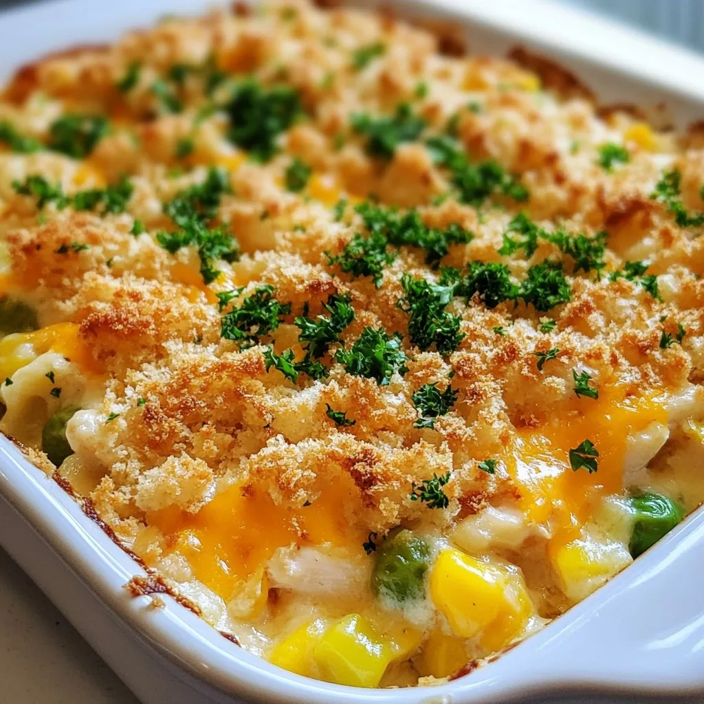 To make Million Dollar Chicken Casserole, gather these simple items: - 3 cups cooked chicken, shredded - 1 cup white rice, uncooked - 1 can (10.5 oz) cream of chicken soup - 1 cup sour cream - 1 cup shredded cheddar cheese (divided) - 1 cup frozen mixed vegetables (peas, carrots, corn) - 1 tablespoon garlic powder - 1 teaspoon onion powder - 1 teaspoon dried thyme - Salt and black pepper to taste - 1 cup panko breadcrumbs - 2 tablespoons melted butter You can add extra flavor with these items: - Fresh herbs like parsley or chives - Different types of cheese, like pepper jack or mozzarella - Fresh veggies such as bell peppers or spinach These can make the dish even more special. If you need swaps, here are some ideas: - Use rotisserie chicken for quick prep. - Swap white rice for brown rice or quinoa for a healthy twist. - Substitute Greek yogurt for sour cream for a lighter version. - Use cream of mushroom soup instead of cream of chicken for a different taste. These options let you customize the casserole to your likes! {{ingredient_image_2}} Start by preheating your oven to 350°F (175°C). This step is key. A hot oven helps cook the casserole evenly. While it warms up, gather your ingredients. You will need cooked chicken, rice, soup, sour cream, cheese, and more. Grab a large mixing bowl. Add the shredded chicken and uncooked rice. Next, pour in the cream of chicken soup and sour cream. Then, add half of the shredded cheddar cheese. Mix everything until it blends well. Now, add the frozen mixed veggies, garlic powder, onion powder, thyme, salt, and pepper. Stir again until it’s all combined nicely. Grease a 9x13-inch baking dish with cooking spray or butter. Spoon the chicken mixture into the dish, spreading it out evenly. In another bowl, mix the panko breadcrumbs with melted butter until coated. Sprinkle this mix on top of the chicken mixture. Then, add the remaining cheddar cheese for extra flavor. Cover the dish with aluminum foil to stop it from browning too fast. Place it in the preheated oven and bake for 25 minutes. After that, remove the foil and bake for another 15 to 20 minutes. The top should be golden brown and bubbly. Once done, let it cool for 5 minutes before serving. This helps it set for easier cutting. To get the best texture, use cooked chicken. Shred it well. This helps it mix evenly. The rice should be uncooked. It absorbs moisture and flavors as it cooks. Mixing the cream of chicken soup with sour cream adds creaminess. The frozen veggies bring color and crunch. Serve the casserole hot from the oven. It tastes best fresh. Pair it with a light salad. A crisp green salad balances the rich dish. You can also serve it with crusty bread. This adds texture and completes the meal. Make it look pretty! Serve it directly from the dish. Top it with fresh parsley or chives. This adds a splash of color. For an extra touch, sprinkle some cheddar cheese on top before serving. It will melt beautifully. Pro Tips Use Rotisserie Chicken: For a quicker option, consider using store-bought rotisserie chicken. It saves time and adds a delicious flavor. Customize Your Veggies: Feel free to swap out the frozen mixed vegetables for your favorites, such as broccoli, bell peppers, or spinach for added nutrition. Make Ahead: This casserole can be prepared in advance and stored in the fridge overnight. Just bake it when you're ready to serve. Leftover Magic: This dish is perfect for using up leftover chicken or turkey. Just shred and mix it in for a quick and hearty meal. {{image_4}} You can easily change up the flavors in this dish. Try using different cheeses like mozzarella or pepper jack for a kick. Swap the chicken for turkey or even a meat alternative for a fun twist. If you want more veggies, add bell peppers or broccoli. You can also mix in some cooked bacon or ham for extra flavor. Each swap can bring a new taste to your casserole. If you want a lighter version, use low-fat sour cream and cheese. You can also replace white rice with brown rice or quinoa for more fiber. Instead of cream of chicken soup, try a homemade version with chicken broth and cornstarch. Adding fresh herbs can boost flavor without extra calories. These changes keep the dish tasty while making it more nutritious. Seasonal foods can make this dish even better. In the fall, add butternut squash or pumpkin for warmth. In the summer, fresh zucchini or tomatoes can brighten the meal. For winter, try adding hearty greens like kale or spinach. Each season offers unique flavors that can make your Million Dollar Chicken Casserole shine. After enjoying your Million Dollar Chicken Casserole, store leftovers safely. First, let the casserole cool down to room temperature. Then, transfer it to an airtight container. This helps keep it fresh. You can store it in the fridge for up to three days. Make sure to label the container with the date. This way, you know when to eat it by. To reheat your casserole, preheat your oven to 350°F (175°C). Place the casserole in a baking dish. Cover it with foil to keep it moist. Heat for about 20 minutes or until it is hot all the way through. If you want a crispy top, remove the foil for the last 5 minutes. You can also microwave individual portions. Just heat for about 2-3 minutes until hot. To freeze your casserole, first cool it completely. Then, cut it into individual portions. Wrap each piece tightly in plastic wrap and place them in a freezer-safe bag. Remove as much air as possible. Label the bags with the date. You can freeze it for up to three months. When you’re ready to eat, let it thaw in the fridge overnight. Reheat as mentioned above. You can prepare Million Dollar Chicken Casserole a day in advance. Start by mixing all the ingredients as directed in the recipe. Place the mixture in your greased baking dish. Cover it tightly with plastic wrap or foil. Store it in the fridge until you're ready to bake. When it's time to cook, remove it from the fridge. Let it sit at room temperature for about 30 minutes. Then, bake it as directed. This helps ensure even cooking. Yes, you can use cooked rice. Just make sure it is cooled down. Substitute 3 cups of cooked rice for the uncooked rice in the recipe. This change will cut down on the baking time. You will want to bake the casserole for about 20-25 minutes. Keep an eye on it. The mixture needs to heat all the way through. This casserole pairs well with many sides. A light green salad adds freshness. You can also serve it with steamed veggies for a colorful plate. Garlic bread provides a nice crunch. If you want something warm, try mashed potatoes or rice. These sides balance the creamy casserole and create a hearty meal. Enjoy your dinner! This blog post covered all you need for a great casserole. We discussed ingredients, steps, and tips to make it perfect. Remember to try different flavor swaps and seasonal ingredients to keep it fresh. Proper storage helps your leftovers keep for longer. Now, you have everything to bake a delicious Million Dollar Chicken Casserole. Enjoy your cooking journey and serve a meal everyone will love!