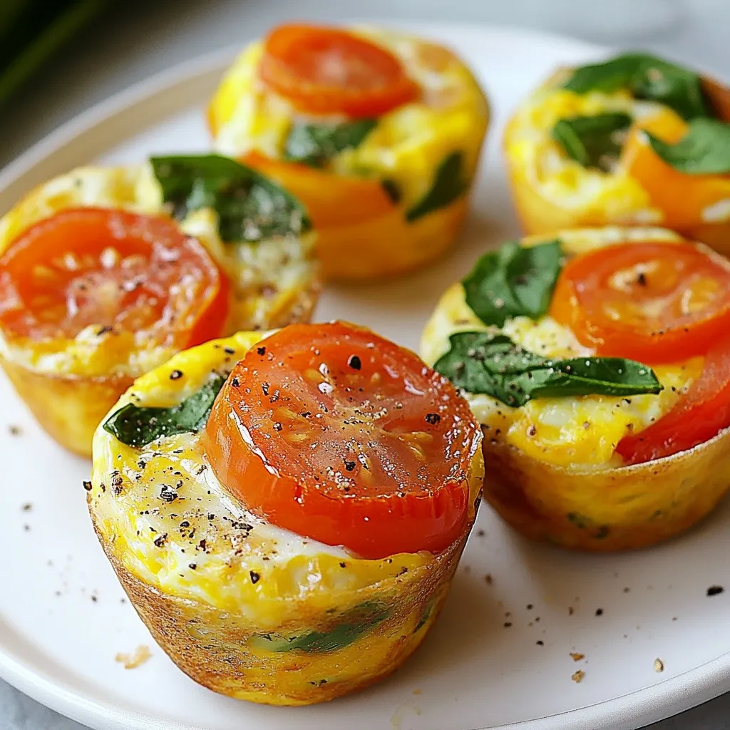 To make tasty veggie egg muffins, gather these key items: - 6 large eggs - 1 cup fresh spinach, chopped - 1/2 cup bell peppers, diced (use red and yellow) - 1/2 cup cherry tomatoes, halved - 1/4 cup red onion, finely chopped - 1/2 cup shredded cheese (sharp cheddar or feta) - 1/4 teaspoon salt - 1/4 teaspoon black pepper - 1/4 teaspoon garlic powder - 1/4 teaspoon smoked paprika - Cooking spray or olive oil for greasing You can make your veggie egg muffins even better with these fun extras: - Zucchini, grated - Mushrooms, chopped - Broccoli, finely chopped - Fresh herbs like basil or parsley - Hot sauce for a kick Feel free to mix and match these to fit your taste. Using fresh, high-quality ingredients makes a big difference. Choose vibrant veggies for better flavor and color. Fresh eggs will give you a fluffier texture. If using cheese, go for a good brand to enhance taste. Organic options can also add nutritional value. When you focus on quality, your muffins will shine! {{ingredient_image_2}} Start by preheating your oven to 375°F (190°C). This helps the muffins rise nicely. Next, take a standard muffin tin and generously grease it. You can use cooking spray or a drizzle of olive oil. This step is key to making sure the muffins come out easily after baking. In a large bowl, crack all 6 eggs. Whisk them well until the yolks and whites mix together. This makes the base fluffy. Now, add in the fresh spinach, diced bell peppers, cherry tomatoes, and chopped red onion. Don’t forget your choice of shredded cheese. It adds flavor! Sprinkle in salt, black pepper, garlic powder, and smoked paprika. Mix everything together well so the veggies are coated in egg. Carefully pour the egg and veggie mix into the muffin tin. Fill each cup about three-quarters full. This allows space for the muffins to puff up while baking. Place the muffin tin in your preheated oven. Bake for about 18-20 minutes. You’ll know they’re done when they rise, and a toothpick comes out clean. Once baked, take the tin out of the oven. Let it cool for a few minutes. To remove the muffins, gently run a butter knife around the edges. Enjoy them warm or cool them completely before storing in an airtight container. They last up to four days! To make fluffy veggie egg muffins, whisk the eggs well. This mixes the yolks and whites. It adds air and helps them rise. Use fresh veggies for the best flavor. Chop the spinach and bell peppers into small pieces. This ensures even cooking and nice bites. Fill each muffin cup about three-quarters full. This allows room for puffing as they bake. Bake them at 375°F (190°C) for 18-20 minutes. They should rise and have a clean toothpick when done. Prevent sticking by greasing the muffin tin well. Use cooking spray or a drizzle of olive oil. Make sure to cover all sides of the cups. After baking, let the muffins cool for a few minutes. Then, run a butter knife around the edges. This helps them release easily. If you find they still stick, try using silicone muffin cups. They help muffins pop out without fuss. Serve the veggie egg muffins warm for the best taste. They pair well with fresh fruit or a light salad. Try a side of avocado slices or a dollop of salsa. You can also serve them on a colorful platter. This makes your meal look bright and inviting. For a fun twist, add herbs like basil or cilantro on top. Enjoy these muffins as a healthy breakfast or snack! Pro Tips Mix It Up: Feel free to swap out the vegetables based on your preferences or what you have on hand. Broccoli, zucchini, or even mushrooms can add a delightful twist! Cheese Choices: Experiment with different cheeses to change the flavor profile of your muffins. Goat cheese, mozzarella, or pepper jack can all add unique tastes. Storage Secrets: To keep the muffins fresh, store them in an airtight container in the fridge. Reheat in the microwave for a quick breakfast on busy mornings. Perfect Portioning: Use a measuring cup or a ladle to pour the egg mixture into the muffin tin for even distribution and consistent baking. {{image_4}} You can change up the veggies in your muffins. Try adding zucchini, mushrooms, or broccoli. These options add flavor and nutrients. For a spicy kick, add jalapeños or diced green chilies. Remember to chop any veggies finely so they mix well with the eggs. Mixing colors makes the muffins fun and bright! Cheese adds creaminess and flavor to your muffins. You can use sharp cheddar, feta, or even mozzarella. If you want a stronger taste, try blue cheese or pepper jack. Each cheese changes the flavor, so feel free to experiment. For a lighter option, use low-fat cheese. You can make these muffins without eggs! Use 1/4 cup of chickpea flour mixed with 1/2 cup of water for each egg. This mix binds well and adds protein. You can also use silken tofu. Blend it smooth before mixing with your veggies. These alternatives keep your muffins tasty and healthy. After you make these tasty veggie egg muffins, let them cool first. Once cool, place them in an airtight container. This keeps them fresh for up to four days in the fridge. If you don’t have an airtight container, wrap them tightly in plastic wrap or foil. Make sure they are fully sealed to avoid drying out. To save these muffins for later, freezing is a great option! First, let them cool completely. Then, wrap each muffin in plastic wrap. Place them in a freezer-safe bag or container. Label the bag with the date. They can last for up to three months in the freezer. This way, you’ll have a healthy breakfast ready when you need it. When you’re ready to enjoy your veggie egg muffins again, reheating is simple. For the best results, use the oven or microwave. If you’re using the oven, preheat it to 350°F (175°C). Place the muffins on a baking sheet and heat for about 10-15 minutes. If you’re in a hurry, the microwave works too! Heat them for about 30-60 seconds. Just be careful not to overheat them, or they may get rubbery. Enjoy your delicious muffins fresh! Yes, you can make Veggie Egg Muffins ahead. They store well in the fridge for up to four days. Just cool them first and place them in an airtight container. You can also freeze them for longer storage. To thaw, simply leave them in the fridge overnight. You can use many vegetables in these muffins. I love fresh spinach, bell peppers, and cherry tomatoes. Other great options include zucchini, mushrooms, or broccoli. Feel free to mix and match to suit your taste. The more colorful your veggies, the better your muffins look! Check for doneness with a toothpick. Insert it into the center of a muffin. If it comes out clean, the muffins are ready. You can also look for a golden top and a firm texture. They will puff up nicely as they bake. Yes, you can use egg substitutes. Options like flaxseed meal or silken tofu work well. For every egg, use 1 tablespoon of flaxseed mixed with 2.5 tablespoons of water. Let it sit to thicken. This makes a good binder for your muffins. You learned about making veggie egg muffins today. We covered key ingredients, steps for baking, and tips for success. You can mix and match veggies to suit your taste. Proper storage and reheating keep them fresh longer. Remember, these muffins are easy to customize and perfect for busy mornings. With the right ingredients and methods, you can enjoy fluffy muffins that everyone loves. Try these ideas next time you cook!