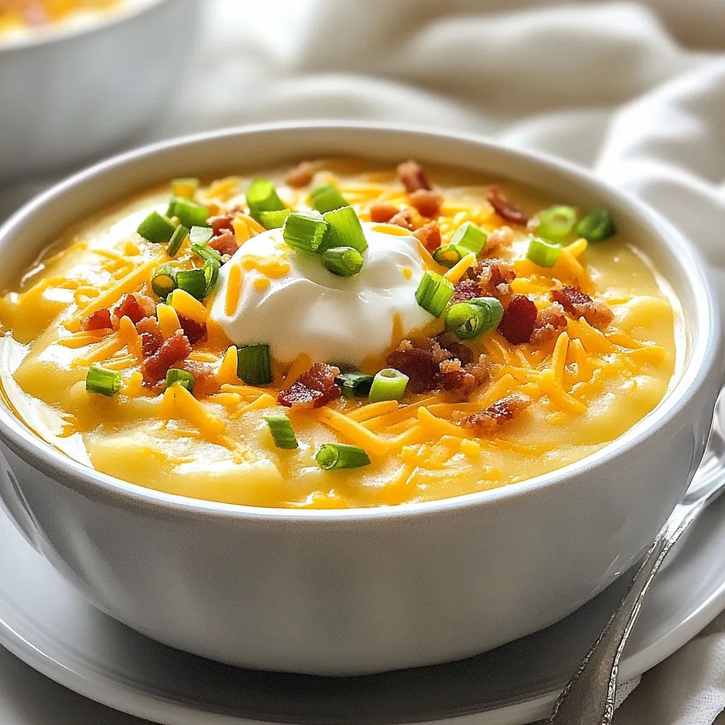- 4 large russet potatoes, peeled and cut into 1-inch cubes - 1 medium onion, finely diced - 3 cloves of garlic, minced - 4 cups vegetable broth - 1 cup heavy cream - 1 cup shredded cheddar cheese - 1/2 cup sour cream - 4 slices turkey bacon, crumbled (optional) - 1/4 cup green onions, chopped - Salt and pepper, to taste - 2 tablespoons unsalted butter - 1 teaspoon smoked paprika When I make Loaded Baked Potato Soup, I focus on fresh, quality ingredients. The russet potatoes give a creamy texture that makes this soup a delight. I peel and cube them into 1-inch pieces for even cooking. Onions and garlic add depth to the flavor. I finely dice the onion for a sweet, soft base. The minced garlic brings a nice punch that mixes well with the broth. For the broth, I use vegetable broth as it adds richness without overpowering the potato flavor. The heavy cream is key for that creamy finish. I also mix in sour cream for tang and extra creaminess. Cheddar cheese is a must. I love using the sharp kind because it melts perfectly and adds a wonderful taste. If you enjoy bacon, crumbled turkey bacon gives that smoky touch. Green onions make a great garnish. They add a pop of color and fresh taste. Always season with salt and pepper to enhance all the flavors. Finally, unsalted butter and smoked paprika round out the dish. The butter helps with sautéing, and the paprika adds a warm, smoky hint. These ingredients come together to create a cozy, comforting soup you’ll love. {{ingredient_image_2}} - Sauté onion and garlic in butter - Add potatoes and vegetable broth To start, take a large pot and melt two tablespoons of unsalted butter over medium heat. Once it's hot, add one finely diced onion and three minced garlic cloves. Stir them around for about five minutes. You want the onion soft and clear. Now, add four large russet potatoes, cut into one-inch cubes. Pour in four cups of vegetable broth. This mix is where the magic begins. - Simmer until potatoes are tender - Purée soup to desired consistency Bring the pot to a rolling boil. Once it boils, lower the heat to let it simmer. Let it bubble gently for about 15 to 20 minutes. You’ll know it’s done when the potatoes are fork-tender. Next, use an immersion blender to purée the soup. You can blend it until smooth or leave some chunks. It’s up to your taste. - Stir in cream, cheese, sour cream, and paprika - Add crumbled bacon and season to taste Once you have the right texture, it’s time to add creaminess! Stir in one cup of heavy cream, one cup of shredded cheddar cheese, and half a cup of sour cream. Don’t forget one teaspoon of smoked paprika for a nice smoky flavor. Let it simmer gently for another five to ten minutes. Finally, fold in four slices of crumbled turkey bacon if you want. Season with salt and black pepper to make it perfect. Serve hot and enjoy every creamy bite! How to choose the best potatoes for soup When picking potatoes, look for russets. They are starchy and creamy. Choose ones without blemishes or dark spots. Fresh potatoes will give your soup a nice texture. Importance of sautéing onions Sautéing onions brings out their sweet flavor. Cook them in butter until soft. This step adds depth to your soup. It also makes your kitchen smell amazing! Achieving the perfect soup consistency You want a creamy soup, but some chunkiness is good too. Start by blending half the soup. This keeps some potato pieces for texture. If you like it smooth, blend all of it. Tips on blending for chunkiness vs. creaminess Use an immersion blender for easy blending. If you want a creamy soup, blend longer. For more chunks, blend just a little. Adjust to your taste. Recommended spices to elevate flavor Add smoked paprika for a warm, smoky taste. A pinch of pepper adds heat. These spices make your soup richer. Don’t forget to taste and adjust as you go! Suggestions for garnishing the soup Top your soup with green onions and extra cheese. A dollop of sour cream adds creaminess. You can also sprinkle bacon bits for crunch. This makes the soup look and taste better! Pro Tips Choose the Right Potatoes: For the best texture and flavor, use russet potatoes as they provide a fluffy and creamy base for the soup. Enhance the Flavor: Consider adding a splash of white wine or a dash of Worcestershire sauce while cooking to deepen the soup's flavor profile. Texture Control: If you prefer a creamier soup, blend all of the potatoes. For a heartier version, blend just half and leave chunks for added texture. Garnish Creatively: Experiment with different toppings like crispy shallots, fresh herbs, or a drizzle of olive oil to elevate your soup presentation. {{image_4}} You can easily make Loaded Baked Potato Soup fit your diet. For gluten-free options, just check your broth label. Most vegetable broths are gluten-free, so you're good to go. If you're vegetarian or vegan, swap the heavy cream for coconut milk or cashew cream. Use plant-based cheese, too. It will still taste great! Adding different types of cheese can make this soup even better. Try gouda or pepper jack for a fun twist. You can also mix in some grated parmesan for a salty kick. If you want more nutrition, add vegetables. Chopped kale or spinach works well. You can stir them in at the end for a pop of color and flavor. Pairing your soup with crusty bread or a fresh salad makes a great meal. The bread soaks up the soup. It’s perfect for dipping! For gatherings, consider serving the soup in small cups. This way, guests can easily enjoy a taste. You can also set up a toppings bar. Let everyone add their own green onions, cheese, or bacon. This adds fun to your meal! To keep your leftover soup fresh, use an airtight container. Glass or plastic containers work well. Make sure to let the soup cool to room temperature. This step helps prevent condensation. Once cooled, seal the container tightly. Label it with the date so you know when to use it. You can reheat your soup in two ways: microwave or stovetop. For the microwave, pour the soup into a bowl. Heat it for one minute, then stir. Repeat until it’s hot. For stovetop, pour the soup into a pot. Heat it on low, stirring often. To avoid a watery texture, add a bit more cream or cheese. This will help keep the soup thick and creamy. If you want to freeze the soup, use a freezer-safe container. Leave some space at the top for expansion. The soup can last up to three months in the freezer. To thaw, move the container to the fridge overnight. For quicker thawing, you can use the microwave on defrost mode. After thawing, reheat it on the stovetop. Stir often to keep the texture smooth. How long will Loaded Baked Potato Soup keep in the fridge? Loaded Baked Potato Soup can last for about 3 to 5 days in the fridge. Store it in an airtight container. It’s best to cool it before placing it in the fridge. Can I make this soup ahead of time? Yes, you can make this soup ahead of time. In fact, it often tastes better the next day! Just store it in the fridge and reheat when you’re ready to enjoy. Can I use low-fat cream instead of heavy cream? You can use low-fat cream, but the soup may not be as rich or thick. Heavy cream gives it a creamy texture that makes the soup so delightful. What are some alternatives to turkey bacon? If you want alternatives to turkey bacon, try regular bacon, or even veggie bacon. You can also skip the bacon for a lighter soup. Can I use a regular blender instead of an immersion blender? Yes, you can use a regular blender. Just be careful when blending hot soup. Blend in batches and hold the lid down with a towel to prevent spills. Is it necessary to peel the potatoes? Peeling the potatoes is not necessary. The skin adds texture and nutrients. If you like a heartier soup, keep the skins on for extra flavor. This blog post covered how to make a delicious Loaded Baked Potato Soup. We discussed the key ingredients like potatoes, cream, and cheese and shared step-by-step cooking instructions. I offered tips on texture and flavor, along with variations for special diets. Lastly, I covered how to store and reheat your soup properly. When you make this soup, enjoy its creamy richness and customizable options. You can impress family or friends with a comforting bowl that warms the soul.