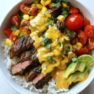 - 1 cup uncooked jasmine rice - 2 cups beef broth - 1 pound flank steak, thinly sliced - 1 cup queso dip - 1 cup cherry tomatoes, halved - 1 cup corn - 1 ripe avocado, diced - Fresh cilantro leaves for garnish - 1 teaspoon smoked paprika - 1 teaspoon garlic powder - 1 teaspoon ground cumin - Salt and freshly cracked black pepper - Lime wedges - Additional toppings When making Queso Rice with Steak Strips, start with high-quality jasmine rice. This rice gives a soft and fluffy texture. Using beef broth instead of water adds depth. For the protein, flank steak works best. Thinly sliced, it absorbs flavors well. Next, the queso dip is essential. It brings creamy richness and ties everything together. For added freshness, include cherry tomatoes and corn. These add color and a slight sweetness. Top with avocado for creaminess and cilantro for brightness. Now, let’s not forget the spices. Smoked paprika gives a nice smokiness, while garlic powder adds aroma. Cumin gives warmth and earthiness. Finally, salt and pepper boost the flavors. For serving, lime wedges are a must. They add a tangy kick that brightens each bite. Feel free to add other toppings like sour cream or hot sauce for extra zest. {{ingredient_image_2}} - Rinsing the rice: Start by rinsing 1 cup of uncooked jasmine rice under cold water. This helps wash away extra starch and keeps your rice fluffy. You want the water to run clear. - Combining with beef broth: In a medium saucepan, mix the rinsed rice with 2 cups of beef broth. This gives the rice a rich flavor as it cooks. - Cooking process and fluffing: Bring the mixture to a boil. Then, lower the heat, cover the pot, and let it simmer for 15-20 minutes. Once done, fluff the rice with a fork. Set it aside while you prepare the steak and veggies. - Seasoning techniques: Take 1 pound of flank steak, thinly sliced against the grain. In a bowl, drizzle 1 tablespoon of extra virgin olive oil over the steak. Sprinkle with 1 teaspoon of smoked paprika, garlic powder, cumin, and a pinch of salt and pepper. Toss to coat the meat evenly. - Cooking methods and timings: Heat a large skillet over medium-high heat. Add the seasoned steak strips and cook for about 3-4 minutes. Flip halfway through to get a nice brown color. - Desired doneness: Cook until the steak reaches your preferred doneness. Remember, flank steak is best when not overcooked. Remove it from the skillet and set aside. - Techniques for sautéing: In the same skillet, add 1 cup of corn and 1 cup of halved cherry tomatoes. Sauté for about 2-3 minutes. Stir occasionally to prevent burning. - Flavor enhancement tips: Season the veggies with a pinch of salt and freshly cracked black pepper. This brings out their natural sweetness and adds extra flavor. To make the best rice, use a 1:2 ratio of rice to broth. Rinsing the jasmine rice removes extra starch, making it fluffy. Once you boil the broth, lower the heat and cover it. Cook for 15-20 minutes until soft. You can also try brown rice for a nuttier taste, but adjust the cooking time to about 40 minutes. Marinating the flank steak can add great depth. You can use lime juice, soy sauce, or even hot sauce for a kick. Let it sit for at least 30 minutes. When cooking, use a hot skillet to get a good sear. This keeps the juices inside and adds a nice crust. To incorporate queso smoothly, warm it slightly before adding. This helps it blend easily with the rice and steak. You can also mix different cheeses like cheddar or pepper jack for added flavor. Adjust the types based on your taste. Pro Tips Rinse the Rice: Rinsing jasmine rice before cooking removes excess starch, preventing it from becoming gummy and ensuring a fluffy texture. Let the Steak Rest: After cooking, allow the steak to rest for a few minutes. This helps the juices redistribute, making each bite more tender and flavorful. Customize the Toppings: Feel free to add your favorite toppings such as jalapeños, sour cream, or additional veggies for extra flavor and texture. Use Fresh Ingredients: Whenever possible, use fresh corn and ripe avocados. They add more vibrant flavors and better texture to your dish. {{image_4}} You can switch up proteins in this dish for variety. Chicken or shrimp work great. Chicken thighs add juiciness, while shrimp cooks fast and tastes fresh. For a vegetarian twist, use black beans or grilled veggies. These options still pack flavor and keep the meal hearty. To enhance the taste, try adding spices like chili powder or cayenne for heat. You can also mix different cheeses into your queso. Pepper jack cheese brings a nice kick, while cheddar adds richness. Experimenting with flavors makes each bowl unique. You can serve this dish in many ways. Create burrito bowls with extra toppings like salsa or sour cream. If you prefer, wrap the mixture in tortillas for tacos. This dish adapts easily, making it fun for gatherings or weeknight dinners. To keep your queso rice with steak strips fresh, store it in an airtight container. Place it in the fridge within two hours of cooking. This helps maintain its flavor and texture. Leftovers can last in the fridge for three to four days. If you want to save it longer, consider freezing it. For freezing, let the dish cool completely. Then, portion it into freezer-safe bags or containers. Be sure to remove as much air as possible. Frozen leftovers can stay good for up to three months. When you’re ready to eat, just thaw in the fridge overnight before reheating. When reheating, the best method is using the stovetop. Add a splash of water or broth to help with moisture. Heat it over medium heat, stirring often. This keeps the rice fluffy and prevents it from sticking. If you use a microwave, cover the dish with a damp paper towel. This will keep moisture in and help avoid soggy rice. Heat in short intervals, stirring in between. For the queso dip, check the label if you bought it. Store any leftover queso in the fridge and use it within a week. If you made it from scratch, it should also last about a week in an airtight container. Always look for signs of spoilage before using. As for fresh produce, use cherry tomatoes and avocado within a few days. Keep them in the fridge to make them last longer. Corn can last a week in the fridge if stored properly. If frozen, corn can be used for up to a year. You can use sirloin, skirt steak, or even chicken. Sirloin is tender and has good flavor. Skirt steak cooks quickly and is also tasty. For chicken, use boneless breast or thighs. Cut them into thin strips for quick cooking. Cook them the same way as flank steak. This keeps your dish juicy and full of flavor. Yes, you can prepare this dish ahead. Cook the rice and steak, then store them separately. Place them in airtight containers in the fridge. They stay fresh for about 3 to 4 days. When ready to eat, just reheat and combine. This makes for easy meals throughout the week. Absolutely! You can swap the steak for mushrooms or tofu. Use portobello mushrooms for a meaty feel. Firm tofu is great too; just marinate it for flavor. You can also add more veggies like bell peppers or zucchini. These swaps create a delicious, filling dish without meat. This blog covers how to make a flavorful dish using simple ingredients and spices. You learned about key steps from cooking the rice to preparing the steak and sautéing vegetables. I shared tips for perfecting the rice and enhancing the steak's flavor. You can customize the recipe or store leftovers with ease. Enjoy experimenting with variations for a meal that suits your taste. Cooking can be fun and creative!