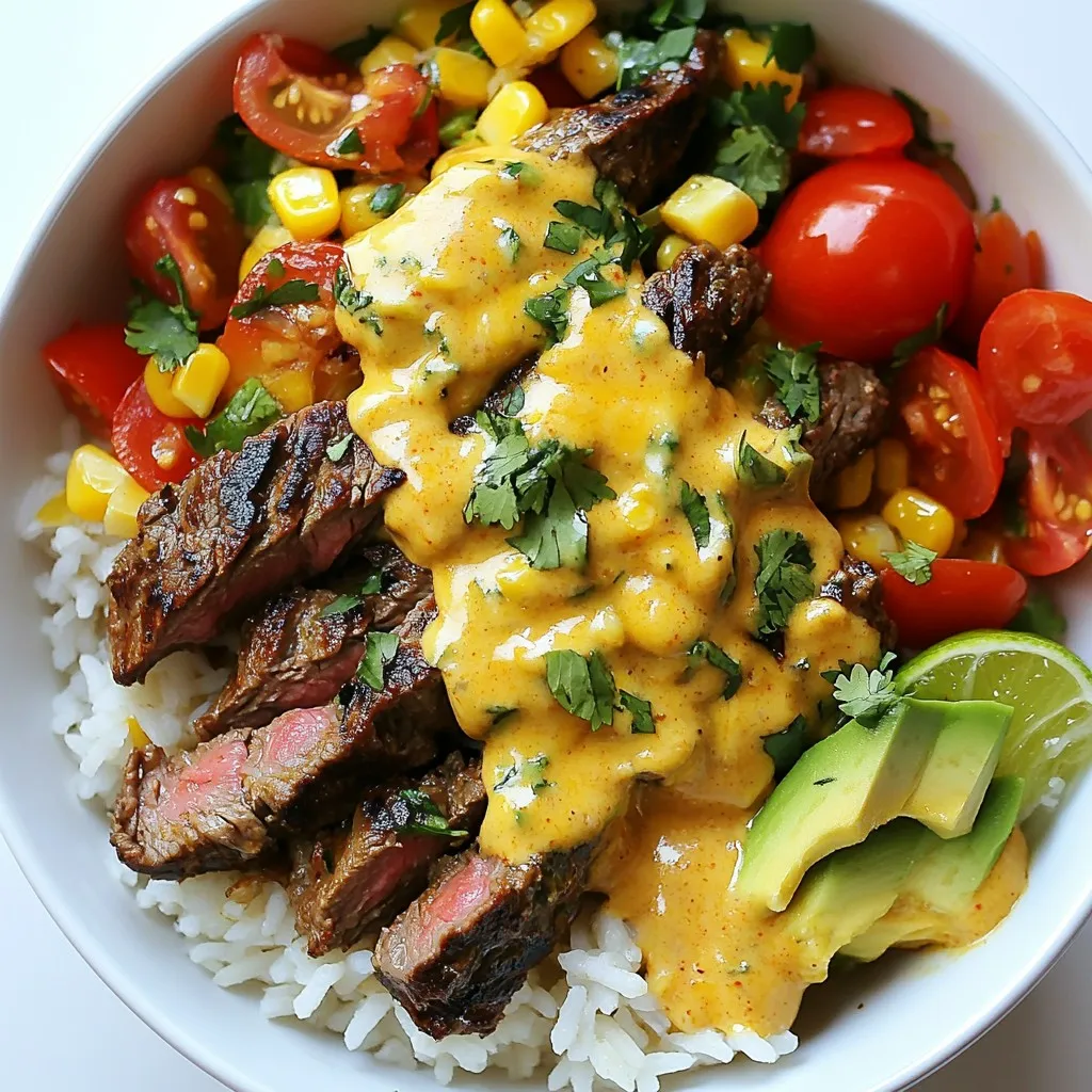 - 1 cup uncooked jasmine rice - 2 cups beef broth - 1 pound flank steak, thinly sliced - 1 cup queso dip - 1 cup cherry tomatoes, halved - 1 cup corn - 1 ripe avocado, diced - Fresh cilantro leaves for garnish - 1 teaspoon smoked paprika - 1 teaspoon garlic powder - 1 teaspoon ground cumin - Salt and freshly cracked black pepper - Lime wedges - Additional toppings When making Queso Rice with Steak Strips, start with high-quality jasmine rice. This rice gives a soft and fluffy texture. Using beef broth instead of water adds depth. For the protein, flank steak works best. Thinly sliced, it absorbs flavors well. Next, the queso dip is essential. It brings creamy richness and ties everything together. For added freshness, include cherry tomatoes and corn. These add color and a slight sweetness. Top with avocado for creaminess and cilantro for brightness. Now, let’s not forget the spices. Smoked paprika gives a nice smokiness, while garlic powder adds aroma. Cumin gives warmth and earthiness. Finally, salt and pepper boost the flavors. For serving, lime wedges are a must. They add a tangy kick that brightens each bite. Feel free to add other toppings like sour cream or hot sauce for extra zest. {{ingredient_image_2}} - Rinsing the rice: Start by rinsing 1 cup of uncooked jasmine rice under cold water. This helps wash away extra starch and keeps your rice fluffy. You want the water to run clear. - Combining with beef broth: In a medium saucepan, mix the rinsed rice with 2 cups of beef broth. This gives the rice a rich flavor as it cooks. - Cooking process and fluffing: Bring the mixture to a boil. Then, lower the heat, cover the pot, and let it simmer for 15-20 minutes. Once done, fluff the rice with a fork. Set it aside while you prepare the steak and veggies. - Seasoning techniques: Take 1 pound of flank steak, thinly sliced against the grain. In a bowl, drizzle 1 tablespoon of extra virgin olive oil over the steak. Sprinkle with 1 teaspoon of smoked paprika, garlic powder, cumin, and a pinch of salt and pepper. Toss to coat the meat evenly. - Cooking methods and timings: Heat a large skillet over medium-high heat. Add the seasoned steak strips and cook for about 3-4 minutes. Flip halfway through to get a nice brown color. - Desired doneness: Cook until the steak reaches your preferred doneness. Remember, flank steak is best when not overcooked. Remove it from the skillet and set aside. - Techniques for sautéing: In the same skillet, add 1 cup of corn and 1 cup of halved cherry tomatoes. Sauté for about 2-3 minutes. Stir occasionally to prevent burning. - Flavor enhancement tips: Season the veggies with a pinch of salt and freshly cracked black pepper. This brings out their natural sweetness and adds extra flavor. To make the best rice, use a 1:2 ratio of rice to broth. Rinsing the jasmine rice removes extra starch, making it fluffy. Once you boil the broth, lower the heat and cover it. Cook for 15-20 minutes until soft. You can also try brown rice for a nuttier taste, but adjust the cooking time to about 40 minutes. Marinating the flank steak can add great depth. You can use lime juice, soy sauce, or even hot sauce for a kick. Let it sit for at least 30 minutes. When cooking, use a hot skillet to get a good sear. This keeps the juices inside and adds a nice crust. To incorporate queso smoothly, warm it slightly before adding. This helps it blend easily with the rice and steak. You can also mix different cheeses like cheddar or pepper jack for added flavor. Adjust the types based on your taste. Pro Tips Rinse the Rice: Rinsing jasmine rice before cooking removes excess starch, preventing it from becoming gummy and ensuring a fluffy texture. Let the Steak Rest: After cooking, allow the steak to rest for a few minutes. This helps the juices redistribute, making each bite more tender and flavorful. Customize the Toppings: Feel free to add your favorite toppings such as jalapeños, sour cream, or additional veggies for extra flavor and texture. Use Fresh Ingredients: Whenever possible, use fresh corn and ripe avocados. They add more vibrant flavors and better texture to your dish. {{image_4}} You can switch up proteins in this dish for variety. Chicken or shrimp work great. Chicken thighs add juiciness, while shrimp cooks fast and tastes fresh. For a vegetarian twist, use black beans or grilled veggies. These options still pack flavor and keep the meal hearty. To enhance the taste, try adding spices like chili powder or cayenne for heat. You can also mix different cheeses into your queso. Pepper jack cheese brings a nice kick, while cheddar adds richness. Experimenting with flavors makes each bowl unique. You can serve this dish in many ways. Create burrito bowls with extra toppings like salsa or sour cream. If you prefer, wrap the mixture in tortillas for tacos. This dish adapts easily, making it fun for gatherings or weeknight dinners. To keep your queso rice with steak strips fresh, store it in an airtight container. Place it in the fridge within two hours of cooking. This helps maintain its flavor and texture. Leftovers can last in the fridge for three to four days. If you want to save it longer, consider freezing it. For freezing, let the dish cool completely. Then, portion it into freezer-safe bags or containers. Be sure to remove as much air as possible. Frozen leftovers can stay good for up to three months. When you’re ready to eat, just thaw in the fridge overnight before reheating. When reheating, the best method is using the stovetop. Add a splash of water or broth to help with moisture. Heat it over medium heat, stirring often. This keeps the rice fluffy and prevents it from sticking. If you use a microwave, cover the dish with a damp paper towel. This will keep moisture in and help avoid soggy rice. Heat in short intervals, stirring in between. For the queso dip, check the label if you bought it. Store any leftover queso in the fridge and use it within a week. If you made it from scratch, it should also last about a week in an airtight container. Always look for signs of spoilage before using. As for fresh produce, use cherry tomatoes and avocado within a few days. Keep them in the fridge to make them last longer. Corn can last a week in the fridge if stored properly. If frozen, corn can be used for up to a year. You can use sirloin, skirt steak, or even chicken. Sirloin is tender and has good flavor. Skirt steak cooks quickly and is also tasty. For chicken, use boneless breast or thighs. Cut them into thin strips for quick cooking. Cook them the same way as flank steak. This keeps your dish juicy and full of flavor. Yes, you can prepare this dish ahead. Cook the rice and steak, then store them separately. Place them in airtight containers in the fridge. They stay fresh for about 3 to 4 days. When ready to eat, just reheat and combine. This makes for easy meals throughout the week. Absolutely! You can swap the steak for mushrooms or tofu. Use portobello mushrooms for a meaty feel. Firm tofu is great too; just marinate it for flavor. You can also add more veggies like bell peppers or zucchini. These swaps create a delicious, filling dish without meat. This blog covers how to make a flavorful dish using simple ingredients and spices. You learned about key steps from cooking the rice to preparing the steak and sautéing vegetables. I shared tips for perfecting the rice and enhancing the steak's flavor. You can customize the recipe or store leftovers with ease. Enjoy experimenting with variations for a meal that suits your taste. Cooking can be fun and creative!