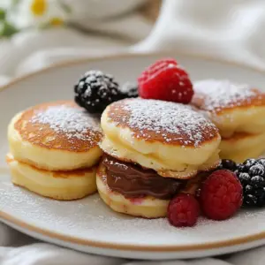 Here’s what you need for mini Nutella stuffed pancakes: - 1 cup all-purpose flour - 2 tablespoons granulated sugar - 1 tablespoon baking powder - 1/2 teaspoon salt - 1 cup milk - 1 large egg - 2 tablespoons melted unsalted butter - 1/2 cup Nutella - Powdered sugar for dusting - Optional fresh berries for garnish These ingredients come together to create light and fluffy pancakes with a sweet surprise inside. The flour gives structure, while the sugar adds just the right touch of sweetness. Baking powder helps the pancakes rise and become fluffy. A pinch of salt balances the flavors. Milk adds moisture, and the egg helps bind everything together. The melted butter enriches the batter, giving it a nice flavor and texture. Nutella is the star of this treat, providing a delicious chocolate hazelnut filling. Dusting with powdered sugar gives a sweet finish. Fresh berries add color and a fresh taste, making this dish even more delightful. Enjoy gathering these ingredients, as each one plays a key role in your tasty creation! {{ingredient_image_2}} First, grab a large bowl. Add 1 cup of all-purpose flour, 2 tablespoons of sugar, 1 tablespoon of baking powder, and 1/2 teaspoon of salt. Use a whisk to combine these ingredients well. Whisk until the mixture is smooth and free of lumps. This step is key for fluffy pancakes. Now, take a separate bowl. Pour in 1 cup of milk, crack in 1 large egg, and add 2 tablespoons of melted unsalted butter. Whisk this mixture until it looks smooth and creamy. This blend brings moisture to the pancakes. Next, pour the wet mixture into the bowl with the dry mix. Use a spatula to gently stir them together. Stop mixing when you see a few lumps; this helps keep the pancakes soft. Overmixing will make them tough, and we want them fluffy. Heat a non-stick skillet over medium heat. Lightly grease it with butter. Pour about 2 tablespoons of batter for each pancake. Leave some space between them. Let them cook for 1-2 minutes. Look for small bubbles on the surface. This means they're ready to flip. When you see bubbles, add about 1 teaspoon of Nutella to the center of each pancake. Then, cover it with a bit more batter. Flip the pancake carefully and cook for another 1-2 minutes. Both sides should be golden brown. Repeat with the remaining batter and Nutella. Serve the pancakes warm. Dust them with powdered sugar and add fresh berries for a fun touch. Enjoy your mini Nutella stuffed pancakes! To make your pancakes fluffy, you must not overmix the batter. When you combine wet and dry ingredients, stir gently. A few lumps are okay. Overmixing breaks down the flour and makes pancakes dense. You want light, airy bites that melt in your mouth. Heat your skillet to medium. This helps cook the pancakes evenly. Grease it lightly with butter. Too much butter can fry the pancakes instead of steaming them. If you see smoke, turn down the heat. This ensures a golden-brown color without burning. Stack your mini pancakes in a cozy pile. Dust them with powdered sugar for a sweet touch. Scatter fresh berries around for color. You can add a drizzle of Nutella on top for extra indulgence. This makes your treat look as good as it tastes! Pro Tips Use a Sifter: Sifting the flour, baking powder, and sugar together can help aerate the mixture, leading to fluffier pancakes. Room Temperature Ingredients: Using ingredients at room temperature, especially the milk and egg, helps to create a smoother batter and better pancake texture. Watch the Heat: Cooking pancakes at the right temperature is crucial. Too hot, and they burn; too cool, and they become dense. Medium heat is generally perfect. Experiment with Fillings: While Nutella is delicious, feel free to try other fillings like peanut butter or fruit preserves for a fun twist! {{image_4}} If you want to switch things up, you can try other chocolate spreads. Brands like Hershey's or Jif offer tasty options. You can also use nut butters like almond or peanut. Each spread gives a unique taste. Experiment to find your favorite! Adding a splash of vanilla extract can boost the flavor. Just a teaspoon makes a big difference. Cocoa powder is another fun addition. A tablespoon of cocoa adds rich chocolate notes. Both options make the pancakes even more delightful! You can easily make these pancakes gluten-free. Use almond flour or a gluten-free blend instead of all-purpose flour. For dairy-free pancakes, try almond milk or oat milk. Substitute coconut oil for butter. These changes keep the pancakes fluffy and delicious! To store leftover mini Nutella stuffed pancakes, let them cool first. Place them on a plate or baking sheet. Once cooled, stack them with parchment paper between each layer. This keeps them from sticking. Then, transfer the stack to an airtight container. Store them in the fridge for up to three days. This way, they stay fresh and tasty. When you’re ready to enjoy the pancakes again, use an oven or skillet. For the oven, preheat it to 350°F (175°C). Place the pancakes on a baking sheet and cover with foil. Heat them for about 10 minutes. If using a skillet, warm it over low heat. Add a tiny bit of butter to keep them fluffy. Cook each side for a minute or two. This method keeps the pancakes soft and delicious. To freeze the pancakes, first, cool them completely. Then, place them in a single layer on a baking sheet. Freeze them for about 1 hour until firm. After that, transfer the pancakes to a freezer-safe bag. Remove as much air as possible before sealing. You can freeze them for up to two months. To thaw, place them in the fridge overnight, or microwave them for a quick snack. Enjoy your mini Nutella stuffed pancakes any time! Yes, you can use whole wheat flour. It adds a nutty flavor and more fiber. However, it will change the texture. The pancakes may be denser and less fluffy. If you want a lighter pancake, mix whole wheat with all-purpose flour. This way, you keep some fluffiness. To make bigger pancakes, use more batter. Pour about 1/4 cup of batter instead of 2 tablespoons. Keep the heat low to cook them through. Larger pancakes may take a bit longer to cook, so watch for bubbles before flipping. Yes, you can prepare the batter in advance. Store it in the fridge for up to 24 hours. Just remember to stir it gently before cooking. If it thickens too much, add a little milk to loosen it. This saves time on busy mornings! This blog post shared a simple guide to making delicious Nutella pancakes. You learned about the key ingredients and followed step-by-step instructions to mix and cook the batter. I offered tips for fluffy pancakes, variations, and how to store leftovers. These pancakes are not only easy to make but can also be customized to fit your needs. With a few simple tricks, you can create a perfect breakfast treat for any day. Dive into your cooking and enjoy your tasty creation!