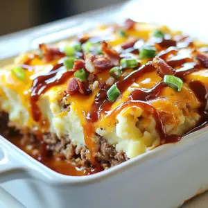 - 1 lb ground beef - 1/2 lb ground turkey or ground chicken - 1 cup plain breadcrumbs - 1 large egg - 1 medium onion, finely chopped - 2 cloves garlic, minced - 1 teaspoon Italian seasoning - 1 teaspoon salt - 1/2 teaspoon black pepper These main ingredients form the heart of your Loaded Meatloaf Mashed Potato Bake. The ground beef and turkey bring rich flavor and texture. Breadcrumbs help bind everything together, while the egg adds moisture. Onions and garlic give a tasty base, and the seasonings round out the dish. - 1 cup shredded cheddar cheese - 1 cup cooked bacon, crumbled (optional, for added flavor) - 1/4 cup green onions, finely chopped (for garnish) - 1/2 cup milk - 1/2 cup sour cream The toppings and garnishes make this dish even more special. Cheddar cheese melts beautifully, adding creaminess and a savory bite. Bacon adds a crunchy element and a smoky flavor. Green onions bring freshness and color. Milk and sour cream mix into the mashed potatoes for a smooth, creamy texture. {{ingredient_image_2}} First, preheat the oven to 375&deg;F (190&deg;C). This helps the meatloaf cook evenly. In a large bowl, combine 1 pound of ground beef and 1/2 pound of ground turkey or chicken. Add 1 cup of plain breadcrumbs, 1 large egg, 1 medium onion (finely chopped), 2 minced garlic cloves, 1 teaspoon of Italian seasoning, 1 teaspoon of salt, and 1/2 teaspoon of black pepper. Mix everything well, using your hands or a sturdy spoon, until the ingredients blend nicely. Next, grease a 9x13 inch baking dish with cooking spray or a bit of oil. Spread the meat mixture evenly in the dish. Press it down slightly to form a smooth layer. Bake the meatloaf in the preheated oven for 30 minutes. This initial cooking helps the meatloaf set and develop great flavor. While the meatloaf bakes, prepare your mashed potatoes. If you make them from scratch, blend in 1/2 cup of milk and 1/2 cup of sour cream for a creamy texture. After 30 minutes, remove the meatloaf from the oven. Spread the prepared mashed potatoes over the top with a spatula. Sprinkle 1 cup of shredded cheddar cheese evenly on top. If you like, add 1 cup of crumbled bacon for extra flavor. Return the dish to the oven and bake for another 25-30 minutes. Look for melted, bubbly cheese that is golden brown. Once done, let it cool for about 10 minutes. Drizzle barbecue sauce on top and garnish with finely chopped green onions. Slice and serve warm. To keep your meatloaf juicy, eggs and breadcrumbs are key. The egg binds the meat and adds moisture. Breadcrumbs soak up juices and keep the meatloaf from being dry. You can also add a splash of milk or some grated cheese for extra moisture. For texture, consider mixing in grated vegetables like zucchini or carrots. They add moisture and nutrients. Another great option is adding finely diced bell peppers. They boost flavor and give a nice crunch. For creamy mashed potatoes, use starchy potatoes like Russets or Yukon Golds. Boil them until tender, then mash with milk and sour cream. This mix makes them rich and smooth. If you're short on time, high-quality store-bought mashed potatoes are great too. Just warm them up and mix in a bit of milk for extra creaminess. Choosing the right cheese makes a big difference. I recommend sharp cheddar for its bold flavor. You can also try mozzarella for a gooey texture. Feel free to get creative with sauces. A drizzle of barbecue sauce or hot sauce adds a fun kick. You could also sprinkle some fresh herbs on top for extra flavor. Green onions not only add taste but also make your dish look vibrant! Pro Tips Use a Meat Thermometer: To ensure your meatloaf is perfectly cooked, use a meat thermometer to check the internal temperature. It should reach 160&deg;F (70&deg;C) for safe consumption. Customize Your Toppings: Feel free to switch up the cheeses and toppings based on your preferences. Try using mozzarella, feta, or even a spicy pepper jack for a unique twist! Make Ahead: This dish can be prepared ahead of time. Assemble the meatloaf and mashed potatoes, then cover and refrigerate until ready to bake. Just add a few extra minutes on the baking time. Experiment with Add-ins: Enhance the flavor by adding ingredients like diced bell peppers, mushrooms, or even diced jalape&ntilde;os into the meat mixture for a little kick! {{image_4}} You can use different ground meats for the Loaded Meatloaf Mashed Potato Bake. This gives you fun options. Try ground pork for a sweeter taste. Ground lamb adds a rich flavor. You can also choose plant-based meat for a healthy twist. Each option will change the dish&rsquo;s flavor, but they all work great. If you need dairy-free or gluten-free options, it&rsquo;s easy. For dairy-free mashed potatoes, swap milk and sour cream with dairy-free versions. Use almond milk or coconut milk for creaminess. For the meatloaf, check labels on breadcrumbs. You can find gluten-free breadcrumbs at many stores. This way, everyone can enjoy this tasty meal. Boost the flavors by adding spices or herbs. Try a dash of paprika for warmth. Fresh herbs like parsley or thyme can brighten the dish. You can also mix in veggies for extra nutrition. Diced bell peppers or shredded carrots work well in the meat mixture. This makes your Loaded Meatloaf Mashed Potato Bake even more delicious and unique. To freeze leftovers of Loaded Meatloaf Mashed Potato Bake, follow these steps: - Cool completely: Allow the dish to cool down to room temperature before freezing. - Use airtight containers: Transfer the leftovers to airtight containers or freezer bags. This prevents freezer burn. - Label and date: Write the date on the container so you know when you froze it. You can keep it in the freezer for up to three months for the best quality. After that, it may still be safe to eat, but the taste may fade. To store this dish in the fridge, do the following: - Cover tightly: Use plastic wrap or a lid to cover the dish. This keeps moisture in and prevents it from drying out. - Consume within a week: Try to eat the leftovers within three to five days for the best flavor and safety. For reheating, you can use a microwave or an oven: - Microwave: Heat in short bursts of 1-2 minutes, stirring in between until hot. - Oven: Preheat your oven to 350&deg;F (175&deg;C). Cover with foil and bake for about 20-25 minutes, or until warmed through. Enjoy your leftovers just as much as the first serving! You can pair this dish with simple sides. Here are some great options: - Steamed green beans - Roasted carrots - Garden salad - Corn on the cob - Garlic bread These sides add freshness and crunch. They balance the rich flavors of the meatloaf and potatoes. Yes, you can prepare this dish in advance. Here&rsquo;s how: - Mix your meatloaf and layer it in the baking dish. - Cover it tightly with plastic wrap and refrigerate. - You can also make the mashed potatoes ahead and store them separately. When you're ready to bake, just remove the wrap. Bake as directed, adding a few extra minutes if chilled. The total baking time is about 55-60 minutes. Here is the breakdown: - Bake the meatloaf for 30 minutes. - Then, add the mashed potatoes and cheese. Bake for another 25-30 minutes. Always ensure cheese is melted and bubbly before serving. Absolutely! You can swap cheddar for other cheeses. Here are some tasty alternatives: - Monterey Jack - Pepper Jack for a spicy kick - Mozzarella for a milder flavor - Gouda for a smoky touch Feel free to mix and match to find your favorite flavor! This Loaded Meatloaf Mashed Potato Bake combines rich flavors and easy steps. We used ground beef or turkey, breadcrumbs, and savory toppings. Your dish will shine with cheese, bacon, and fresh green onions. Remember to keep your meatloaf moist and your mashed potatoes creamy. Feel free to use different proteins and try new spices. Proper storage keeps leftovers tasty for days. Enjoy this hearty meal that can impress any gathering or satisfy a family dinner. Cooking can be fun and flexible, so let your creativity guide you!