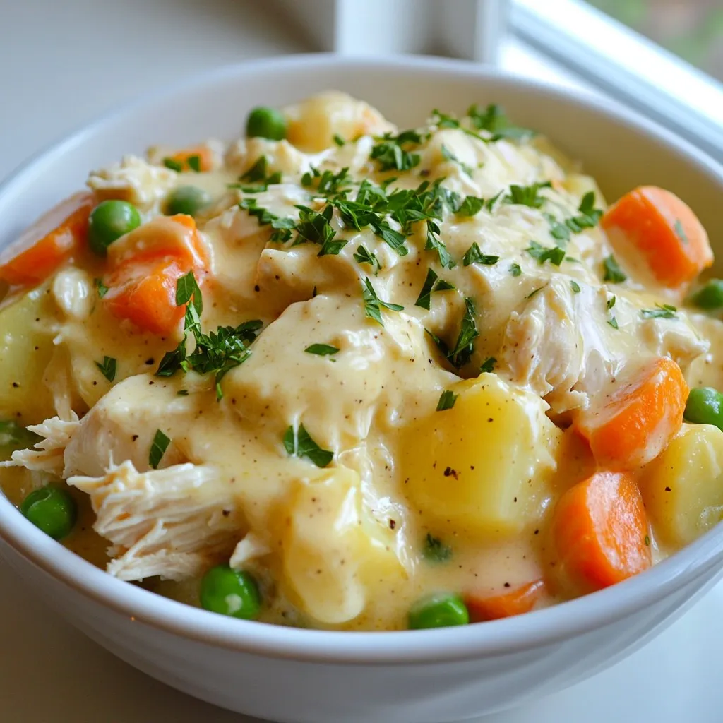 - 4 boneless, skinless chicken breasts - 1 packet (1 oz) ranch seasoning mix - 1 cup cream cheese, softened to room temperature - 1 cup low-sodium chicken broth - 1 cup diced potatoes, about ½-inch cubes - 1 cup frozen peas and carrots mix - 1 teaspoon garlic powder - 1 teaspoon onion powder - Freshly ground salt and pepper, to taste - Fresh parsley, chopped, for garnish To make Creamy Ranch Crockpot Chicken, you need simple ingredients. I love using boneless, skinless chicken breasts. They cook evenly and soak up all the flavors. You’ll also need a packet of ranch seasoning mix. This gives the dish its signature taste. Cream cheese is key for that creamy texture. Make sure it’s softened, so it blends well. Low-sodium chicken broth keeps the dish tasty but not too salty. Diced potatoes add heartiness, and frozen peas and carrots bring color and nutrition. Don’t forget garlic and onion powder for extra flavor. Finally, add salt and pepper to taste. Fresh parsley makes a lovely garnish and adds a pop of color. This mix of ingredients creates a delicious meal that is easy to prepare. {{ingredient_image_2}} - Layering Chicken Breasts Start by laying four boneless, skinless chicken breasts in the crockpot. Make sure they are flat at the bottom. This helps them cook evenly and absorb all the flavors. - Creating the Creamy Ranch Mixture In a medium bowl, mix one packet of ranch seasoning with one cup of softened cream cheese. Add one cup of low-sodium chicken broth, one teaspoon of garlic powder, and one teaspoon of onion powder. Whisk these ingredients well until there are no lumps. The mixture should be smooth and creamy. - Adding Layers in the Crockpot Carefully pour the creamy ranch mixture over the chicken breasts, making sure to spread it evenly. Layer one cup of diced potatoes on top, followed by a cup of frozen peas and carrots. This adds color and nutrition to the dish. - Cooking Time and Settings Season everything with freshly ground salt and pepper. Adjust it to your taste. Cover the crockpot and set it to cook on low for 6-8 hours or on high for 4-5 hours. The chicken should be tender enough to shred when done. - Shredding the Chicken Once the cooking time is up, use two forks to shred the chicken right in the crockpot. This helps mix the chicken with the creamy sauce and vegetables. - Mixing Flavors Together Stir everything well to combine the flavors. Ladle the creamy ranch chicken into bowls and garnish with freshly chopped parsley for a bright finish. Enjoy this delicious meal! Adjusting Seasoning to Taste Taste is key in this dish. Start with the ranch seasoning mix. You can always add more if needed. I like to sprinkle in a bit of salt and pepper, too. This helps bring out the flavors. If you want it spicier, add a dash of cayenne or paprika. Always taste as you go! Ensuring Cream Cheese is Softened Softened cream cheese blends better. Take it out of the fridge about 30 minutes before you start cooking. This way, it mixes smoothly with the other ingredients. If you're in a hurry, you can cut it into small cubes. This helps it soften faster when you whisk it with the ranch mix and broth. Serving with Side Dishes This creamy ranch chicken pairs well with many sides. Try serving it over rice or mashed potatoes for a hearty meal. You can also add warm bread to soak up the sauce. A fresh salad or steamed veggies add a nice touch, too. Presentation Ideas for Garnishing A little garnish goes a long way. After serving, sprinkle fresh parsley on top. It adds color and a burst of flavor. You can also place a lemon wedge on the side. This gives a bright contrast and a zesty taste. A little bit of creativity makes your meal look special! Pro Tips Use Fresh Ingredients: Fresh herbs and vegetables can elevate the dish's flavor, making it even more delicious. Customize Your Veggies: Feel free to swap in your favorite vegetables or whatever you have on hand for a personalized touch. Shred Chicken for Better Flavor: Shredding the chicken allows it to absorb more of the creamy ranch sauce, enhancing every bite. Make It Ahead: This dish is great for meal prep! Cook it in advance and reheat for quick, satisfying meals throughout the week. {{image_4}} Alternatives for Cream Cheese If you want a lighter option, you can swap cream cheese for Greek yogurt. It adds creaminess and a bit of tang. You can also use sour cream for a different taste. Both options work well in this dish. Differing Protein Options Chicken is great, but you can try pork or turkey too. Boneless thighs add flavor and stay juicy. For a vegetarian twist, use chickpeas or tofu. Just make sure to adjust the cooking time. Extra Vegetables to Include Feel free to add more veggies for extra nutrients. Bell peppers or corn can add sweetness. You can also include green beans or broccoli for color and crunch. Just chop them into small pieces for even cooking. Spices for Different Flavor Profiles Spices can change the taste of your dish. Try adding a dash of paprika for smokiness. If you love heat, toss in some cayenne pepper. For an Italian vibe, mix in dried oregano or basil. These simple changes can create a whole new meal. To keep your Creamy Ranch Crockpot Chicken fresh, store it in the fridge. Use an airtight container to prevent spills and keep out air. This dish stays tasty for about 3 to 4 days. Always let it cool before sealing it up. This helps keep the chicken juicy and the flavors intact. If you want to save some for later, freezing is a great option. Start by letting the dish cool completely. Then, scoop it into freezer-safe bags or containers. Make sure to remove as much air as possible to avoid freezer burn. You can freeze it for up to 3 months. When you are ready to eat, thaw it overnight in the fridge. Then, heat it gently in a pot on the stove. Stir it well to maintain the creamy texture. You can also reheat it in the microwave, but be sure to cover it to keep it moist. The cooking time for Creamy Ranch Crockpot Chicken varies by setting. If you use the low setting, it will take about 6 to 8 hours. On the high setting, it cooks in 4 to 5 hours. Always check the chicken for doneness. It should be tender enough to shred easily. Yes, you can use fresh chicken. Fresh chicken cooks faster than frozen. If you decide to use fresh chicken, reduce the cooking time by about 1 hour on each setting. This change helps keep the chicken juicy and tender. You can serve Creamy Ranch Crockpot Chicken with many sides. Here are some good choices: - Warm bread or rolls - Steamed rice or quinoa - A simple garden salad - Roasted vegetables - Mashed potatoes These sides make your meal complete and satisfying. Consider adding a lemon wedge for a fresh twist. This recipe for Creamy Ranch Crockpot Chicken offers a blend of flavors and ease. You used simple ingredients like chicken, cream cheese, and ranch seasoning. The step-by-step instructions guide you through making it perfectly. Remember to adjust flavors based on your taste and keep leftovers for later. This dish is versatile, allowing you to use different proteins and vegetables. You can serve it with various sides for a full meal. Enjoy the cooking process and the delicious result!