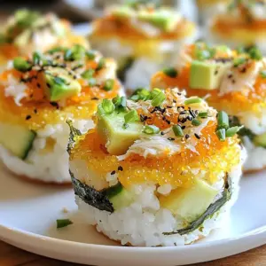 - 2 cups sushi rice - 1 pound imitation crab meat, shredded - 1 ripe avocado, diced - 1 cucumber, finely chopped - 1/4 cup rice vinegar - 1/2 cup mayonnaise - 2 teaspoons sriracha (or to taste) - 1 sheet nori, cut into small squares - Chopped green onions - Soy sauce {{ingredient_image_2}} To start, you need to rinse the sushi rice. Place it in a bowl and run cold water over it. Keep rinsing until the water runs clear. This step removes excess starch. After rinsing, it's time to cook the rice. - Combine 2 cups of rinsed rice with 2 ½ cups of water in a rice cooker or pot. - If using a pot, bring the mixture to a boil, reduce heat, and cover. Allow it to simmer for 20 minutes. - Once done, let the rice sit covered for another 10 minutes. This helps it achieve the right texture. Next, we season the rice. In a small bowl, mix ¼ cup of rice vinegar with 2 tablespoons of sugar and 1 teaspoon of salt. Stir until dissolved. Pour this mix over the warm rice and fold it gently. Be careful not to smash the grains. Let the rice cool to room temperature. Now, let’s make the filling. In a medium bowl, combine the following ingredients: - 1 pound of shredded imitation crab meat - 1 ripe avocado, diced - 1 cucumber, finely chopped - ½ cup of mayonnaise - 2 teaspoons of sriracha (adjust to your spice level) - 1 tablespoon of sesame oil Mix these ingredients well. Taste the filling, and add more sriracha if you want it spicier. This filling is creamy and has fresh flavors from the veggies. Preheat your oven to 375°F (190°C). Lightly grease a muffin tin with cooking spray or oil. - Now, take a small handful of sushi rice. Press it into the bottom of each muffin cup. Make sure the layer is about ¼ inch thick. - Spoon the crab mixture over each rice layer, filling each cup to the top. Pack it gently but well. Place the muffin tin in the preheated oven and bake for 15 to 18 minutes. You want the tops to be lightly golden and the filling warm. Once baked, let the cups cool for a few minutes. Use a knife to run around the edges, which helps release them. Lift the sushi cups out gently. Garnish with small squares of nori and chopped green onions. Enjoy your fun and tasty sushi bake cups! Rinsing sushi rice is key for great texture. It removes excess starch, which can make rice sticky. Always rinse until the water runs clear. This simple step helps the rice cook evenly. After cooking, let the rice sit covered for ten minutes. This cools the rice and helps it firm up. If you want to speed up cooling, spread the rice on a baking sheet. This increases airflow and cools it down fast. You can easily change the flavor of your sushi bake cups. Adjust spice levels by adding more or less sriracha. If you want a creamier filling, add a touch of cream cheese. For a pop of color, try adding diced bell peppers or shredded carrots. When serving, arrange the cups on a nice platter. A colorful presentation makes them even more inviting! If your rice is overcooked, it may be too mushy. Try adding a bit of vinegar mix to help bind it. You can also reshape it gently with your hands. To keep the filling intact while baking, pack it firmly but not too tight. If the cups fall apart, try using a muffin tin with a non-stick coating. A gentle release with a knife helps, too. Pro Tips Perfect Rice Texture: Always rinse the sushi rice until the water runs clear. This helps remove excess starch and prevents the rice from becoming sticky and gummy. Adjusting Spice Levels: When mixing the filling, taste as you go. This allows you to adjust the amount of sriracha to suit your personal spice preference. Gently Pack the Rice: When pressing the rice into the muffin tins, use a gentle hand to avoid compressing it too much, which can lead to a dense texture. Cooling Time: Let the sushi cups cool for a few minutes after baking before attempting to remove them. This makes them easier to handle and helps maintain their shape. {{image_4}} You can change up the protein in these cups. Shrimp works well. It adds a nice twist. You can cook shrimp, chop it, and mix it in. Real crab is another great choice. It adds a fresh flavor that many love. For a vegetarian twist, try using tofu. Cube the tofu and mix it with some seasoning. It gives a hearty bite without the seafood. Want to make your cups even tastier? Adding cream cheese can make them rich and smooth. Just mix it into the filling. You can also try different sauces. Soy sauce adds umami. Teriyaki sauce brings a sweet touch. Mix these in with your filling for extra flavor. You can even drizzle them on top before serving. You can really have fun with themes. For holidays, add festive colors. Use red and green veggies for Christmas. For Halloween, make them look spooky with black sesame seeds. You can also borrow ideas from other cuisines. Try adding kimchi for a Korean twist. Or use spices from Indian cuisine for a unique flavor. Don't hesitate to get creative; the options are endless! Store your sushi bake cups in the fridge. Let them cool completely first. Place them in an airtight container. This keeps them fresh and tasty. They will stay good for about 3 days. You can also freeze sushi bake cups. Wrap each cup tightly in plastic wrap. Then, place them in a freezer bag. They can last up to 3 months in the freezer. When ready to eat, thaw them in the fridge overnight. Reheat in the oven at 350°F (175°C) for about 10 minutes. For the best quality, eat your sushi bake cups within 3 days if stored in the fridge. If you freeze them, try to enjoy them within 3 months. The longer they sit, the less tasty they become. Always check for any off smells or changes in texture before consuming. TikTok Sushi Bake Cups are a fun twist on sushi. They mix sushi rice with a tasty filling. This dish has taken social media by storm. It is easy to make and fun to eat. You bake the rice cups in a muffin tin. They come out warm and golden. Each bite is full of flavor. You can customize them with your favorite toppings. Yes, you can prepare this dish ahead of time. You can cook the rice and mix the filling a day before. Store them in the fridge until you're ready to bake. Just pack the rice into the muffin tin and add the filling. This makes it easy for quick meals or snacks. Baking them fresh will give you the best taste. These Sushi Bake Cups pair well with many sides. You can serve them with: - Edamame - Seaweed salad - Pickled ginger - Miso soup Soy sauce is a must for dipping. You can also add some wasabi for extra kick. These sides make your meal even more fun and tasty. In this post, I shared how to make sushi bake cups using basic ingredients like sushi rice, imitation crab meat, and fresh vegetables. You learned the steps for preparing the rice, making the filling, and assembling it all. I also offered tips for perfecting your dish and suggested fun variations. Finally, I provided storage info to keep your sushi bake fresh. This fun and customizable dish is easy to make and great for any occasion. Enjoy your cooking and have fun trying new flavors!