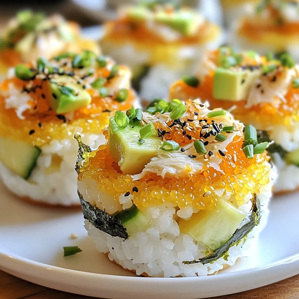 - 2 cups sushi rice - 1 pound imitation crab meat, shredded - 1 ripe avocado, diced - 1 cucumber, finely chopped - 1/4 cup rice vinegar - 1/2 cup mayonnaise - 2 teaspoons sriracha (or to taste) - 1 sheet nori, cut into small squares - Chopped green onions - Soy sauce {{ingredient_image_2}} To start, you need to rinse the sushi rice. Place it in a bowl and run cold water over it. Keep rinsing until the water runs clear. This step removes excess starch. After rinsing, it's time to cook the rice. - Combine 2 cups of rinsed rice with 2 ½ cups of water in a rice cooker or pot. - If using a pot, bring the mixture to a boil, reduce heat, and cover. Allow it to simmer for 20 minutes. - Once done, let the rice sit covered for another 10 minutes. This helps it achieve the right texture. Next, we season the rice. In a small bowl, mix ¼ cup of rice vinegar with 2 tablespoons of sugar and 1 teaspoon of salt. Stir until dissolved. Pour this mix over the warm rice and fold it gently. Be careful not to smash the grains. Let the rice cool to room temperature. Now, let’s make the filling. In a medium bowl, combine the following ingredients: - 1 pound of shredded imitation crab meat - 1 ripe avocado, diced - 1 cucumber, finely chopped - ½ cup of mayonnaise - 2 teaspoons of sriracha (adjust to your spice level) - 1 tablespoon of sesame oil Mix these ingredients well. Taste the filling, and add more sriracha if you want it spicier. This filling is creamy and has fresh flavors from the veggies. Preheat your oven to 375°F (190°C). Lightly grease a muffin tin with cooking spray or oil. - Now, take a small handful of sushi rice. Press it into the bottom of each muffin cup. Make sure the layer is about ¼ inch thick. - Spoon the crab mixture over each rice layer, filling each cup to the top. Pack it gently but well. Place the muffin tin in the preheated oven and bake for 15 to 18 minutes. You want the tops to be lightly golden and the filling warm. Once baked, let the cups cool for a few minutes. Use a knife to run around the edges, which helps release them. Lift the sushi cups out gently. Garnish with small squares of nori and chopped green onions. Enjoy your fun and tasty sushi bake cups! Rinsing sushi rice is key for great texture. It removes excess starch, which can make rice sticky. Always rinse until the water runs clear. This simple step helps the rice cook evenly. After cooking, let the rice sit covered for ten minutes. This cools the rice and helps it firm up. If you want to speed up cooling, spread the rice on a baking sheet. This increases airflow and cools it down fast. You can easily change the flavor of your sushi bake cups. Adjust spice levels by adding more or less sriracha. If you want a creamier filling, add a touch of cream cheese. For a pop of color, try adding diced bell peppers or shredded carrots. When serving, arrange the cups on a nice platter. A colorful presentation makes them even more inviting! If your rice is overcooked, it may be too mushy. Try adding a bit of vinegar mix to help bind it. You can also reshape it gently with your hands. To keep the filling intact while baking, pack it firmly but not too tight. If the cups fall apart, try using a muffin tin with a non-stick coating. A gentle release with a knife helps, too. Pro Tips Perfect Rice Texture: Always rinse the sushi rice until the water runs clear. This helps remove excess starch and prevents the rice from becoming sticky and gummy. Adjusting Spice Levels: When mixing the filling, taste as you go. This allows you to adjust the amount of sriracha to suit your personal spice preference. Gently Pack the Rice: When pressing the rice into the muffin tins, use a gentle hand to avoid compressing it too much, which can lead to a dense texture. Cooling Time: Let the sushi cups cool for a few minutes after baking before attempting to remove them. This makes them easier to handle and helps maintain their shape. {{image_4}} You can change up the protein in these cups. Shrimp works well. It adds a nice twist. You can cook shrimp, chop it, and mix it in. Real crab is another great choice. It adds a fresh flavor that many love. For a vegetarian twist, try using tofu. Cube the tofu and mix it with some seasoning. It gives a hearty bite without the seafood. Want to make your cups even tastier? Adding cream cheese can make them rich and smooth. Just mix it into the filling. You can also try different sauces. Soy sauce adds umami. Teriyaki sauce brings a sweet touch. Mix these in with your filling for extra flavor. You can even drizzle them on top before serving. You can really have fun with themes. For holidays, add festive colors. Use red and green veggies for Christmas. For Halloween, make them look spooky with black sesame seeds. You can also borrow ideas from other cuisines. Try adding kimchi for a Korean twist. Or use spices from Indian cuisine for a unique flavor. Don't hesitate to get creative; the options are endless! Store your sushi bake cups in the fridge. Let them cool completely first. Place them in an airtight container. This keeps them fresh and tasty. They will stay good for about 3 days. You can also freeze sushi bake cups. Wrap each cup tightly in plastic wrap. Then, place them in a freezer bag. They can last up to 3 months in the freezer. When ready to eat, thaw them in the fridge overnight. Reheat in the oven at 350°F (175°C) for about 10 minutes. For the best quality, eat your sushi bake cups within 3 days if stored in the fridge. If you freeze them, try to enjoy them within 3 months. The longer they sit, the less tasty they become. Always check for any off smells or changes in texture before consuming. TikTok Sushi Bake Cups are a fun twist on sushi. They mix sushi rice with a tasty filling. This dish has taken social media by storm. It is easy to make and fun to eat. You bake the rice cups in a muffin tin. They come out warm and golden. Each bite is full of flavor. You can customize them with your favorite toppings. Yes, you can prepare this dish ahead of time. You can cook the rice and mix the filling a day before. Store them in the fridge until you're ready to bake. Just pack the rice into the muffin tin and add the filling. This makes it easy for quick meals or snacks. Baking them fresh will give you the best taste. These Sushi Bake Cups pair well with many sides. You can serve them with: - Edamame - Seaweed salad - Pickled ginger - Miso soup Soy sauce is a must for dipping. You can also add some wasabi for extra kick. These sides make your meal even more fun and tasty. In this post, I shared how to make sushi bake cups using basic ingredients like sushi rice, imitation crab meat, and fresh vegetables. You learned the steps for preparing the rice, making the filling, and assembling it all. I also offered tips for perfecting your dish and suggested fun variations. Finally, I provided storage info to keep your sushi bake fresh. This fun and customizable dish is easy to make and great for any occasion. Enjoy your cooking and have fun trying new flavors!