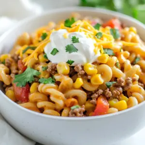 For a tasty Cheesy Taco Pasta, gather these ingredients: - 8 ounces elbow macaroni - 1 pound ground beef or ground turkey - 1 packet taco seasoning (about 1 ounce) - 1 cup diced tomatoes (canned or fresh) - 1 cup corn (frozen or canned, drained) - 1 bell pepper, diced (any color for vibrancy) - 1 small onion, finely chopped - 2 cups shredded cheddar cheese - 1 cup sour cream - 2 tablespoons olive oil - Salt and pepper to taste - Fresh cilantro, chopped, for garnish You will need a few basic tools to make this dish: - Large pot for boiling pasta - Colander to drain the macaroni - Spatula for stirring and breaking meat - Cutting board and knife for chopping vegetables When selecting fresh ingredients, keep these tips in mind: - Look for firm and bright bell peppers. They should be free from spots. - Choose tomatoes that feel heavy and have a smooth skin. - Pick corn that is sweet and plump, avoiding any bruises. - Check the ground meat for a bright color and no off-smell. - Fresh herbs like cilantro should be vibrant and fragrant. Using fresh ingredients will enhance the taste of your Cheesy Taco Pasta. Enjoy the flavors! {{ingredient_image_2}} Fill a large pot with water. Add a generous pinch of salt. Bring the water to a rapid boil. Add 8 ounces of elbow macaroni. Cook according to the package instructions until al dente. Drain the macaroni in a colander and set it aside. In the same pot, pour in 2 tablespoons of olive oil. Heat it over medium heat. Once warm, add 1 small onion, finely chopped, and 1 diced bell pepper. Saut&eacute; for about 4 to 5 minutes. Stir occasionally until the vegetables soften and smell great. Add 1 pound of ground beef or turkey to the pot. Use a spatula to break the meat apart as it cooks. Cook for about 6 to 8 minutes until the meat is browned. If there is excess fat, carefully drain it off. Sprinkle 1 packet of taco seasoning over the browned meat. Stir in 1 cup of diced tomatoes and 1 cup of corn. Cook this mixture for an additional 2 to 3 minutes. Stir frequently until everything heats up completely. Return the cooked macaroni to the pot. Reduce the heat to low. Stir in 1 cup of sour cream and half of the shredded cheddar cheese. Mix until creamy and well combined. Then, sprinkle the remaining cheddar cheese on top. Cover the pot with a lid for 2 to 3 minutes. This allows the cheese to melt beautifully. Taste the dish and adjust with salt and pepper if needed. Serve hot in vibrant bowls. Sprinkle extra cheddar cheese and chopped cilantro on top. A dollop of sour cream adds creaminess and looks great too. To make the best Cheesy Taco Pasta, follow these simple tips: - Cook pasta al dente: This keeps it firm and avoids mushiness. - Use fresh veggies: Fresh bell peppers and onions add great flavor. - Brown the meat well: This step gives depth to the dish. - Mix evenly: Stir well to spread flavors throughout the pasta. - Let cheese melt: Cover the pot for a few minutes to get a creamy texture. Avoid these common mistakes to ensure your dish shines: - Overcooking pasta: Keep an eye on the time to prevent softness. - Not draining excess fat: Drain fat after browning meat for a healthier dish. - Skipping seasoning: Always taste and adjust salt and pepper as needed. - Adding too much cheese at once: Layering cheese helps it melt better. Boost the flavor of your Cheesy Taco Pasta with these ideas: - Cilantro: Fresh cilantro adds a bright note when served. - Chili powder: A pinch can add a nice kick. - Garlic powder: This gives an aromatic touch without extra chopping. - Lime juice: A squeeze right before serving brightens the dish. These tips will help you create a tasty and satisfying meal that everyone will love. Pro Tips Use High-Quality Cheese: Opt for a good quality sharp cheddar cheese for a more robust flavor that enhances the overall dish. Customizable Protein: Feel free to substitute ground beef or turkey with other proteins like chicken or vegetarian alternatives for a different taste. Add Extra Veggies: Incorporate more vegetables like zucchini or spinach for added nutrition and color, making it a more balanced meal. Meal Prep Friendly: This dish can be made ahead of time and stored in the refrigerator for up to 3 days, making it perfect for meal prepping. {{image_4}} You can easily make this dish vegetarian. Swap the ground meat for plant-based meat or beans. Use lentils, black beans, or chickpeas for protein. These options add great flavor and texture. Don't forget to add more veggies like zucchini or mushrooms. They will enhance the dish and keep it filling. This way, you get a hearty meal that everyone will enjoy. For those who prefer different proteins, consider chicken or pork. Ground chicken or shredded rotisserie chicken works well. You can also try tofu for a vegetarian option. This adds a unique twist to the cheesy taco pasta. Use your favorite taco seasoning to blend flavors. Experiment with different cheeses too. Pepper jack cheese adds a spicy kick, while mozzarella keeps it mild. If you want a low-carb version, replace the pasta with zucchini noodles or spaghetti squash. Both options are low in carbs yet high in flavor. You can also use cauliflower rice for a grain-free meal. This keeps the dish light while still being satisfying. Adjust the seasoning to match your taste preference. Enjoy a delicious, guilt-free meal that fits your lifestyle! To keep your Cheesy Taco Pasta fresh, let it cool. Once cool, place it in an airtight container. This helps keep moisture in and air out. Store it in the fridge for up to three days. If you want to enjoy it later, freezing is a great option. When it's time to reheat, use the microwave or a skillet. If using a microwave, add a splash of water. This keeps the pasta moist. Heat it in short bursts, stirring often until warm. In a skillet, add a little oil, and stir the pasta over low heat. This method helps keep the flavors intact. For long-term storage, freeze the pasta in individual portions. Use freezer-safe bags or containers. Be sure to remove as much air as possible. Label each bag with the date. You can freeze it for up to three months. When ready to eat, thaw it in the fridge overnight. Reheat as described above. Yes, you can use other pasta shapes. Penne or rotini work well. These shapes hold sauce nicely. You can even try gluten-free pasta if needed. Just follow the cooking time on the package. You can use Greek yogurt instead of sour cream. It adds creaminess with a tangy flavor. Cream cheese or cottage cheese also works well. Choose what you have on hand for a tasty option. To add spice, use jalape&ntilde;os or chili powder. You can also add hot sauce to the mix. For more flavor, try spicier taco seasoning. Adjust to your taste for the right kick. Yes, you can make it ahead. Prepare the dish, let it cool, and store it in the fridge. Reheat it on the stove or in the oven. It tastes great even the next day! Serve it with a simple salad or garlic bread. Corn on the cob or tortilla chips makes a good match too. These sides add crunch and balance to the meal. Enjoy a well-rounded dinner! In this post, we explored making Cheesy Taco Pasta. We looked at key ingredients, step-by-step instructions, and tips for the best results. I shared variations for different diets and how to store leftovers. Remember to choose fresh ingredients and avoid common mistakes for the best flavor. Feel free to add your favorite spices or try new proteins. This dish is easy to adapt and fun to make. Enjoy cooking and sharing your delicious creation!