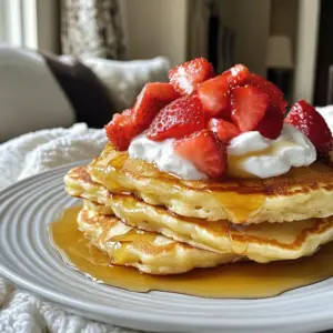- 1 cup rolled oats (ground into flour) - 1 scoop vanilla protein powder - 1 teaspoon baking powder - 1/4 teaspoon salt - 1 cup buttermilk (or plant-based milk) - 1 large egg - 1 tablespoon honey or maple syrup - 1 teaspoon vanilla extract - 1 cup fresh strawberries, diced - Greek yogurt or whipped cream Making these pancakes is simple and fun. The main ingredients start with rolled oats. You can easily grind these into flour using a blender. This oat flour gives the pancakes a hearty texture. Next, we add a scoop of vanilla protein powder. This boosts the protein and makes these pancakes a great meal. A teaspoon of baking powder helps the pancakes rise. A little salt brings out all the flavors. Now, for the wet ingredients. You can use buttermilk or any plant-based milk you love. One large egg adds richness to the batter. Sweeten the mix with a tablespoon of honey or maple syrup. One teaspoon of vanilla extract gives the pancakes a lovely aroma. For toppings, fresh strawberries are a must! They add sweetness and color. You can also top your pancakes with Greek yogurt or whipped cream for a creamy finish. This blend of ingredients makes for a tasty and hearty breakfast. Enjoy every bite of these strawberries and cream protein pancakes! {{ingredient_image_2}} Start with rolled oats. Use a blender or food processor. Grind them until they turn into fine flour. This oat flour makes the pancakes special and healthy. In a large bowl, mix the oat flour, protein powder, baking powder, and salt. Use a whisk to blend these dry ingredients well. This step ensures your pancakes rise nicely during cooking. In another bowl, whisk together the buttermilk, egg, honey, and vanilla extract. Make sure the mixture is smooth and well-combined. This adds moisture and flavor to your pancakes. Pour the wet mixture into the dry ingredients. Stir gently until just combined. Some lumps are fine. Then, fold in the diced strawberries. This adds fresh flavor and sweetness to your pancakes. Heat a non-stick skillet over medium heat. Lightly grease it with cooking spray or a little butter. For each pancake, pour about 1/4 cup of batter onto the skillet. Cook for 2-3 minutes. Look for bubbles on the surface. The edges should look set. Carefully flip the pancakes and cook for 1-2 more minutes. Both sides should be golden brown. Adjust the heat if needed to avoid burning. Repeat this process until you finish all the batter. Stack the pancakes high on a plate. Top each stack with Greek yogurt or whipped cream for a creamy touch. You can also add extra sliced strawberries on top. This makes your pancakes look and taste even better! To make pancakes light and fluffy, avoid overmixing the batter. When you mix too much, pancakes can turn tough. Stir until just combined. You will have some lumps, and that's okay. Also, adjust cooking time and heat settings. Start with medium heat. If pancakes brown too quickly, lower the heat. Each stove is different, so watch closely. You can customize the sweetness of your pancakes. I like to use honey or maple syrup. Add more or less based on your taste. Remember, the strawberries add natural sweetness too. Taste the batter before cooking to find your perfect level. For a great presentation, stack pancakes neatly. Drizzle honey or maple syrup over the top. This adds a shiny look and extra flavor. Garnish with fresh strawberry slices around the plate. It makes your meal colorful and inviting. A beautiful plate makes the pancakes even more enjoyable! Pro Tips Use Fresh Strawberries: For the best flavor and texture, opt for fresh, ripe strawberries. They not only enhance the taste but also add vibrant color to your pancakes. Don&rsquo;t Overmix the Batter: When combining the wet and dry ingredients, mix just until combined. A few lumps are okay; overmixing can lead to tough pancakes. Keep Them Warm: If you're making a large batch, keep the cooked pancakes warm in a low oven (about 200&deg;F) while you finish cooking the rest. Customize Your Toppings: While Greek yogurt or whipped cream is delicious, feel free to experiment with toppings like nuts, seeds, or a sprinkle of cinnamon for added flavor. {{image_4}} You can switch strawberries for other fruits. Blueberries or bananas work great! They add a sweet twist. Try using ripe bananas for a natural sweetness. Blueberries give a juicy pop in every bite. Feel free to mix fruits too! If you want a dairy-free choice, use almond or coconut milk. They blend well with the other flavors. This keeps your pancakes light and tasty. Plus, it's a great option for those with lactose intolerance. Want more protein? Add nut butter to the batter! Almond or peanut butter gives a rich flavor and extra protein. Just a tablespoon will do the trick. It makes the pancakes even more filling and delicious. To keep your pancakes fresh, refrigerate them in an airtight container. They will stay good for up to 3 days. This helps maintain their nice texture and flavor. Want to store your pancakes for longer? You can freeze them! First, let the pancakes cool completely. Then, stack them with parchment paper between each one. Place the stack in a freezer-safe bag or container. They will keep well for up to 2 months. When you want to enjoy them, just take out as many as you need. To keep your pancakes fluffy when reheating, avoid using the microwave. Instead, try these methods: - Oven: Preheat the oven to 350&deg;F (175&deg;C). Place the pancakes on a baking sheet. Cover them with foil to keep them moist. Heat for about 10 minutes. - Skillet: Heat a non-stick skillet over low heat. Add a little butter or oil, then place the pancakes in the skillet. Flip them after about 1-2 minutes. This method keeps them soft and warm. - Toaster: You can also use a toaster for reheating. Just pop them in until warm. This method works well if you like a bit of crispiness on the outside. You can easily make these pancakes vegan. Replace the egg with a flax egg. To make a flax egg, mix 1 tablespoon of ground flaxseed with 2.5 tablespoons of water. Let it sit for 5 minutes to thicken. For the buttermilk, use plant-based milk. Almond or oat milk works well. You can also add a splash of vinegar for a buttermilk flavor. This keeps your pancakes tasty and fluffy! To make your pancakes fluffier, use fresh baking powder. Ensure it is not expired. Also, do not overmix the batter. Mixing too much can make pancakes dense. Let the batter rest for a few minutes. This helps the baking powder create air bubbles. Finally, cook them on medium heat. This ensures the pancakes rise nicely and cook evenly. These pancakes pair well with many tasty sides. Fresh fruit like bananas or blueberries adds flavor. Serve them with a side of Greek yogurt for extra creaminess. Maple syrup drizzled on top is a must. For drinks, a glass of orange juice or a smoothie works great. You can also enjoy them with a cup of coffee or tea. These pancakes offer a healthy twist with oats and protein. You learned how to grind oats, mix ingredients, and cook perfectly fluffy pancakes. Remember, you can customize with different fruits or sweeteners. Enjoy them topped with Greek yogurt or cream. Store leftovers in the fridge or freeze for later. Experiment with variations to find your favorite. A few simple steps yield delicious results that satisfy your cravings. Now, it&rsquo;s time to make your own and share this tasty treat!