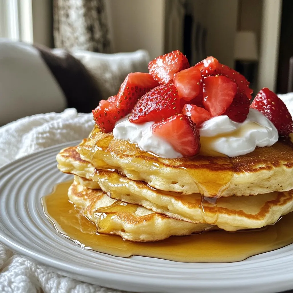 - 1 cup rolled oats (ground into flour) - 1 scoop vanilla protein powder - 1 teaspoon baking powder - 1/4 teaspoon salt - 1 cup buttermilk (or plant-based milk) - 1 large egg - 1 tablespoon honey or maple syrup - 1 teaspoon vanilla extract - 1 cup fresh strawberries, diced - Greek yogurt or whipped cream Making these pancakes is simple and fun. The main ingredients start with rolled oats. You can easily grind these into flour using a blender. This oat flour gives the pancakes a hearty texture. Next, we add a scoop of vanilla protein powder. This boosts the protein and makes these pancakes a great meal. A teaspoon of baking powder helps the pancakes rise. A little salt brings out all the flavors. Now, for the wet ingredients. You can use buttermilk or any plant-based milk you love. One large egg adds richness to the batter. Sweeten the mix with a tablespoon of honey or maple syrup. One teaspoon of vanilla extract gives the pancakes a lovely aroma. For toppings, fresh strawberries are a must! They add sweetness and color. You can also top your pancakes with Greek yogurt or whipped cream for a creamy finish. This blend of ingredients makes for a tasty and hearty breakfast. Enjoy every bite of these strawberries and cream protein pancakes! {{ingredient_image_2}} Start with rolled oats. Use a blender or food processor. Grind them until they turn into fine flour. This oat flour makes the pancakes special and healthy. In a large bowl, mix the oat flour, protein powder, baking powder, and salt. Use a whisk to blend these dry ingredients well. This step ensures your pancakes rise nicely during cooking. In another bowl, whisk together the buttermilk, egg, honey, and vanilla extract. Make sure the mixture is smooth and well-combined. This adds moisture and flavor to your pancakes. Pour the wet mixture into the dry ingredients. Stir gently until just combined. Some lumps are fine. Then, fold in the diced strawberries. This adds fresh flavor and sweetness to your pancakes. Heat a non-stick skillet over medium heat. Lightly grease it with cooking spray or a little butter. For each pancake, pour about 1/4 cup of batter onto the skillet. Cook for 2-3 minutes. Look for bubbles on the surface. The edges should look set. Carefully flip the pancakes and cook for 1-2 more minutes. Both sides should be golden brown. Adjust the heat if needed to avoid burning. Repeat this process until you finish all the batter. Stack the pancakes high on a plate. Top each stack with Greek yogurt or whipped cream for a creamy touch. You can also add extra sliced strawberries on top. This makes your pancakes look and taste even better! To make pancakes light and fluffy, avoid overmixing the batter. When you mix too much, pancakes can turn tough. Stir until just combined. You will have some lumps, and that's okay. Also, adjust cooking time and heat settings. Start with medium heat. If pancakes brown too quickly, lower the heat. Each stove is different, so watch closely. You can customize the sweetness of your pancakes. I like to use honey or maple syrup. Add more or less based on your taste. Remember, the strawberries add natural sweetness too. Taste the batter before cooking to find your perfect level. For a great presentation, stack pancakes neatly. Drizzle honey or maple syrup over the top. This adds a shiny look and extra flavor. Garnish with fresh strawberry slices around the plate. It makes your meal colorful and inviting. A beautiful plate makes the pancakes even more enjoyable! Pro Tips Use Fresh Strawberries: For the best flavor and texture, opt for fresh, ripe strawberries. They not only enhance the taste but also add vibrant color to your pancakes. Don’t Overmix the Batter: When combining the wet and dry ingredients, mix just until combined. A few lumps are okay; overmixing can lead to tough pancakes. Keep Them Warm: If you're making a large batch, keep the cooked pancakes warm in a low oven (about 200°F) while you finish cooking the rest. Customize Your Toppings: While Greek yogurt or whipped cream is delicious, feel free to experiment with toppings like nuts, seeds, or a sprinkle of cinnamon for added flavor. {{image_4}} You can switch strawberries for other fruits. Blueberries or bananas work great! They add a sweet twist. Try using ripe bananas for a natural sweetness. Blueberries give a juicy pop in every bite. Feel free to mix fruits too! If you want a dairy-free choice, use almond or coconut milk. They blend well with the other flavors. This keeps your pancakes light and tasty. Plus, it's a great option for those with lactose intolerance. Want more protein? Add nut butter to the batter! Almond or peanut butter gives a rich flavor and extra protein. Just a tablespoon will do the trick. It makes the pancakes even more filling and delicious. To keep your pancakes fresh, refrigerate them in an airtight container. They will stay good for up to 3 days. This helps maintain their nice texture and flavor. Want to store your pancakes for longer? You can freeze them! First, let the pancakes cool completely. Then, stack them with parchment paper between each one. Place the stack in a freezer-safe bag or container. They will keep well for up to 2 months. When you want to enjoy them, just take out as many as you need. To keep your pancakes fluffy when reheating, avoid using the microwave. Instead, try these methods: - Oven: Preheat the oven to 350°F (175°C). Place the pancakes on a baking sheet. Cover them with foil to keep them moist. Heat for about 10 minutes. - Skillet: Heat a non-stick skillet over low heat. Add a little butter or oil, then place the pancakes in the skillet. Flip them after about 1-2 minutes. This method keeps them soft and warm. - Toaster: You can also use a toaster for reheating. Just pop them in until warm. This method works well if you like a bit of crispiness on the outside. You can easily make these pancakes vegan. Replace the egg with a flax egg. To make a flax egg, mix 1 tablespoon of ground flaxseed with 2.5 tablespoons of water. Let it sit for 5 minutes to thicken. For the buttermilk, use plant-based milk. Almond or oat milk works well. You can also add a splash of vinegar for a buttermilk flavor. This keeps your pancakes tasty and fluffy! To make your pancakes fluffier, use fresh baking powder. Ensure it is not expired. Also, do not overmix the batter. Mixing too much can make pancakes dense. Let the batter rest for a few minutes. This helps the baking powder create air bubbles. Finally, cook them on medium heat. This ensures the pancakes rise nicely and cook evenly. These pancakes pair well with many tasty sides. Fresh fruit like bananas or blueberries adds flavor. Serve them with a side of Greek yogurt for extra creaminess. Maple syrup drizzled on top is a must. For drinks, a glass of orange juice or a smoothie works great. You can also enjoy them with a cup of coffee or tea. These pancakes offer a healthy twist with oats and protein. You learned how to grind oats, mix ingredients, and cook perfectly fluffy pancakes. Remember, you can customize with different fruits or sweeteners. Enjoy them topped with Greek yogurt or cream. Store leftovers in the fridge or freeze for later. Experiment with variations to find your favorite. A few simple steps yield delicious results that satisfy your cravings. Now, it’s time to make your own and share this tasty treat!