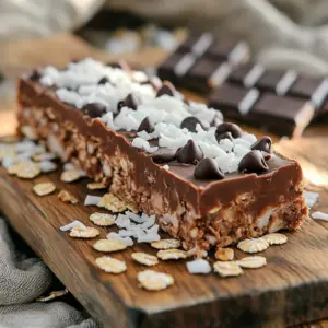 To make these tasty energy bars, you need a few key ingredients. Here’s what you will need: - 1 cup rolled oats - ½ cup almond butter (or your favorite nut butter) - ½ cup honey or maple syrup - ½ cup unsweetened cocoa powder - 1 cup shredded unsweetened coconut - ½ cup dark chocolate chips - 1 teaspoon vanilla extract - A pinch of salt These ingredients blend together to create a delicious, chewy treat. The rolled oats provide fiber, while almond butter offers healthy fats and protein. Honey or maple syrup adds natural sweetness. You can change some ingredients if you have allergies or different tastes. Here are some easy swaps: - Use sunflower seed butter instead of almond butter for nut-free options. - Swap honey with agave syrup for a vegan choice. - If cocoa powder isn’t for you, try carob powder for a different flavor. - You can replace dark chocolate chips with white chocolate or dried fruits for variety. These substitutions let you enjoy the bars while keeping them safe and tasty. Knowing the nutrition facts helps you make smart choices. Here is a simple breakdown per bar (based on 12 servings): - Calories: 200 - Protein: 4 grams - Carbohydrates: 24 grams - Fat: 10 grams - Fiber: 3 grams These bars are great for a quick snack or energy boost. They pack a good mix of nutrients, making them a healthy option for busy days. First, gather your dry ingredients. You need rolled oats, cocoa powder, shredded coconut, and a pinch of salt. In a large mixing bowl, combine these ingredients. Stir them well until everything mixes nicely. This step is key for even flavor. The oats provide texture, while the cocoa gives a rich taste. Now, let’s move on to the wet ingredients. Grab a separate medium bowl. Add almond butter, honey (or maple syrup), and vanilla extract. Mix these together until they turn smooth and creamy. This mixture will help bind the dry ingredients. You want it to be well combined to ensure every bar tastes great. Pour the wet mixture into the bowl with the dry ingredients. Use a spatula or a wooden spoon to mix everything together. Stir until no dry bits are left. Then, gently fold in the dark chocolate chips. This adds a nice chocolatey bite to each bar. Next, prepare an 8x8-inch baking dish. Line it with parchment paper, leaving some paper overhanging. This makes it easy to lift the bars out later. Now, transfer the mixture into the lined dish. Press it down firmly and evenly using a spatula or your hands. Make sure it’s compact. Cover the dish with plastic wrap and refrigerate for at least 2 hours. Once firm, lift the bars out and cut them into squares or rectangles. Enjoy your tasty energy bars! To get the right texture, mix the dry ingredients well. This means combining the oats, cocoa powder, shredded coconut, and salt until they are evenly blended. When adding the wet mix, make sure it’s creamy. This ensures that every bar will hold together nicely. Press the mixture firmly into the baking dish. It should feel compact and not crumbly. Once you press the mixture into the dish, cover it tightly with plastic wrap. Chill it in the fridge for at least two hours. This step is key. It helps the bars firm up so they slice easily later. If you want them to set faster, try slicing after one hour. But I find two hours gives the best result. For a beautiful display, use a rustic wooden board. Place the bars neatly and sprinkle shredded coconut on top. It adds a nice touch. If you want a cute, grab-and-go option, wrap each bar in parchment paper. Tie it with twine for a charming look. This way, they are perfect for snacks or lunchboxes. {{image_4}} You can change the nut butter to fit your taste. Try peanut butter or cashew butter. Each nut butter adds a unique flavor. For sweeteners, you can use agave syrup or brown rice syrup. These swaps can change the sweetness and texture. Experiment to find your favorite mix. Mix-ins can make your energy bars more exciting. You can add dried fruits like cranberries, raisins, or apricots. Seeds such as pumpkin or sunflower seeds work well too. These add crunch and extra nutrition. Just make sure to keep the total mix-ins under one cup. This way, the bars will hold together better. You can switch the chocolate chips for different flavors. Use milk chocolate, white chocolate, or even carob chips. Each type brings its own taste to the bars. Dark chocolate has a rich flavor, while milk chocolate is sweeter. Choose what you like best for a fun twist! You can store your no-bake energy bars in the fridge. Place them in an airtight container to keep them fresh. If you want to enjoy them later, they can also go in the freezer. Just cut them first into bars. This makes for easy snacking later. Wrap each bar in plastic wrap for best results. For best freshness, use a glass or plastic container with a tight lid. A zip-top bag works well too, just remove as much air as you can. You want to keep moisture out and flavor in. If freezing, use freezer bags or containers that are safe for freezing. In the fridge, energy bars last about a week. If you freeze them, they can last up to three months. When ready to eat, simply take them out and let them thaw. Do not refreeze once thawed. Enjoy them cold or at room temperature for the best taste! Yes, you can use other oats. Quick oats work well in this recipe. They help the bars hold together. Steel-cut oats are not ideal since they are too hard. They require cooking before eating. Rolled oats give a chewy texture that is perfect for energy bars. These energy bars last up to two weeks in the fridge. Be sure to store them in an airtight container. This keeps them fresh and tasty. If you want to keep them longer, you can freeze them. They will stay good for about three months in the freezer. Yes, you can make these bars vegan. Simply replace honey with maple syrup. This switch keeps the bars sweet and plant-based. Also, check that your chocolate chips are dairy-free. Many brands offer delicious vegan chocolate options. In this blog, we explored how to make no-bake chocolate coconut energy bars. We covered essential ingredients and tasty substitutions for allergies. You learned step-by-step instructions, useful tips for best results, and variations to suit your taste. We also discussed storage methods to keep the bars fresh. Remember, these energy bars are flexible and fun to customize. Enjoy making your own unique snacks that fit your needs!
