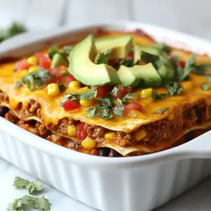 - 1 pound ground beef or turkey - 12 corn tortillas - 2 cups shredded cheddar cheese - 1 can black beans, rinsed and drained These main ingredients create a hearty base for your layered taco lasagna. Ground beef or turkey adds protein and flavor. Corn tortillas hold everything together and provide a nice texture. The shredded cheddar cheese adds creaminess, while black beans give extra fiber. - Fresh cilantro - Jalapeños - Avocado slices You can add optional ingredients for more flavor. Fresh cilantro brings a bright taste and color. Jalapeños add heat, perfect for those who like spice. Avocado slices add creaminess and a fresh touch. - 1 packet taco seasoning - 1 cup salsa - 1 cup sour cream Pantry essentials are key for flavor. Taco seasoning adds that classic taco taste with spices. Salsa provides moisture and zest. Sour cream adds creaminess and balances the flavors in the dish. Layering these ingredients creates a delicious meal. Each layer brings different tastes and textures. Don't skip the optional ingredients; they can elevate your dish. {{ingredient_image_2}} 1. First, preheat your oven to 375°F (190°C). This step ensures even cooking. 2. Next, grab a large baking dish and grease it lightly with cooking spray or oil. This helps prevent sticking. 3. In a large skillet, cook 1 pound of ground beef or turkey over medium heat. Use a spoon to break it apart while it cooks. 4. Cook until the meat is no longer pink. Drain any excess fat from the skillet. 5. Add 1 packet of taco seasoning and about 1/4 cup of water to the meat. Stir well and let it simmer for about 5 minutes. This helps the flavors blend nicely. 1. Start by layering 4 corn tortillas evenly at the bottom of the greased dish. 2. Spread half of the seasoned meat mixture over the tortillas. 3. Next, add half of the black beans and corn mix on top of the meat. Make sure it spreads evenly. 4. Spoon one-third of the sour cream over this layer, about 1/3 cup. 5. Then, sprinkle one-third of the shredded cheddar cheese (about 2/3 cup) over the sour cream. 6. Repeat this layering process. Add 4 more tortillas, the remaining meat mixture, the rest of the black bean and corn mix, another third of the sour cream, and another third of the cheese. 7. For the final layer, place another set of tortillas on top. Spread the remaining 1/2 cup of salsa over these tortillas and sprinkle the last of the cheese on top. 1. Cover the baking dish tightly with aluminum foil. You can spray the foil with non-stick spray to prevent sticking. 2. Bake in your preheated oven for 25 minutes. This allows the flavors to marry. 3. After 25 minutes, carefully remove the foil. Bake for an additional 10-15 minutes. Look for the cheese to be melted and bubbly, with a slight golden color. 4. Let the layered taco lasagna cool for about 10 minutes before slicing it. This helps it set and makes serving easier. 5. Serve each slice with fresh cilantro, sliced jalapeños, and avocado slices for a tasty touch. - To avoid soggy tortillas, heat them before using. This keeps them firm. - Spread the meat mixture evenly. This helps the layers bake evenly. - For extra flavor, add cumin or chili powder. This gives a nice kick. - Make homemade salsa with fresh tomatoes, onions, and cilantro. It adds great taste. - Serve the lasagna on a bright plate. Add a squeeze of lime for flair. - Garnish with fresh cilantro and avocado slices. This adds color and freshness. Pro Tips Use Fresh Ingredients: Fresh toppings like cilantro and diced tomatoes enhance flavor and add a vibrant look to your dish. Layer for Texture: Ensure even distribution of ingredients across layers for a balanced taste and texture in every bite. Let It Rest: Allowing the lasagna to cool for 10 minutes after baking helps it set and makes slicing easier. Customize Your Heat: Adjust the amount of jalapeños according to your spice preference to make it a perfect fit for your palate. {{image_4}} You can easily change the proteins in this dish. If you prefer chicken, use shredded rotisserie chicken. For a plant-based option, try lentils or crumbled tofu. Both work well and add great flavor. For beans, black beans are popular, but you can use pinto or kidney beans too. Feel free to add extra veggies like bell peppers or spinach. They boost nutrition and taste great in this layered taco lasagna. If you're looking for vegan options, skip the meat and cheese. Use plant-based cheese and sour cream. You can make the taco seasoning with spices like cumin and paprika. For gluten-free needs, make sure to choose corn tortillas labeled as gluten-free. You can also swap out beans for quinoa. This keeps your lasagna tasty and safe for gluten-sensitive eaters. Add regional flair to your lasagna. For a Southwest twist, mix in some chipotle peppers or corn salsa. Tex-Mex flavors shine with a blend of Monterey Jack and pepper jack cheese. Experiment with spices too! Try adding smoked paprika, oregano, or even chili powder for a kick. This approach lets you create a unique dish every time you make it. To keep your layered taco lasagna fresh, store it in the fridge. Place it in an airtight container. This helps prevent odors and keeps the dish tasty. You can also cover it tightly with plastic wrap or aluminum foil. It will last up to three days in the fridge. If you want to freeze the lasagna, let it cool first. Cut it into portions for easy thawing. Wrap each piece in plastic wrap, then place them in a freezer-safe container or bag. This will keep it fresh for up to three months. When you're ready to eat, thaw it in the fridge overnight. For the best taste, reheat the lasagna in the oven. Preheat it to 350°F (175°C). Place the lasagna in an oven-safe dish and cover it with foil. Heat for about 20-25 minutes, or until warm. You can also microwave it. Place a slice on a microwave-safe plate. Cover it with a damp paper towel to keep it moist. Heat for 2-3 minutes, checking often. Enjoy your flavorful, hearty meal! Yes, you can prepare Layered Taco Lasagna ahead of time. This makes meal prep easy and fun. To store it, cover the assembled dish tightly with plastic wrap or aluminum foil. Keep it in the fridge for up to 24 hours before baking. This allows the flavors to blend nicely. If you want to store it longer, freeze the unbaked lasagna. It can last up to three months in the freezer. Just make sure to wrap it well to avoid freezer burn. To reheat taco lasagna, the oven gives the best results. Preheat your oven to 350°F (175°C). Place the lasagna in an oven-safe dish and cover it with foil. Heat it for about 20-30 minutes. This helps to keep the cheese melty and the layers moist. If you are in a hurry, the microwave works too. Heat individual slices on a microwave-safe plate for 1-2 minutes. Just watch to avoid overcooking. Absolutely! You can make Layered Taco Lasagna vegetarian. Swap out the ground meat with plant-based crumbles or lentils. You can also add more beans or veggies like zucchini and bell peppers. For cheese, use dairy-free options to keep it vegan. This way, everyone can enjoy a hearty meal! Experimenting with flavors and textures makes the dish even more fun. In this post, we explored how to create a delicious Layered Taco Lasagna. We covered the main ingredients, optional add-ins, and pantry staples needed. I provided step-by-step instructions for preparation, assembling, and baking. Don't forget the tips on enhancing flavors and presentation. You can also adapt the dish to fit various diets. Remember to store leftovers properly and follow my reheating tips to enjoy every bite. Cooking should be fun and tasty! Now, dive into this recipe for a satisfying meal at home.