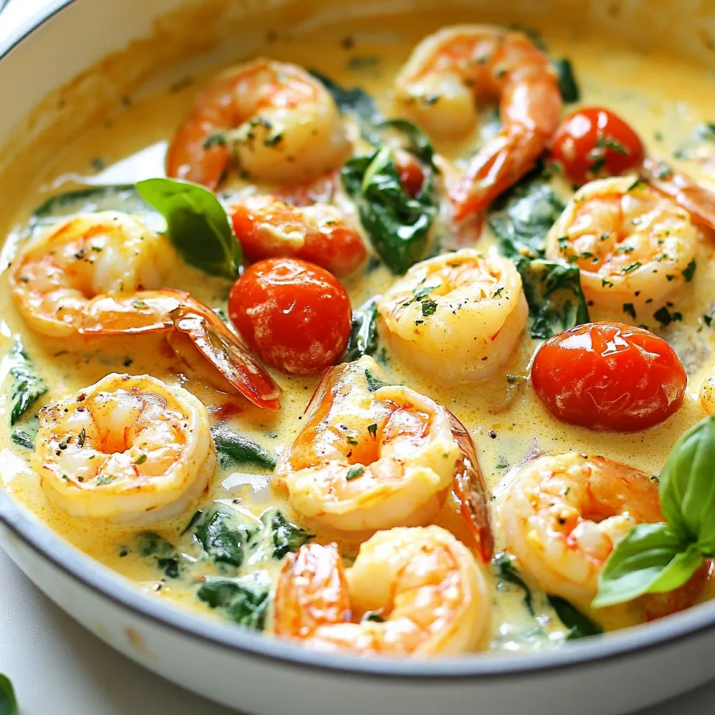 - 1 pound large shrimp, peeled and deveined - 2 tablespoons olive oil - 4 cloves garlic, minced - 1 cup cherry tomatoes, halved - 1 cup fresh spinach, packed - 1 cup heavy cream - 1/2 cup finely grated Parmesan cheese - 1 teaspoon Italian seasoning - Salt and freshly ground black pepper to taste - Fresh basil leaves for garnish When choosing shrimp, look for bright, clean shells. The shrimp should feel firm but not mushy. Smell them too; they should smell like the sea, not fishy. If you can, get shrimp from a trusted source. Fresh shrimp should be stored on ice and used quickly for best taste. You can use half-and-half or coconut cream instead of heavy cream. For cheese, try using cream cheese or a dairy-free option. Nutritional yeast can substitute for cheese taste without the dairy. Each alternative will change the flavor a bit, so taste as you go. {{ingredient_image_2}} Start by heating 2 tablespoons of olive oil in a large skillet over medium heat. Once the oil shimmers, add 4 cloves of minced garlic. Sauté the garlic for about 1 minute until it smells good. Be careful not to brown it. Now, add 1 pound of peeled and deveined shrimp. Season the shrimp with salt and freshly ground black pepper. Cook for 2-3 minutes on each side. The shrimp should turn pink and opaque. Once done, take the shrimp out of the skillet and set them aside on a plate. In the same skillet, add 1 cup of halved cherry tomatoes. Cook them for 2-3 minutes, stirring often. The tomatoes will soften and burst, releasing their juices. Next, pour in 1 cup of heavy cream. Sprinkle in ½ cup of finely grated Parmesan cheese. Stir until the cheese melts into the cream. This forms a rich sauce. Add 1 teaspoon of Italian seasoning and mix well. The sauce should be smooth and creamy. Toss in 1 cup of packed fresh spinach. Stir for 1-2 minutes until it wilts. Now, return the cooked shrimp to the skillet. Gently toss the shrimp in the creamy sauce. Heat everything for another 1-2 minutes until warm. Taste the sauce and add more salt or black pepper if needed. Just before serving, garnish with fresh basil leaves. This adds a nice pop of color and flavor. Enjoy your delicious meal! To make a creamy sauce, start with heavy cream. Use it to create a rich base. When you add Parmesan, stir well. This helps it melt evenly. Keep stirring until smooth. If the sauce is too thick, add a splash of water or broth. This will help reach the right creaminess. When cooking shrimp, ensure they are dry. Pat them with a paper towel first. Heat the skillet until the oil shimmers. This helps cook the shrimp evenly. Cook them just until pink and opaque. Overcooking makes them rubbery. Always season shrimp well with salt and pepper for flavor. Taste your sauce as you cook. If you want it saltier, add more salt. For a bit of spice, consider adding red pepper flakes. Fresh herbs can also brighten the dish. Basil adds a lovely touch, but try parsley or oregano too. Adjust to what you enjoy most. Pro Tips Fresh Ingredients Matter: Always opt for fresh shrimp and spinach for the best flavor and texture in your dish. Control the Heat: Keep the heat at medium to prevent the garlic from burning, which can impart a bitter taste to the sauce. Parmesan Cheese Tip: For a creamier sauce, use freshly grated Parmesan cheese instead of pre-grated, as it melts better. Serving Suggestion: Pair this dish with crusty bread or over pasta to soak up the delicious creamy sauce. {{image_4}} You can make this dish even better by adding veggies. Bell peppers bring color and crunch. Zucchini adds a nice texture. Simply chop them up and add them when cooking the shrimp. This way, they cook until tender yet remain crisp. You can also toss in mushrooms or asparagus for more flavor. If you don't have shrimp, try chicken or scallops. For chicken, use bite-sized pieces. Cook them until they are golden brown. Scallops work well, too. They cook quickly and have a sweet flavor. Just remember, cooking times may vary, so adjust them as needed. To make this dish low-carb, skip the pasta or rice. Pair it with zucchini noodles instead. For a gluten-free version, ensure your Parmesan cheese is certified gluten-free. This allows you to enjoy the creamy sauce without worry. It still tastes rich and satisfying while fitting your diet needs. To store leftovers, wait for the dish to cool. Place the creamy Tuscan shrimp in an airtight container. This keeps the shrimp and sauce fresh. You can store it in the fridge for up to three days. Make sure to label the container with the date. When reheating, use a skillet over low heat. This helps maintain the creaminess of the sauce. Add a splash of water or cream if the sauce seems thick. Stir gently as it warms. This keeps the shrimp tender and the sauce smooth. You can freeze the dish, but some texture may change. Place the shrimp and sauce in a freezer-safe container. It can last up to two months in the freezer. To reheat, thaw it overnight in the fridge. Then, reheat gently in a skillet to restore some creaminess. Avoid freezing the dish with fresh spinach, as it may become mushy. Yes, you can use frozen shrimp. Just make sure to thaw them first. Place the shrimp in a bowl of cold water for about 15-20 minutes. This method works fast and keeps the shrimp fresh. After thawing, peel and devein them if needed. They will cook well in the creamy sauce, just like fresh shrimp. Creamy Tuscan shrimp pairs well with many sides. Here are some ideas: - Cooked pasta, like fettuccine or linguine - Rice, such as jasmine or basmati - Crusty bread to soak up the sauce - A fresh green salad with a light vinaigrette - Roasted vegetables for a healthy touch These options add variety and make your meal even more enjoyable. If your sauce feels too thin, don't worry! You have a few easy options: - Let the sauce simmer longer to reduce and thicken it. - Mix a tablespoon of cornstarch with cold water, then stir it in. - Add more grated Parmesan cheese, which will help thicken the sauce too. These methods will help you achieve the creamy texture you desire. In this blog post, we explored how to make creamy Tuscan shrimp. You learned about the key ingredients, like fresh shrimp and sauce options. I shared tips on achieving the perfect creamy texture and provided fun variations, like adding veggies or using different proteins. You can also follow the storage tips for leftovers. Remember, cooking should be fun and flexible. Use this guide to make the dish your own. Enjoy the flavors and impress your friends with your skills in the kitchen!