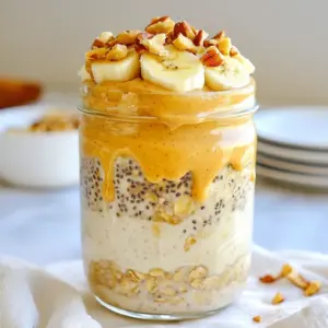 - 1 cup rolled oats - 2 tablespoons creamy peanut butter - 1 cup almond milk - 1 scoop vanilla protein powder - 2 tablespoons chia seeds - 1 tablespoon honey or maple syrup - A pinch of salt - Fresh banana slices - Chopped nuts (almonds or walnuts) - Extra peanut butter for drizzling I love making high-protein peanut butter overnight oats. They are easy and quick. You need just a few main ingredients to start. First, grab 1 cup of rolled oats. They give a great base. Next, add 2 tablespoons of creamy peanut butter. This adds richness and taste. Finally, use 1 cup of almond milk. You can swap it for any milk you like. Now, let's add some extra goodness. Use 1 scoop of vanilla protein powder for a protein boost. This helps keep you full longer. Add 2 tablespoons of chia seeds for texture and nutrition. They are small but mighty! For sweetness, include 1 tablespoon of honey or maple syrup. A pinch of salt balances the flavors well. Once your oats are ready, it's time to think about toppings. Fresh banana slices add a sweet touch. Chopped nuts, like almonds or walnuts, give a nice crunch. Don't forget to drizzle extra peanut butter on top for that creamy finish. These oats are not just tasty; they are also packed with protein! {{ingredient_image_2}} - Combine dry ingredients in a bowl. In a medium mixing bowl, add 1 cup of rolled oats, 1 scoop of vanilla protein powder, and 2 tablespoons of chia seeds. Stir gently to mix them well. This helps to evenly distribute the ingredients. - Whisk together wet ingredients in a separate bowl. In another bowl, whisk together 1 cup of almond milk, 2 tablespoons of creamy peanut butter, 1 tablespoon of honey (or maple syrup), and a pinch of salt. Mix until everything is smooth. - Pour wet mixture over dry and stir. Carefully pour the wet mixture over the dry oats. Stir thoroughly until all ingredients are fully combined. Make sure the oats are well-coated with the wet mixture. - Transfer to a storage container. Spoon the mixture into a mason jar or an airtight container. Seal it tightly to keep it fresh. - Refrigerate overnight. Place the container in the refrigerator. Let it chill overnight or for at least 4 hours. This allows the oats to absorb the liquid and soften. - Stir and adjust consistency before serving. The next morning, take the container out of the fridge. Give the oats a good stir. If the mixture is too thick, add a splash of almond milk to reach your desired consistency. Serve in bowls or jars. Top with fresh banana slices, extra peanut butter, and a sprinkle of chopped nuts. Enjoy your delicious breakfast! To get the best texture, adjust with more liquid. If your oats are too thick, add a splash of almond milk. This makes them creamy and smooth. Allowing adequate chilling time is key. Let your oats sit overnight. This helps the oats absorb all the liquid and flavors. You can add many flavors to your oats. Try mixing in a scoop of cocoa powder for a chocolate twist. You can also add cinnamon for warmth. For toppings, use fresh fruits. Banana slices are great. You can also top with chopped nuts for crunch. Drizzle more peanut butter on top for extra flavor. Batch cooking is smart. Make extra servings for busy mornings. Store them in airtight containers. This keeps them fresh longer. Refrigerate your oats for up to five days. Always check for freshness before eating. Enjoy your tasty and healthy breakfast all week long! Pro Tips Use Overnight Soaking: Allow your oats to soak overnight for the best texture and flavor absorption. Experiment with Toppings: Feel free to mix up your toppings with seasonal fruits, seeds, or even a dollop of yogurt for variety. Protein Powder Alternatives: If you prefer plant-based options, consider using pea protein or hemp protein powder. Adjust Sweetness: Customize the sweetness to your liking by adjusting the amount of honey or maple syrup used. {{image_4}} To make your oats dairy-free, you can swap almond milk for other milk types. Here are some great options: - Oat milk - Soy milk - Coconut milk - Cashew milk These alternatives work well. Each brings a unique flavor to your oats. Want to spice up your overnight oats? You can add different flavors easily. Try mixing in: - 1 tablespoon cocoa powder for a chocolatey twist - 1 teaspoon cinnamon for warmth and comfort These additions can change your dish's taste and make breakfast exciting. If you want to up your protein game, many powders can help. Consider these: - Pea protein for a plant-based option - Whey protein for a classic choice - Hemp protein for more fiber and nutrients Using different protein powders can change both taste and texture. Experiment to find what you like best! Store your high-protein peanut butter overnight oats in an airtight container. This keeps them fresh. After making, seal the container tightly. Place it in the refrigerator right away. If you use jars, make sure they have a good lid. This helps prevent spills and keeps flavors intact. These overnight oats can last in the fridge for up to five days. They stay tasty and safe to eat during this time. Just remember, the longer they sit, the softer they get. If you like a bit of crunch, enjoy them sooner. Yes, you can freeze overnight oats! Use freezer-safe containers for this. You can store them for up to three months. To eat, let them thaw in the fridge overnight. You may need to add a splash of milk to restore the creamy texture. Enjoy your oats whenever you want! To make your overnight oats thicker, use less liquid. You can also add more chia seeds, as they absorb liquid and create a creamy texture. If you mix the oats well and let them sit overnight, they will swell and thicken nicely. Yes, you can use flavored protein powder. It adds fun flavors to your oats. Just remember to adjust the sweetness if needed, as flavored powders can be sweeter than plain ones. Peanut butter overnight oats can stay good for up to five days in the fridge. Keep them in a sealed container to keep them fresh. If they start to smell or look bad, it&rsquo;s best to toss them. You can use many toppings for your oats! Try berries, seeds, yogurt, or even dark chocolate chips. Adding different nuts or a sprinkle of cinnamon can also change the flavor and texture. Overnight oats are simple and fun to make. We covered the key ingredients, from oats to toppings. The step-by-step guide makes preparation easy. I shared tips for texture and flavor, and ways to store your oats. You can personalize your oats with different flavors or protein boosts. With the right steps, you&rsquo;ll enjoy delicious and nutritious meals. Embrace this easy recipe for a great start to your day!