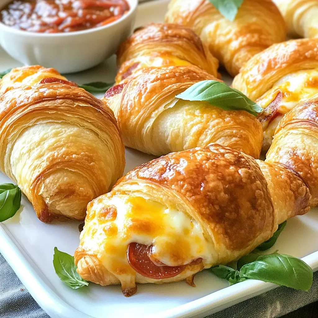 - 1 package (8 ounces) refrigerated crescent roll dough - 1 cup shredded mozzarella cheese - 1/2 cup sliced pepperoni - 1/4 cup pizza sauce (plus extra for dipping) - 1 teaspoon dried Italian herbs (like oregano and basil) - 1/4 teaspoon garlic powder - 1 egg (for egg wash) - Fresh basil leaves (for garnish, optional) You can swap the crescent roll dough for puff pastry if you want a flakier roll. Instead of mozzarella, try provolone or cheddar cheese for a different taste. If you want a meat-free option, use mushrooms or spinach in place of pepperoni. For a bit of spice, add sliced jalapeños. When it comes to herbs, any Italian blend works well. If you lack pizza sauce, marinara or a homemade sauce will do just fine. You will need a few basic tools: - A baking sheet - Parchment paper - A small bowl for the egg wash - A pastry brush to apply the egg wash - A spoon for spreading sauce and filling - A clean, flat surface to roll out the dough This simple list keeps your cooking stress-free. Gather these items before you start. Happy cooking! {{ingredient_image_2}} First, you need to preheat your oven to 375°F (190°C). This step is key for getting a great bake. Next, grab your package of refrigerated crescent roll dough. Unroll it on a clean surface and separate it into triangles. Each triangle should be easy to spot. This is how you will create your rolls. Now it’s time to add flavor. Take a spoon and spread a thin layer of pizza sauce on each triangle. Be sure to leave about half an inch along the edges. This space helps seal the rolls later. Next, sprinkle shredded mozzarella cheese on the sauce. Add a few slices of pepperoni on top of the cheese. For extra flavor, add a pinch of dried Italian herbs and a sprinkle of garlic powder. To shape the croissant rolls, start at the wide end. Gently roll the dough towards the pointed end. Tuck the filling snugly inside as you roll. Pinch the edges together to seal them well. This helps keep the delicious filling inside during baking. Place your rolled croissants on a baking sheet lined with parchment paper. Make sure to leave space between each one. This allows them to rise and get crispy. In a small bowl, beat an egg. Use a pastry brush to apply a nice egg wash on top. This will make your rolls golden and shiny when baked. Now, it’s time to bake! Put the baking sheet in your preheated oven. Bake for 12 to 15 minutes. Keep an eye on them until they turn a lovely golden brown. When they are done, take them out and let them cool slightly. These croissant rolls are best enjoyed warm with extra pizza sauce for dipping. To make your Pepperoni Mozzarella Croissant Rolls truly shine, I have some handy tips. Start with fresh ingredients. Use high-quality mozzarella cheese for the best melt. The pepperoni should be thick-cut for a bold flavor. Always spread the pizza sauce evenly. This will prevent sogginess. Don't overfill the croissants. You want a snug roll without any leaks. Lastly, pinch the edges tightly to seal in the goodness. For a crispy, golden finish, preheat your oven well to 375°F (190°C). Line your baking sheet with parchment paper. This helps the croissants bake evenly without sticking. Apply a generous egg wash on top. This gives that nice shine and crispiness. Bake the rolls until they are golden brown, usually 12-15 minutes. If you want extra crunch, broil them for one minute at the end. Watch closely to avoid burning. Serve your croissant rolls warm for the best taste. Pair them with extra pizza sauce for dipping. You can also try a sprinkle of fresh herbs like basil after baking for a fresh touch. For a fun twist, serve with a side of ranch or garlic butter. This adds a new layer of flavor and makes them more enjoyable. Present them on a bright platter to make your meal pop! Pro Tips Use Fresh Ingredients: Opt for fresh mozzarella cheese and high-quality pepperoni for the best flavor and texture in your croissant rolls. Customize Your Fillings: Feel free to experiment with different fillings such as veggies, other types of cheese, or even cooked sausage to suit your taste. Control the Dough Temperature: Make sure your crescent roll dough is cold before rolling it out. This helps maintain its flakiness while baking. Serve Immediately: These croissant rolls are best enjoyed warm and fresh from the oven. Serve them as soon as they cool slightly for the best experience. {{image_4}} You can switch up the filling for fun! Try using cooked sausage for a meaty touch. Chicken or ham also works great. Want something different? Use veggies like spinach or mushrooms for a fresh bite. You could even add some caramelized onions for sweetness. Cheese lovers can mix in cheddar or pepper jack for a zesty kick. The options are endless! If you want a meat-free version, you can easily make this dish vegetarian. Instead of pepperoni, use roasted red peppers or artichoke hearts. Add some spinach or zucchini for crunch. You can also try using a blend of different cheeses like feta and mozzarella. These choices still give you that tasty, cheesy goodness without meat. For those who enjoy some heat, spice things up! Add jalapeños or crushed red pepper flakes to your filling. Hot Italian sausage can bring a nice kick too. You could even smear some sriracha on the dough before adding cheese and toppings. The heat will make your taste buds dance! To store leftover croissant rolls, let them cool first. Place them in an airtight container. This helps keep them fresh. You can also wrap them in plastic wrap. Store the container in the fridge for up to three days. When you want to enjoy your leftover croissant rolls, preheat your oven to 350°F (175°C). Place the rolls on a baking sheet. Heat them for about 10 minutes. This warms them through and helps keep them crispy. If you are in a hurry, you can use a microwave. Microwave them for 20-30 seconds, but they may not be as crispy. For long-term storage, you can freeze the croissant rolls. Wrap each one in plastic wrap, then place them in a freezer bag. Squeeze out as much air as you can before sealing. They can stay in the freezer for up to three months. When you're ready to eat, thaw them in the fridge overnight and reheat as mentioned above. Yes, you can make these rolls ahead of time. You can prepare them and keep them in the fridge for a few hours. Just cover them with plastic wrap to keep them fresh. When you're ready to bake, take them out and let them sit at room temperature for about 15 minutes. Bake as directed for a warm and tasty treat! If you don't have crescent roll dough, you can use puff pastry. Puff pastry gives a nice flaky texture. You can also try biscuit dough for a different taste. Just roll it out and cut it into triangles like crescent rolls. This way, you can still enjoy a cheesy, pepperoni-filled snack! To stop the filling from leaking, make sure to seal the edges well. Pinch the dough tightly around the filling. You can also use less filling to avoid overflow. Spread the pizza sauce thinly and leave enough space at the edges. This way, your croissant rolls will bake without any mess! In this post, we explored how to make Pepperoni Mozzarella Croissant Rolls. We covered the ingredients, including substitutes and tools needed. You learned step-by-step how to prep, fill, and bake these rolls to perfection. We shared tips for the best texture and serving ideas. Plus, you discovered variations and storage methods. These rolls are simple to make and fun to customize. Enjoy this delicious treat anytime!