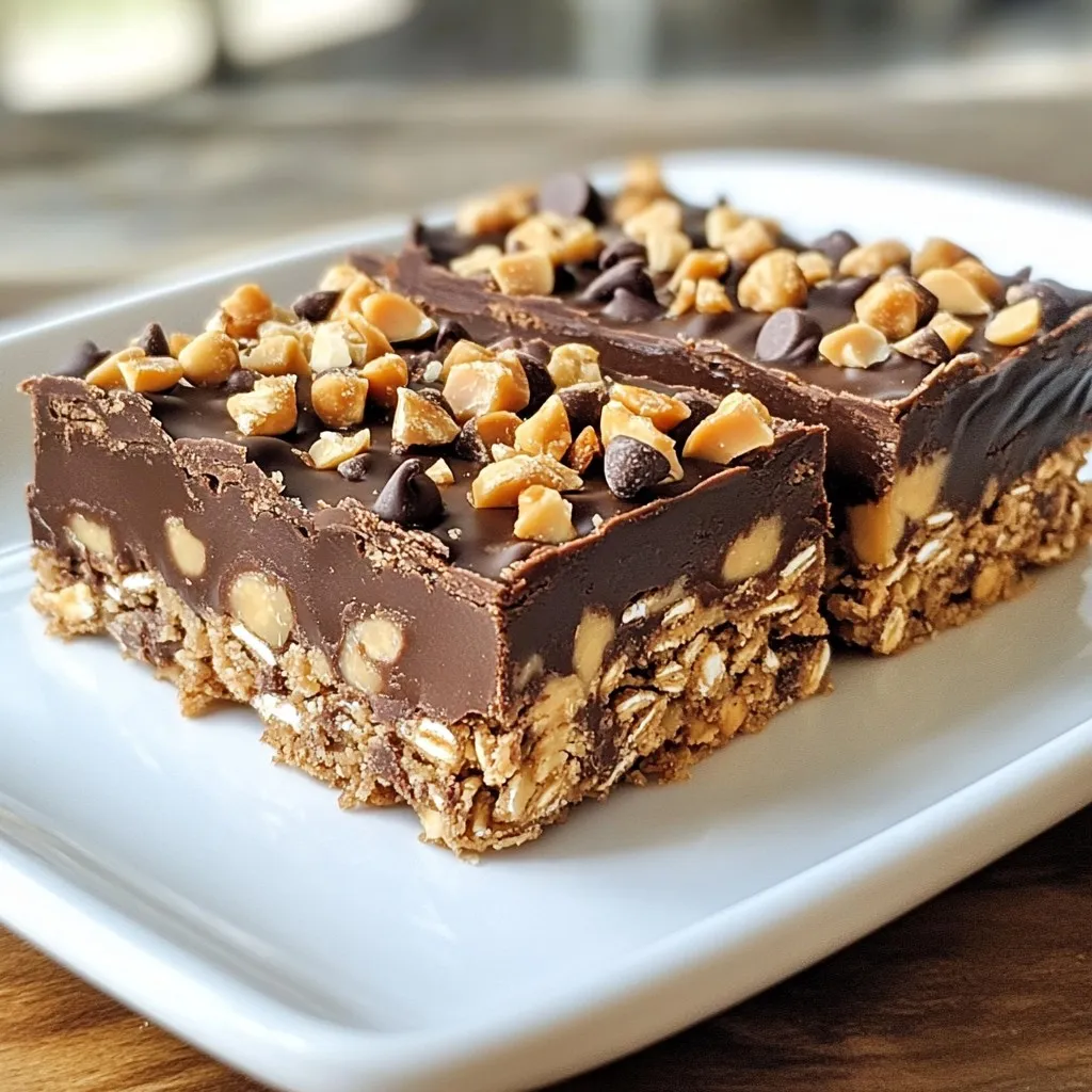 To make these tasty bars, you need a few simple items: - 2 cups rolled oats - 1 cup creamy peanut butter - 1 cup honey or maple syrup - 1/2 cup chocolate chips (dark or semi-sweet) - 1/4 cup unsweetened cocoa powder - 1/2 teaspoon vanilla extract - A pinch of salt These ingredients come together to create a rich, sweet, and chewy treat. The oats give the bars a hearty texture. The peanut butter adds creaminess, while honey or maple syrup provides sweetness. Cocoa powder brings that deep chocolate flavor. You can add fun toppings to make your bars even better. Here are some tasty options: - Crushed nuts - Coconut flakes - Additional chocolate chips If you want to swap ingredients, feel free! Try almond butter instead of peanut butter. You can use agave syrup in place of honey. These swaps keep the bars delicious and interesting. Each bar is packed with nutrients. Here is a rough estimate of what you'll get per serving: - Calories: 180 - Protein: 5g - Carbohydrates: 25g - Fat: 8g - Fiber: 3g These numbers make your snack both filling and fun. You get energy from the oats and protein from the peanut butter. Enjoy these bars as a quick pick-me-up or a sweet dessert! {{ingredient_image_2}} Start with a microwave-safe bowl. Add 1 cup of creamy peanut butter and 1 cup of honey (or maple syrup) to the bowl. Heat this mix in the microwave for 30 seconds to 1 minute. You want it soft and easy to stir. Once heated, stir it until smooth. This blend is the heart of your bars. Next, take a large mixing bowl and add 2 cups of rolled oats. Pour the warm peanut butter mix over the oats. Use a spatula or wooden spoon to mix. Stir until every oat gets coated well. This step is key to making sure your bars hold together. Now, gently fold in 1/2 cup of chocolate chips. Make sure they are spread evenly. Prepare an 8x8 inch pan by lining it with parchment paper. Let the paper hang over the edges a bit. This will help you remove the bars later. Transfer the oat mixture into the lined pan. Press it down firmly and evenly. Make sure it is tightly packed for the best texture. If you want, sprinkle on optional toppings like crushed nuts or coconut flakes. Press these down gently too. Finally, refrigerate the pan for at least 2 hours. This allows the bars to set properly. After that, lift the bars out using the parchment paper. Slice them into squares or rectangles for serving. To get the best texture, pack the mixture tightly. Use a spatula or your hands to press it down firmly in the pan. This helps the bars hold their shape once set. If the mixture feels too dry, add a bit more peanut butter or honey. If it feels too wet, add a few more oats. Keep these tips in mind for a perfect bite every time. Store your bars in the fridge for freshness. Place them in an airtight container. They will stay fresh for about one week. You can also freeze them for longer storage. Wrap each bar in plastic wrap and place them in a freezer bag. They can last up to three months in the freezer. Just thaw them in the fridge before enjoying. Get creative with your bars! Try adding crushed nuts for crunch. You can also mix in coconut flakes for a tropical twist. If you love chocolate, sprinkle more chocolate chips on top. For a fun flavor boost, add cinnamon or nutmeg to the mix. You can even use maple syrup instead of honey for a different taste. Pro Tips Use Natural Sweeteners: Maple syrup adds a unique flavor profile, but honey can provide a richer sweetness. Choose based on your preference! Adjust the Texture: For a chewier bar, use whole oats instead of instant oats. This will add a heartier texture to your bars. Customize Your Mix-Ins: Feel free to experiment with various toppings such as dried fruits or seeds for added nutrition and flavor. Storage Tips: Keep the bars in an airtight container in the refrigerator for up to a week for the best freshness. {{image_4}} You can easily make these bars vegan. Instead of honey, use maple syrup or agave nectar. Both work well and keep the sweetness. Look for natural sweeteners that are organic. This keeps your bars healthy while still being tasty. To make these bars gluten-free, just choose certified gluten-free oats. Many brands offer oats that do not contain gluten. This way, you can enjoy these bars without worry. They will taste just as good while fitting your diet. Want to boost nutrition? Try adding protein powder to the mix. A scoop or two of your favorite protein powder works great. You can also add spices like cinnamon or nutmeg for extra flavor. These small changes can make your bars even better! To keep your No Bake Chocolate Peanut Butter Oat Bars fresh, refrigerate them in an airtight container. If you want to store them longer, you can freeze them. Wrap each bar tightly in plastic wrap. Then, place them in a resealable freezer bag. This helps avoid freezer burn. When you want to eat one, just take it out and let it thaw in the fridge. These bars last about one week in the fridge. If you freeze them, they can last up to three months. Just make sure to label your containers. This way, you won’t forget when you made them. Enjoying them fresh is best, but they still taste great even after some time. I recommend using glass or BPA-free plastic containers. These keep the bars fresh and prevent any odors from other foods. Choose a container that fits your bars snugly. This limits air exposure. If you cut the bars into smaller pieces, use parchment paper between layers. This way, they won't stick together. Yes, you can swap peanut butter for other nut butters. Almond butter or cashew butter work well. Just ensure the nut butter is creamy. This keeps the bars smooth and easy to mix. Each nut butter adds a unique flavor. Almond butter gives a nuttier taste, while cashew butter is milder. To reduce sweetness, cut back on the honey or maple syrup. You can also use unsweetened cocoa powder. Adding more oats helps balance the sweetness. Another option is to mix in a bit of nut butter without added sugar. Taste as you go to find the right balance for you. After chilling, lift the bars out using the parchment paper. Place the block on a cutting board. Use a sharp knife for clean cuts. Cut into squares or rectangles for serving. If the bars are too firm, let them sit at room temperature for a few minutes. This makes slicing easier. Serve these bars chilled with milk or yogurt for a tasty treat. This article detailed how to make No Bake Chocolate Peanut Butter Oat Bars. We explored ingredients, instructions, tips, and variations. These bars are easy to make and packed with flavor. Customization lets you match your dietary needs. Proper storage keeps them fresh for longer. Enjoy the fun of making these sweet snacks. They are great for sharing or quick energy boosts. By following the steps, you can create a tasty treat anytime.