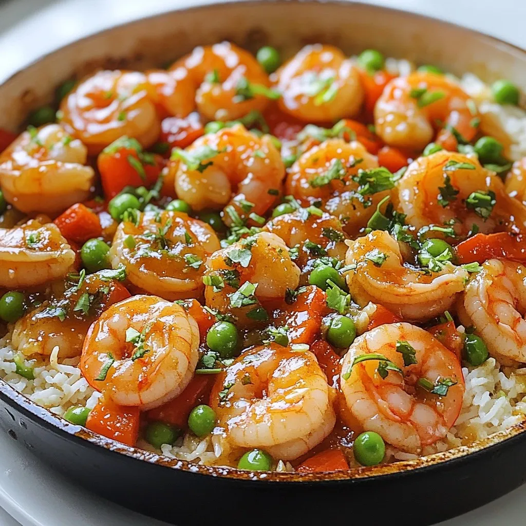 To make One Pan Honey Garlic Shrimp Rice, you need a few key items. Here’s the complete list of ingredients: - 1 lb large shrimp, peeled and deveined - 1 cup jasmine rice - 2 cups vegetable broth - 2 tablespoons honey - 3 cloves garlic, minced - 2 tablespoons soy sauce - 1 tablespoon sesame oil - 1 cup peas (fresh or frozen) - 1 red bell pepper, diced - 3 green onions, sliced (white and green parts separated) - Salt and pepper to taste - Fresh cilantro for garnish (optional) Each ingredient adds its own flavor. The shrimp gives protein. The jasmine rice absorbs all the yummy tastes. Honey adds sweetness, while garlic gives a nice kick. The soy sauce and sesame oil create a savory base. Peas and bell pepper add color and nutrition. Green onions and cilantro bring freshness to the dish. This balanced mix makes a tasty meal! {{ingredient_image_2}} - Heating sesame oil: Start by heating 1 tablespoon of sesame oil in a large skillet over medium heat. Wait until the oil looks shiny and hot. - Sautéing garlic: Next, add 3 cloves of minced garlic. Stir it for about 30 seconds. You want it to smell good and turn golden. - Adding bell pepper: Now, toss in 1 diced red bell pepper. Cook for about 2-3 minutes. Stir it often until it gets soft but still crunchy. - Cooking shrimp: Add 1 pound of large shrimp to the skillet. Cook for 2-3 minutes until they turn pink and opaque. Season with salt and pepper to taste. - Making honey soy sauce: In a small bowl, mix 2 tablespoons of honey and 2 tablespoons of soy sauce. Whisk them together until smooth. - Adding rice and broth: Pour the honey-soy mix over the shrimp and veggies. Then add 1 cup of jasmine rice and 2 cups of vegetable broth. Stir well to combine everything. - Cooking time and temperature: Increase the heat until the mixture starts to boil. Once boiling, reduce the heat to low. Cover the skillet with a lid and let it simmer for 15-20 minutes. - Incorporating peas: In the last 5 minutes, gently fold in 1 cup of peas. Let them warm through as the rice cooks. - Garnishing with green onions and cilantro: Once done, take the skillet off the heat. Sprinkle with sliced green onions and fresh cilantro, if you like. This adds a pop of color and flavor. - To ensure shrimp are cooked properly, watch their color. They turn pink and opaque when done. - For the best flavor, season with salt and pepper. Start with a pinch, then taste and adjust. - For a rustic look, serve the dish straight from the skillet. It adds charm and makes cleanup easy. - Pair this dish with a light salad or some crusty bread. A crisp white wine also works great. - Store leftovers in an airtight container for up to three days. Keep it in the fridge. - To reheat, use a skillet over medium heat. Add a splash of broth to keep it moist. Stir until heated through. Pro Tips Fresh Shrimp Selection: Always opt for fresh shrimp if possible, as they have a better texture and flavor compared to frozen. If using frozen, ensure they are fully thawed before cooking. Perfect Rice Cooking: Rinse the jasmine rice under cold water before cooking to remove excess starch. This helps achieve a fluffier texture once cooked. Adjusting Sweetness: If you prefer a sweeter dish, feel free to add more honey to taste. Just make sure to balance with additional soy sauce to maintain the savory notes. Custom Veggie Additions: Feel free to customize the vegetables based on your preference or seasonality. Broccoli, carrots, or snap peas would also work beautifully in this dish. {{image_4}} You can switch out shrimp for other proteins. Chicken works great in this dish. Just cut it into small pieces. Tofu is also a great choice for a vegetarian option. It soaks up the sauce well. For rice, try brown rice or quinoa. Brown rice adds a nutty flavor and is healthy. Quinoa is gluten-free and cooks faster than brown rice. Each option gives a new twist to the dish. Want to change the flavor? Add spices like red pepper flakes or ginger. Fresh herbs like basil or mint can also brighten the dish. You can make it sweeter by adding more honey. If you prefer less sweetness, cut back on the honey and soy sauce. Don't forget to taste as you cook! Adjust salt and pepper to suit your taste. Each change can make your meal unique. Use seasonal veggies to change things up. In summer, add zucchini or corn for a fresh taste. In fall, consider adding pumpkin or butternut squash. These veggies can enhance the flavor and feel of the dish. For holidays, you can add flavors like maple syrup or even cranberries. These additions can give a festive touch. Adjusting your ingredients with the seasons keeps the meal fun and exciting. You can store One Pan Honey Garlic Shrimp Rice in the fridge. Keep it in an airtight container. It stays fresh for about three days. Make sure it cools down before sealing. This way, you avoid extra moisture, which can make the rice mushy. To freeze leftovers, first let the dish cool completely. Then, pack it into freezer-safe bags or containers. Press out as much air as you can before sealing. This helps prevent freezer burn. You can freeze it for up to three months. Label the bags with the date. This way, you know when to use them. When you’re ready to eat, reheat the dish gently. If possible, use a skillet on low heat. Add a splash of water or broth to keep it moist. Stir it often to heat evenly. You can also use the microwave. Just cover the bowl and heat in short bursts. Stir between each burst. This keeps the shrimp and rice tasty and not dry. This dish takes about 30 minutes in total. You will spend 10 minutes preparing the ingredients. The cooking time is around 20 minutes. This quick meal fits well into a busy day. Yes, you can use frozen shrimp. Just make sure to thaw them first. The best way is to put them in cold water for 15-20 minutes. Drain them before cooking. This will help them cook evenly in the pan. If you want a kick, add red pepper flakes. You can also use sriracha or chili sauce. Try adding a diced jalapeño for fresh heat. Mix it in with the vegetables for a nice blend. You can make this dish gluten-free. Just switch regular soy sauce with gluten-free soy sauce. There are many brands available at most stores. Always check the label to be sure. Yes, you can prep ingredients ahead of time. Chop the veggies and store them in the fridge. You can also marinate the shrimp with honey and soy sauce. This will save time on cooking day. Just cook everything when you are ready to eat. You learned how to make a tasty One Pan Honey Garlic Shrimp Rice using simple steps. Remember, the key is to cook shrimp right and mix flavors well. Feel free to swap in your favorite proteins or grains. You can also add spices to kick up the heat. Store leftovers properly to enjoy later. This dish is not only quick but also versatile, making it perfect for busy days. Now, enjoy cooking and sharing this delicious meal with others!