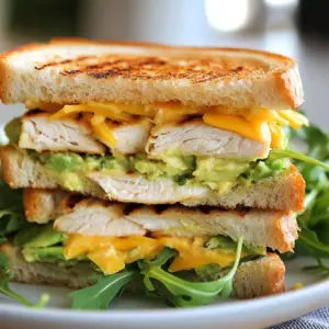 - 2 boneless, skinless chicken breasts - 1 ripe avocado, perfectly mashed - 4 slices of your favorite bread (sourdough or whole grain recommended) The main ingredients create a hearty base for the Chicken Avocado Melt Sandwich. The chicken gives protein, while the avocado adds creaminess. Choosing good bread is key, as it holds everything together. - 1 cup shredded sharp cheddar cheese - 1/4 cup creamy plain Greek yogurt - 1 tablespoon Dijon mustard These ingredients boost flavor and texture. The cheddar cheese melts beautifully, making each bite rich. Greek yogurt adds creaminess without being too heavy. Dijon mustard gives a zesty kick that pairs well with chicken and avocado. - 1 teaspoon garlic powder - Salt and freshly ground black pepper to taste - A handful of fresh arugula or spinach for garnish Seasonings elevate the taste. Garlic powder gives a warm, savory note. Salt and pepper enhance the natural flavors. Fresh arugula or spinach adds a pop of color and a crisp texture, making the sandwich look and taste great. {{ingredient_image_2}} - Start by seasoning the chicken breasts. Use olive oil, garlic powder, salt, and pepper. Make sure to coat them well. - Heat a skillet on medium heat. Carefully add the seasoned chicken. Cook for about 6-7 minutes on each side. Check with a meat thermometer. The inside should reach 165&deg;F (75&deg;C) for safety. - Once cooked, let the chicken rest for a few minutes. This keeps it juicy. Then, slice it thinly against the grain for the best texture. - In a small mixing bowl, combine the mashed avocado with Greek yogurt and Dijon mustard. This mix adds creaminess and flavor. - Season the spread with a pinch of salt and black pepper. Adjust the seasoning to suit your taste. This spread will make your sandwich tasty and rich. - Preheat a clean skillet or griddle over medium heat. This ensures even grilling. - On one side of each slice of bread, spread a generous layer of the avocado mixture. Get it nice and thick. - Stack the sliced chicken on top of the avocado spread. Next, sprinkle the shredded cheddar cheese on the chicken. Finally, place another slice of bread on top, with the avocado side facing down. - Place your assembled sandwich into the preheated skillet. Grill for about 3-4 minutes on each side. Press down gently with a spatula. This helps achieve a crispy, golden-brown crust. - The cheese should melt beautifully. Look for a golden exterior and melted cheese as signs of doneness. - Carefully remove the sandwiches from the skillet. Let them cool for a minute before cutting. This helps keep the filling intact. - Cut each sandwich in half diagonally. This showcases the melty goodness inside. Garnish with fresh arugula or spinach. This adds color and a nice crunch to your plate. To make a great Chicken Avocado Melt, cook the chicken right. First, season the chicken breasts well. Use olive oil, garlic powder, salt, and pepper. Cook the chicken in a medium skillet. It should take 6-7 minutes on each side. Use a meat thermometer to check the internal temperature. It should reach 165&deg;F (75&deg;C). This step keeps the chicken juicy and safe to eat. After cooking, let the chicken rest. This helps to keep moisture locked in. Then, slice it thinly against the grain for the best texture. To make the avocado spread smooth, mash the ripe avocado well. Mix it with Greek yogurt and Dijon mustard in a bowl. This blend adds creaminess and tang. Season with salt and pepper to taste. For other spread ideas, try hummus or pesto. These can add fun flavors to your sandwich. You can also mix in spices like paprika or cumin for extra kick. For a crispy sandwich, start with the right bread. Sourdough or whole grain works well. Preheat your skillet or griddle over medium heat. Spread the avocado mixture on one side of each bread slice. Stack the chicken and cheese, then close the sandwich. Grill each side for 3-4 minutes. Press down with a spatula for a golden-brown crust. To prevent sticking, use a little olive oil in the pan. Check for melted cheese and a nice golden color before serving. Pro Tips Rest the Chicken: Allowing the chicken to rest after cooking helps retain its juices, ensuring every bite is moist and tender. Perfectly Mashed Avocado: Choose a ripe avocado for the spread; it should be slightly soft to the touch, making it easy to mash and full of flavor. Cheese Melting Tip: For the best melted cheese, cover the skillet with a lid while grilling the sandwich; this traps heat and helps the cheese melt evenly. Grilling Bread: Lightly butter or brush the bread with olive oil before grilling for an extra crispy and flavorful crust. {{image_4}} You can make this sandwich even healthier. Try using low-fat Greek yogurt instead of regular yogurt. It keeps the creaminess but cuts the fat. Whole grain bread is another great choice. It packs more fiber and nutrients. If you need gluten-free options, look for gluten-free bread. It allows everyone to enjoy this tasty sandwich. Want to kick up the taste? Add slices of fresh tomato for a juicy burst. Crispy bacon also adds a nice crunch and flavor. You can try different cheeses too. Pepper jack cheese brings some heat. Or use cream cheese for a richer taste. Spreads like pesto or hummus can also give a new twist. If you prefer a vegan option, swap the chicken for grilled veggies. Bell peppers, zucchini, or eggplant work well. Tempeh is another tasty choice, adding protein without meat. Use vegan cheese to keep it dairy-free. You can also try avocado or hummus as spreads. They add creaminess and flavor without animal products. To keep your leftover sandwiches fresh, wrap them well. Use plastic wrap or foil. This helps keep them from getting dry. Store them in the fridge right away. Leftover sandwiches last about 2 days in the fridge. If you want to enjoy them later, consider freezing. Freezing sandwiches is easy. Wrap each sandwich tightly in plastic wrap. Then, place them in a freezer bag. Try to remove as much air as possible. This helps prevent freezer burn. When you're ready to eat, thaw the sandwich in the fridge overnight. You can reheat it in the oven or a skillet for the best texture. Heat until the cheese melts and the bread is warm. Meal prepping can save you time. Start by cooking your chicken and preparing the avocado spread in advance. Store them in separate containers. When you're ready to eat, simply assemble your sandwich. Spread the avocado mix on bread, add chicken, and top with cheese. This way, you can enjoy a tasty meal in minutes. To make this sandwich healthier, you can swap some ingredients. Use low-fat Greek yogurt instead of regular. Choose whole grain bread over sourdough for more fiber. You can also add more veggies like tomatoes or cucumbers for extra nutrients. This way, you keep the flavor but reduce calories. Yes, you can pre-assemble it for meal prep. Cook the chicken and mash the avocado spread. Store them separately in the fridge. When ready to eat, just assemble and grill the sandwich. This saves time and keeps the bread fresh. Pair your Chicken Avocado Melt with sweet potato fries or a simple salad. Both add color and nutrition to your meal. You could also serve it with a cup of soup for a cozy touch. These sides balance the sandwich well. You can change the flavor of the avocado spread easily. Try adding lime juice for a zesty kick. You could also mix in hot sauce for some heat. Fresh herbs like cilantro or basil can add a nice twist too. Absolutely! To air fry, preheat your air fryer to 350&deg;F (175&deg;C). Assemble the sandwich as usual. Place it in the air fryer basket and cook for about 8-10 minutes. Flip it halfway through to ensure both sides get crispy. Enjoy the melted cheese and crunchy bread! Making a Chicken Avocado Melt Sandwich is straightforward and fun. We discussed the key ingredients, like chicken, avocado, and cheese, and covered each step from cooking to grilling. I shared tips on perfecting the texture and flavors. In the end, this sandwich offers plenty of ways to customize it. You can swap ingredients or make it healthier. Enjoy this tasty meal, and don&rsquo;t hesitate to experiment with different flavors!