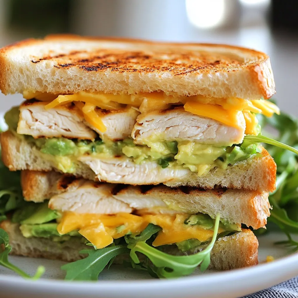 - 2 boneless, skinless chicken breasts - 1 ripe avocado, perfectly mashed - 4 slices of your favorite bread (sourdough or whole grain recommended) The main ingredients create a hearty base for the Chicken Avocado Melt Sandwich. The chicken gives protein, while the avocado adds creaminess. Choosing good bread is key, as it holds everything together. - 1 cup shredded sharp cheddar cheese - 1/4 cup creamy plain Greek yogurt - 1 tablespoon Dijon mustard These ingredients boost flavor and texture. The cheddar cheese melts beautifully, making each bite rich. Greek yogurt adds creaminess without being too heavy. Dijon mustard gives a zesty kick that pairs well with chicken and avocado. - 1 teaspoon garlic powder - Salt and freshly ground black pepper to taste - A handful of fresh arugula or spinach for garnish Seasonings elevate the taste. Garlic powder gives a warm, savory note. Salt and pepper enhance the natural flavors. Fresh arugula or spinach adds a pop of color and a crisp texture, making the sandwich look and taste great. {{ingredient_image_2}} - Start by seasoning the chicken breasts. Use olive oil, garlic powder, salt, and pepper. Make sure to coat them well. - Heat a skillet on medium heat. Carefully add the seasoned chicken. Cook for about 6-7 minutes on each side. Check with a meat thermometer. The inside should reach 165°F (75°C) for safety. - Once cooked, let the chicken rest for a few minutes. This keeps it juicy. Then, slice it thinly against the grain for the best texture. - In a small mixing bowl, combine the mashed avocado with Greek yogurt and Dijon mustard. This mix adds creaminess and flavor. - Season the spread with a pinch of salt and black pepper. Adjust the seasoning to suit your taste. This spread will make your sandwich tasty and rich. - Preheat a clean skillet or griddle over medium heat. This ensures even grilling. - On one side of each slice of bread, spread a generous layer of the avocado mixture. Get it nice and thick. - Stack the sliced chicken on top of the avocado spread. Next, sprinkle the shredded cheddar cheese on the chicken. Finally, place another slice of bread on top, with the avocado side facing down. - Place your assembled sandwich into the preheated skillet. Grill for about 3-4 minutes on each side. Press down gently with a spatula. This helps achieve a crispy, golden-brown crust. - The cheese should melt beautifully. Look for a golden exterior and melted cheese as signs of doneness. - Carefully remove the sandwiches from the skillet. Let them cool for a minute before cutting. This helps keep the filling intact. - Cut each sandwich in half diagonally. This showcases the melty goodness inside. Garnish with fresh arugula or spinach. This adds color and a nice crunch to your plate. To make a great Chicken Avocado Melt, cook the chicken right. First, season the chicken breasts well. Use olive oil, garlic powder, salt, and pepper. Cook the chicken in a medium skillet. It should take 6-7 minutes on each side. Use a meat thermometer to check the internal temperature. It should reach 165°F (75°C). This step keeps the chicken juicy and safe to eat. After cooking, let the chicken rest. This helps to keep moisture locked in. Then, slice it thinly against the grain for the best texture. To make the avocado spread smooth, mash the ripe avocado well. Mix it with Greek yogurt and Dijon mustard in a bowl. This blend adds creaminess and tang. Season with salt and pepper to taste. For other spread ideas, try hummus or pesto. These can add fun flavors to your sandwich. You can also mix in spices like paprika or cumin for extra kick. For a crispy sandwich, start with the right bread. Sourdough or whole grain works well. Preheat your skillet or griddle over medium heat. Spread the avocado mixture on one side of each bread slice. Stack the chicken and cheese, then close the sandwich. Grill each side for 3-4 minutes. Press down with a spatula for a golden-brown crust. To prevent sticking, use a little olive oil in the pan. Check for melted cheese and a nice golden color before serving. Pro Tips Rest the Chicken: Allowing the chicken to rest after cooking helps retain its juices, ensuring every bite is moist and tender. Perfectly Mashed Avocado: Choose a ripe avocado for the spread; it should be slightly soft to the touch, making it easy to mash and full of flavor. Cheese Melting Tip: For the best melted cheese, cover the skillet with a lid while grilling the sandwich; this traps heat and helps the cheese melt evenly. Grilling Bread: Lightly butter or brush the bread with olive oil before grilling for an extra crispy and flavorful crust. {{image_4}} You can make this sandwich even healthier. Try using low-fat Greek yogurt instead of regular yogurt. It keeps the creaminess but cuts the fat. Whole grain bread is another great choice. It packs more fiber and nutrients. If you need gluten-free options, look for gluten-free bread. It allows everyone to enjoy this tasty sandwich. Want to kick up the taste? Add slices of fresh tomato for a juicy burst. Crispy bacon also adds a nice crunch and flavor. You can try different cheeses too. Pepper jack cheese brings some heat. Or use cream cheese for a richer taste. Spreads like pesto or hummus can also give a new twist. If you prefer a vegan option, swap the chicken for grilled veggies. Bell peppers, zucchini, or eggplant work well. Tempeh is another tasty choice, adding protein without meat. Use vegan cheese to keep it dairy-free. You can also try avocado or hummus as spreads. They add creaminess and flavor without animal products. To keep your leftover sandwiches fresh, wrap them well. Use plastic wrap or foil. This helps keep them from getting dry. Store them in the fridge right away. Leftover sandwiches last about 2 days in the fridge. If you want to enjoy them later, consider freezing. Freezing sandwiches is easy. Wrap each sandwich tightly in plastic wrap. Then, place them in a freezer bag. Try to remove as much air as possible. This helps prevent freezer burn. When you're ready to eat, thaw the sandwich in the fridge overnight. You can reheat it in the oven or a skillet for the best texture. Heat until the cheese melts and the bread is warm. Meal prepping can save you time. Start by cooking your chicken and preparing the avocado spread in advance. Store them in separate containers. When you're ready to eat, simply assemble your sandwich. Spread the avocado mix on bread, add chicken, and top with cheese. This way, you can enjoy a tasty meal in minutes. To make this sandwich healthier, you can swap some ingredients. Use low-fat Greek yogurt instead of regular. Choose whole grain bread over sourdough for more fiber. You can also add more veggies like tomatoes or cucumbers for extra nutrients. This way, you keep the flavor but reduce calories. Yes, you can pre-assemble it for meal prep. Cook the chicken and mash the avocado spread. Store them separately in the fridge. When ready to eat, just assemble and grill the sandwich. This saves time and keeps the bread fresh. Pair your Chicken Avocado Melt with sweet potato fries or a simple salad. Both add color and nutrition to your meal. You could also serve it with a cup of soup for a cozy touch. These sides balance the sandwich well. You can change the flavor of the avocado spread easily. Try adding lime juice for a zesty kick. You could also mix in hot sauce for some heat. Fresh herbs like cilantro or basil can add a nice twist too. Absolutely! To air fry, preheat your air fryer to 350°F (175°C). Assemble the sandwich as usual. Place it in the air fryer basket and cook for about 8-10 minutes. Flip it halfway through to ensure both sides get crispy. Enjoy the melted cheese and crunchy bread! Making a Chicken Avocado Melt Sandwich is straightforward and fun. We discussed the key ingredients, like chicken, avocado, and cheese, and covered each step from cooking to grilling. I shared tips on perfecting the texture and flavors. In the end, this sandwich offers plenty of ways to customize it. You can swap ingredients or make it healthier. Enjoy this tasty meal, and don’t hesitate to experiment with different flavors!