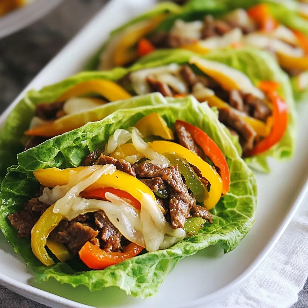 - 1 bell pepper, sliced (any vibrant color for visual appeal) - 1 medium-sized onion, thinly sliced - 1 lb (450g) thinly sliced beef (sirloin or ribeye work beautifully) - 4 oz (115g) cream cheese, softened to room temperature - 1 cup shredded provolone cheese - 2 tablespoons olive oil - 1 teaspoon garlic powder - Salt and pepper to taste - 4 large lettuce leaves (opt for romaine or iceberg for sturdy wraps) These ingredients come together to create a delicious dish. The bell pepper adds color and crunch. The onion brings sweetness. Thinly sliced beef gives it heartiness. Cream cheese makes it creamy, while provolone cheese provides that melty goodness. Olive oil helps cook the veggies, and garlic powder adds flavor. Salt and pepper round it all out. Finally, large lettuce leaves act as the perfect wrap. They keep everything together and add a fresh bite. {{ingredient_image_2}} To start, heat 2 tablespoons of olive oil in a large skillet over medium heat. Once the oil is hot, add 1 medium-sized onion, thinly sliced, and 1 bell pepper, sliced. Cook these for about 5-7 minutes. Stir them often until they soften and become slightly caramelized. Season with salt, pepper, and 1 teaspoon of garlic powder for extra flavor. Next, push the cooked vegetables to one side of the skillet. This creates space for the beef. Add 1 pound of thinly sliced beef to the clear area. Cook the beef for about 3-5 minutes until it turns brown. Stir the beef into the vegetables. Make sure everything is mixed well, then remove the skillet from heat. While the beef and veggies are warm, add 4 ounces of softened cream cheese. Stir until the cream cheese melts and combines with the beef and vegetable mix. This will create a creamy filling that is rich and flavorful. On a clean surface, lay out a large lettuce leaf flat. Spoon 1-2 servings of the beef and vegetable mixture onto the center of the leaf. Top it with a generous amount of shredded provolone cheese. This will give you that delicious, melty layer. Gently wrap the lettuce leaf around the filling. Tuck in the sides as you go to secure everything inside. If you like, use a toothpick to hold the roll-up together. Repeat this with the remaining leaves and filling. To serve, enjoy these fresh roll-ups right away for a crisp bite. For warmth, place the roll-ups in a grill pan for 1-2 minutes to melt the cheese. - Ideal cooking time and temperature: Heat your olive oil over medium heat. Once hot, add the onions and bell peppers. Sauté for about 5-7 minutes. This time lets the veggies soften and caramelize well. - Achieving maximum flavor: Season with salt, pepper, and garlic powder. These spices boost the taste and make your dish shine. - Options for additional vegetables: You can add mushrooms, zucchini, or spinach. Each brings a new taste and texture. - Alternative cheeses to use: Instead of provolone, try cheddar or mozzarella. These cheeses melt nicely and add great flavor. - Dipping sauces or sides to pair: Serve with a tangy sauce like ranch or spicy mayo. Avocado slices also work well as a fresh side. They add creaminess and richness to your meal. Pro Tips Choose the Right Beef: Opt for well-marbled cuts like ribeye for a juicier, more flavorful filling. Sirloin is a leaner option but still works well. Add Extra Flavor: Consider mixing in Worcestershire sauce or hot sauce to the beef while cooking for an additional punch of flavor. Experiment with Cheeses: While provolone is traditional, feel free to substitute with mozzarella or gouda for a unique twist. Make Ahead: Prepare the beef and vegetable mixture in advance and store it in the fridge. Assemble the roll-ups just before serving for optimal freshness. {{image_4}} You can spice up your Keto Philly Cheesesteak Roll-Ups with a few easy tweaks. For a spicy version, add sliced jalapeños to the beef and veggie mix. This gives a nice kick without overdoing it. If you want a fresh twist, try using herb-infused cream cheese. Just mix in some fresh herbs like chives or parsley. This adds a bright taste that complements the beef well. If you prefer a meat-free version, mushrooms are a great substitute for beef. Use portobello or shiitake mushrooms for a rich flavor. You can also explore other protein sources like tofu or tempeh. These options keep the dish hearty while fitting into a vegetarian diet. Wraps can change the whole feel of your meal. Instead of large lettuce leaves, try using smaller leaves like butter lettuce for bite-sized rolls. You can also use low-carb tortillas if you want a different texture. They hold the filling well and add a new layer to the roll-up experience. To keep your Keto Philly Cheesesteak Roll-Ups fresh, store them in the fridge. Use an airtight container to prevent moisture loss. They will stay good for about three days. Make sure to separate the roll-ups with parchment paper to avoid sticking. This way, they stay crisp and tasty. When you're ready to enjoy leftovers, reheat them carefully. Use a skillet over low heat. This helps keep the lettuce crisp. Heat for about 2-3 minutes on each side. You can also use the microwave. Just warm them for 30 seconds. Check every 10 seconds to avoid sogginess. You can freeze some parts of the roll-ups. The filling (beef, veggies, and cream cheese) freezes well. Place it in a freezer-safe bag. Squeeze out as much air as possible. Label it with the date. Keep it frozen for up to three months. When you're ready, thaw it overnight in the fridge before assembling your roll-ups. Lettuce does not freeze well, so it’s best to use fresh when serving. Keto Philadelphia Cheesesteak Roll-Ups are a fun twist on the classic dish. They use lettuce instead of bread. This makes them perfect for a keto diet, which limits carbs. The main filling is a mix of beef, peppers, and onions. Adding cream cheese and provolone cheese gives it a creamy texture and rich flavor. Yes, you can prep these roll-ups ahead of time. Cook the beef and veggies and mix in the cream cheese. Store this filling in the fridge. When ready to eat, just wrap it in lettuce and add cheese. This saves time and keeps your meal fresh. If you need a cream cheese substitute, try these options: - Greek yogurt: It’s thick and creamy. - Sour cream: Adds a tangy flavor. - Mascarpone: It’s rich and smooth. - Dairy-free cream cheese: Great for vegan diets. To boost the flavor, try these ideas: - Add more spices: Try paprika or cayenne for heat. - Mix in fresh herbs: Chopped parsley or basil adds freshness. - Top with spicy mustard or hot sauce: A little kick can elevate the dish. - Incorporate mushrooms: They add umami and depth to the filling. You have now learned about making Keto Philadelphia Cheesesteak Roll-Ups. We covered the key ingredients, from colorful bell peppers to creamy cheese. Then we walked step-by-step through sautéing veggies and cooking beef. We also discussed tips for flavor, variations, and storage. Now, you can enjoy a tasty, low-carb meal. Experiment with new flavors and make this dish your own. Enjoy every bite and share your creations with friends!