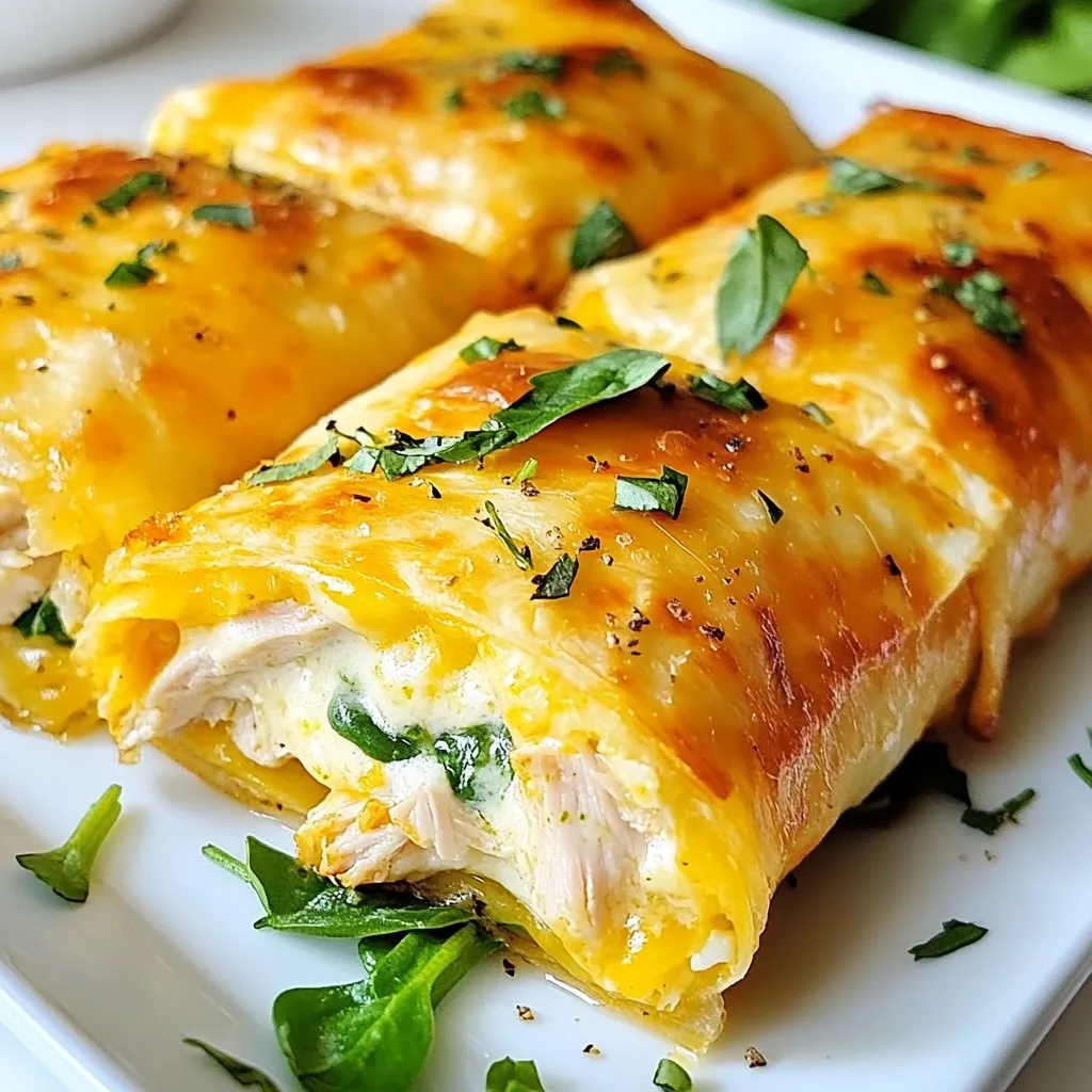 - 2 cups cooked chicken, shredded - 1 cup shredded mozzarella cheese - 1/2 cup cream cheese, softened to room temperature - 2 cloves garlic, minced - 1 teaspoon Italian seasoning - Salt and pepper, to taste - 4 large flour tortillas - 1/2 cup fresh spinach leaves, washed and dried - 1/4 cup sun-dried tomatoes, chopped (optional, for added flavor and color) To make cheesy garlic chicken wraps, you need some tasty ingredients. The main star is shredded chicken. You can use any cooked chicken you have. Next, you'll need mozzarella cheese. It melts well and adds a creamy touch. Cream cheese makes the filling rich and smooth. For flavor, we add minced garlic, Italian seasoning, and a pinch of salt and pepper. Garlic gives it a nice kick, while Italian seasoning adds depth. The wraps need flour tortillas. They hold everything together. Fresh spinach leaves add a pop of color and crunch. If you like, sun-dried tomatoes can give extra flavor. They add a sweet and tangy taste to your wraps. Gather these ingredients, and you are ready to create a delicious meal! {{ingredient_image_2}} In a large bowl, combine the shredded chicken, mozzarella cheese, and softened cream cheese. Add minced garlic and Italian seasoning. Sprinkle in a pinch of salt and pepper. Mix everything with a spatula or fork until it becomes creamy and well-blended. Take one flour tortilla and lay it flat on a clean surface. Spoon one-quarter of the cheesy chicken mixture into the center. Leave about an inch of space around the edges. Top the filling with fresh spinach leaves. If you want, add sun-dried tomatoes on top for more flavor. Now, fold the sides of the tortilla inward. Start rolling from the bottom to the top. Tightly roll it up, making sure the filling stays inside. Preheat your skillet over medium heat. Once hot, lightly spray with cooking spray or drizzle olive oil to coat. Place the filled wraps seam-side down in the skillet. Cook for about 3–4 minutes until the bottom is golden brown. Carefully flip the wraps and cook the other side for another 3–4 minutes. You want both sides crispy and golden. After that, remove the wraps from the skillet and let them rest for a minute. Then, slice them in half to show off the cheesy filling inside. Enjoy! To get the best taste, evenly spread the chicken filling. This way, every bite is filled with flavor. Use a spatula to scoop and place the filling in the center of each tortilla. Leave about an inch from the edge. This space helps with rolling. For crispy wraps, preheat your skillet before adding the wraps. A hot pan gives you that golden crust. Lightly grease the pan with cooking spray or olive oil. Cook for 3–4 minutes on each side. Flip gently to avoid spilling the filling. Pair these wraps with sides like a fresh salad or crispy fries. A simple green salad adds crunch and freshness. You can also serve them with marinara sauce or garlic dip for extra flavor. To make the wraps look great, slice them in half. Arrange them on a wooden board. Add a sprinkle of herbs on top for color. This makes the dish more inviting and fun to eat. You can change the ingredients based on your taste. Swap the shredded chicken for turkey or tofu for a vegetarian option. For a different cheese flavor, try cheddar or pepper jack. If you like it spicy, add chopped jalapeños or a dash of hot sauce to the filling. Adjust the flavors to match what you enjoy most. This flexibility makes the wraps a perfect meal for everyone. Pro Tips Tip Title: Use Leftover Chicken: This recipe is perfect for utilizing leftover rotisserie chicken, saving time and enhancing flavor. Tip Title: Customize Your Fillings: Feel free to add other ingredients like bell peppers, onions, or different cheeses to suit your taste preferences. Tip Title: Keep Tortillas Warm: To prevent tortillas from cracking, warm them slightly in the microwave before filling. Tip Title: Serve with Dips: Enhance the dish by serving it with marinara sauce, ranch, or a spicy aioli for an added flavor boost. {{image_4}} If you want to make your cheesy garlic chicken wraps healthier, try these ideas: - Whole wheat tortillas: These add more fiber and nutrients. They also give a nice, nutty flavor. - Low-fat cheese alternatives: Use part-skim mozzarella or a low-fat cream cheese. This cuts down on calories while keeping flavor. You can change the taste of your wraps by adding new flavors: - Adding herbs like cilantro or basil: These herbs bring freshness and a burst of flavor. Just chop them up and mix them in. - Exploring different cheeses such as feta: Feta can add a tangy taste. Try mixing it with mozzarella for a unique twist. For those who need gluten-free options, here’s how to adapt: - Substituting with gluten-free tortillas: Look for gluten-free wraps at your store. They work great for this recipe. - Alternative fillings for dietary restrictions: You can use grilled veggies or beans instead of chicken. This keeps it tasty and filling. To store your cheesy garlic chicken wraps, place them in an airtight container. Make sure they cool down first. You can keep them in the fridge for about 3 to 4 days. If you want to keep them longer, freezing is a great option. When you reheat wraps, you want them to stay crispy. The best way is to use a skillet. Heat the skillet on medium and add a bit of oil. Place the wraps in the skillet and heat for about 3 minutes on each side. This method keeps them crispy. If you're in a hurry, you can use a microwave. Just remember, it may make the wraps a bit soggy. To freeze your wraps, first, let them cool completely. Then, wrap each one tightly in plastic wrap. Place the wrapped wraps in a freezer bag. They can last for about 2 months in the freezer. When you’re ready to eat, take them out and let them thaw in the fridge overnight. After thawing, reheat them in a skillet to enjoy that crispy texture again. No, you should not use raw chicken. Using cooked chicken keeps you safe from foodborne illness. If you want to use raw chicken, you must cook it first. You can boil, bake, or grill the chicken until it is fully cooked. After cooking, shred it and then mix it with the other ingredients for the wraps. This process ensures that your chicken is safe to eat. You can add heat in a few easy ways. Try mixing in chopped jalapeños or red pepper flakes into the filling. You can also use spicy cheese instead of mozzarella. Another option is to serve the wraps with hot sauce or a spicy dip. Each of these ideas will give your wraps a nice kick! If you want to swap out cream cheese, you have options. Greek yogurt works well for a tangy flavor. You can also use ricotta cheese for a creamier texture. If you prefer a dairy-free option, try cashew cream or silken tofu. These substitutes will give your wraps a nice creaminess without losing taste. You can create delicious cheesy garlic chicken wraps with just a few key ingredients. Start with shredded chicken, mozzarella, and cream cheese. Mix these with garlic, Italian seasoning, and optional sun-dried tomatoes. Assemble your wraps in tortillas and cook them for a perfect golden finish. Remember, you can customize flavors and even make healthier or gluten-free versions. Enjoy these wraps warm and share them with friends. With these tips, you'll impress everyone with your tasty meals. Now, gather your ingredients and get started!