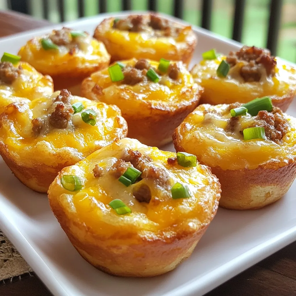 To make tasty sausage pancake muffins, you need the following ingredients: - 1 cup all-purpose flour - 2 tablespoons granulated sugar - 2 teaspoons baking powder - 1/2 teaspoon baking soda - 1/4 teaspoon salt - 1 cup buttermilk (room temperature) - 1 large egg (room temperature) - 2 tablespoons unsalted butter, melted - 1 cup cooked breakfast sausage, crumbled - 1/2 cup sharp cheddar cheese, shredded - 1/4 cup green onions, finely chopped - Cooking spray or muffin liners These ingredients blend together to create a deliciously savory muffin. The buttermilk gives a rich flavor and soft texture. The breakfast sausage adds a hearty bite, while the cheddar and green onions bring in sharpness and freshness. Remember to use room temperature ingredients. This helps everything mix well for a perfect batter. Get ready to enjoy a fun twist on breakfast! {{ingredient_image_2}} 1. Preheat your oven to 350°F (175°C). Prepare a muffin tin by greasing it with cooking spray or using muffin liners. This will help the muffins not stick. 2. In a large mixing bowl, combine 1 cup of all-purpose flour, 2 tablespoons of granulated sugar, 2 teaspoons of baking powder, 1/2 teaspoon of baking soda, and 1/4 teaspoon of salt. Whisk these dry ingredients together until they blend well. 3. In another bowl, mix together 1 cup of buttermilk, 1 large room-temperature egg, and 2 tablespoons of melted unsalted butter. Whisk until smooth and creamy. 4. Gradually pour the wet mixture into the dry ingredients. Stir gently with a spatula or wooden spoon. Mix just until combined; it's okay if the batter is a bit lumpy. 5. Carefully fold in 1 cup of crumbled breakfast sausage, 1/2 cup of shredded sharp cheddar cheese, and 1/4 cup of finely chopped green onions. This mix will add great flavor and texture. 6. Using a spoon or ice cream scoop, fill each muffin cup about two-thirds full with the batter. This allows the muffins to rise nicely. 7. Bake in your preheated oven for 18-20 minutes. The muffins will turn golden brown. To check if they are ready, insert a toothpick in the center. If it comes out clean, they are done. 8. Once baked, let the muffins cool in the tin for around 5 minutes. Then, move them to a wire rack to cool completely. Enjoy these tasty sausage pancake muffins warm, or serve them with syrup or sour cream for extra flavor! - Achieving the right batter consistency: Mix the dry and wet ingredients until just combined. A few lumps in the batter are okay. This keeps the muffins light and fluffy. - Keeping muffins moist: Use buttermilk instead of regular milk. It adds moisture and richness. Also, don't overmix your batter. Overmixing can lead to dense muffins. - Ensuring even baking: Fill each muffin cup about two-thirds full. This helps them rise evenly. Rotate your muffin tin halfway through baking to ensure all muffins bake at the same rate. - Serving warm with syrup or sour cream: These muffins taste great on their own, but you can elevate them. Drizzle some warm maple syrup on top for a sweet touch. For a savory twist, try a dollop of sour cream. - Creative plating ideas: Stack two or three muffins on a plate. Add some fresh fruit on the side. This makes for a colorful and inviting breakfast spread. You can also sprinkle some chopped green onions on top for a pop of color. Pro Tips Use Room Temperature Ingredients: Ensure your buttermilk and egg are at room temperature before mixing; this helps the batter combine more seamlessly and results in a lighter muffin. Don't Overmix: Mix the batter just until combined to prevent tough muffins. A few lumps are okay as they will bake out. Customize Your Add-Ins: Feel free to experiment with other mix-ins like diced bell peppers, jalapeños, or different types of cheese for a unique flavor twist. Check for Doneness: Insert a toothpick in the center of a muffin to check for doneness. It should come out clean or with a few moist crumbs, but not wet batter. {{image_4}} You can make sausage pancake muffins even more exciting. Here are some ideas: - Adding Vegetables: Toss in diced bell peppers or fresh spinach. They add color and nutrients. - Exploring Cheese Options: Try using pepper jack or mozzarella instead of cheddar. This change adds a new taste. - Using Different Types of Sausage: Swap pork sausage for turkey or chicken sausage. Each type brings its own flavor twist. I know some folks have special diets. Here are smart swaps: - Gluten-Free Alternatives: Use gluten-free flour in place of all-purpose flour. This lets everyone enjoy these muffins. - Low-Fat Substitutions: Choose low-fat buttermilk and reduced-fat cheese. You still get great taste with fewer calories. To keep your sausage pancake muffins fresh, store them in an airtight container. This helps to trap moisture and keep them soft. You can keep them at room temperature for about two days. If you want to save them longer, freezing is a great option. To freeze, let the muffins cool completely. Then, wrap each muffin tightly in plastic wrap. Place the wrapped muffins in a freezer bag or a container. This way, they can last up to three months. When you're ready to enjoy them, just thaw at room temperature. Reheating muffins is easy and keeps them tasty. To heat, place the muffin in a microwave for about 15-20 seconds. This will warm them without making them tough. If you want a crispy outside, warm them in the oven. Set your oven to 350°F (175°C). Heat for about 5-10 minutes. This will revive their soft texture and bring back the great flavor. Can I use pre-cooked sausage? Yes, you can use pre-cooked sausage. Just crumble it into the batter. This saves time and still gives great flavor. How do I know when the muffins are done? Check the muffins around 18 minutes. They should be golden brown. Insert a toothpick in the center; it should come out clean if they are ready. Can I make the batter ahead of time? You can prepare the batter ahead. Just store it in the fridge for up to 24 hours. Stir it gently before using to mix any settled ingredients. What are some dipping sauces for these muffins? These muffins taste great with maple syrup or sour cream. You can also try hot sauce or a sweet chili sauce for extra kick! You learned how to make delicious sausage pancake muffins. We covered the key ingredients, step-by-step instructions, and tips for the perfect bake. You can explore fun flavor twists and smart storage techniques too. Remember, tailoring this recipe to your taste makes it truly yours. Enjoy sharing these muffins warm with family and friends! Cooking should always be fun and rewarding. Dive in and enjoy every bite!