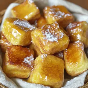 To make Cinnamon Roll French Toast Bites, gather these key items: - 1 can of refrigerated cinnamon roll dough - 2 large eggs - 1/4 cup whole milk - 1 teaspoon pure vanilla extract - 1 teaspoon ground cinnamon - 1 tablespoon granulated sugar - 2 tablespoons unsalted butter - Maple syrup, for drizzling - Powdered sugar, for dusting These ingredients create a sweet and comforting treat. The cinnamon roll dough gives it a soft texture, while the egg mixture adds richness and flavor. You can enhance your bites with some fun toppings: - Fresh berries, like strawberries or blueberries - Chopped nuts, such as pecans or walnuts - Whipped cream for a creamy touch - A sprinkle of extra cinnamon for added flavor Feel free to mix and match these toppings to create your perfect bite. If you need to swap ingredients, here are some ideas: - Use almond or oat milk instead of whole milk for a dairy-free option. - Try using a milk substitute, like a flax egg, for a vegan twist. - For a gluten-free option, look for gluten-free cinnamon roll dough. These swaps can help you enjoy the recipe while meeting your dietary needs. Always feel free to get creative! First, preheat your oven to 375°F (190°C). This step makes sure your bites cook evenly and become golden. Next, line a baking sheet with parchment paper. This helps with cleanup and keeps the bites from sticking. Open the can of cinnamon rolls carefully. You want to keep all the pieces intact. Use a sharp knife to cut each roll into quarters. This gives you bite-sized pieces that are perfect for this recipe. Make sure to cut them evenly so they bake at the same time. In a medium bowl, combine the eggs, whole milk, vanilla extract, ground cinnamon, and sugar. Whisk these ingredients together until the mixture is smooth. This mix will give your bites a rich flavor and help them form a nice crust as they bake. Make sure everything is mixed well to get the best taste in every bite. To get the best texture for your cinnamon roll bites, follow a few key steps. First, ensure your oven is fully preheated to 375°F (190°C). This helps the bites puff up nicely. Also, when you cut the dough into quarters, try to keep them even in size. This helps them cook uniformly. Bake them until they are golden brown and puffed, about 12-15 minutes. To avoid soggy bites, be careful when dipping them in the egg mixture. Coat them well, but do not let them soak. A quick dip will keep them moist inside without becoming too wet. Make sure to space them out on the baking sheet. This allows hot air to circulate and keeps them crispy on the outside. Drizzle warm maple syrup over the bites right after baking. This adds sweetness and flavor. You can also sprinkle powdered sugar on top for a beautiful finish. For an extra twist, add a dash of cinnamon on top. Serve the bites in a colorful basket lined with a napkin. Adding fresh fruit like berries can also brighten up the dish and enhance the taste. {{image_4}} You can make your Cinnamon Roll French Toast Bites even better by adding mix-ins. Try chopped apples or bananas for a fruity twist. You can also add nuts like pecans or walnuts for crunch. These add-ins give your bites a new taste. Just remember to cut fruit into small pieces. This helps them blend well with the dough. Toppings can really change how these bites taste. Besides maple syrup, you can use chocolate sauce or caramel. A sprinkle of cinnamon sugar adds a nice touch, too. For a fresh flavor, try adding berries on top. You can even use whipped cream for a fun treat. Each topping gives you a new way to enjoy these bites. Want to try something different? You can turn these bites into a savory dish. Instead of sweet toppings, use cheese and herbs. Adding crumbled bacon or cooked sausage gives a nice flavor. You can mix in some spinach or tomatoes for extra taste. Just follow the same steps but skip the sugar and syrup. This way, you can enjoy a unique twist on a classic dish. Once you finish your delicious cinnamon roll French toast bites, you might have some left. To keep them fresh, let them cool completely. Place them in an airtight container. This helps keep moisture in while also keeping other smells out. Store the container in the fridge. They will last for about three days. If you want to enjoy them later, freezing is a great option. When you want to enjoy your leftovers, reheating is key. First, take them out of the fridge. Preheat your oven to 350°F (175°C). Place the bites on a baking sheet. Heat them for around 10 minutes. This will make them warm and slightly crispy again. You can also use a microwave. Just place a few on a plate and heat for 20-30 seconds. Be careful not to overheat, or they may get tough. Freezing these bites is simple and smart. After they cool, place them in a single layer on a baking sheet. Put the baking sheet in the freezer for about one hour. This helps freeze them without sticking together. Once frozen, transfer the bites to a freezer-safe bag. Remove as much air as you can before sealing. They can stay in the freezer for up to two months. When you’re ready to eat, just follow the reheating steps above. Enjoy! Yes, you can use homemade cinnamon rolls. They add a fresh taste. Make sure your rolls are baked first, then cut them into quarters. This way, they hold up well during baking. Homemade rolls may need a little more time to bake. Keep an eye on them and adjust as needed. If you need an egg substitute, try using mashed banana, yogurt, or flaxseed meal. For flaxseed, mix one tablespoon with three tablespoons of water. Let it sit for five minutes until it thickens. This works well in many recipes. These substitutes keep the bites moist and tasty. To make these bites healthier, consider these tips: - Use whole grain or gluten-free cinnamon roll dough. - Substitute almond milk or oat milk for whole milk. - Reduce the amount of sugar in the egg mixture. - Add fresh fruit like berries for extra nutrients. These changes can give you a lighter, more wholesome treat while keeping the fun flavors intact. In this blog post, we covered the key ingredients for cinnamon roll bites, including main ingredients and optional additions. I shared step-by-step instructions to help you bake perfectly. You learned tips for getting the right texture and keeping them fresh. We also explored variations and how to store leftovers effectively. Cinnamon roll bites are easy to make and fun to share. Experiment with flavors and toppings for a tasty twist. Enjoy your baking!